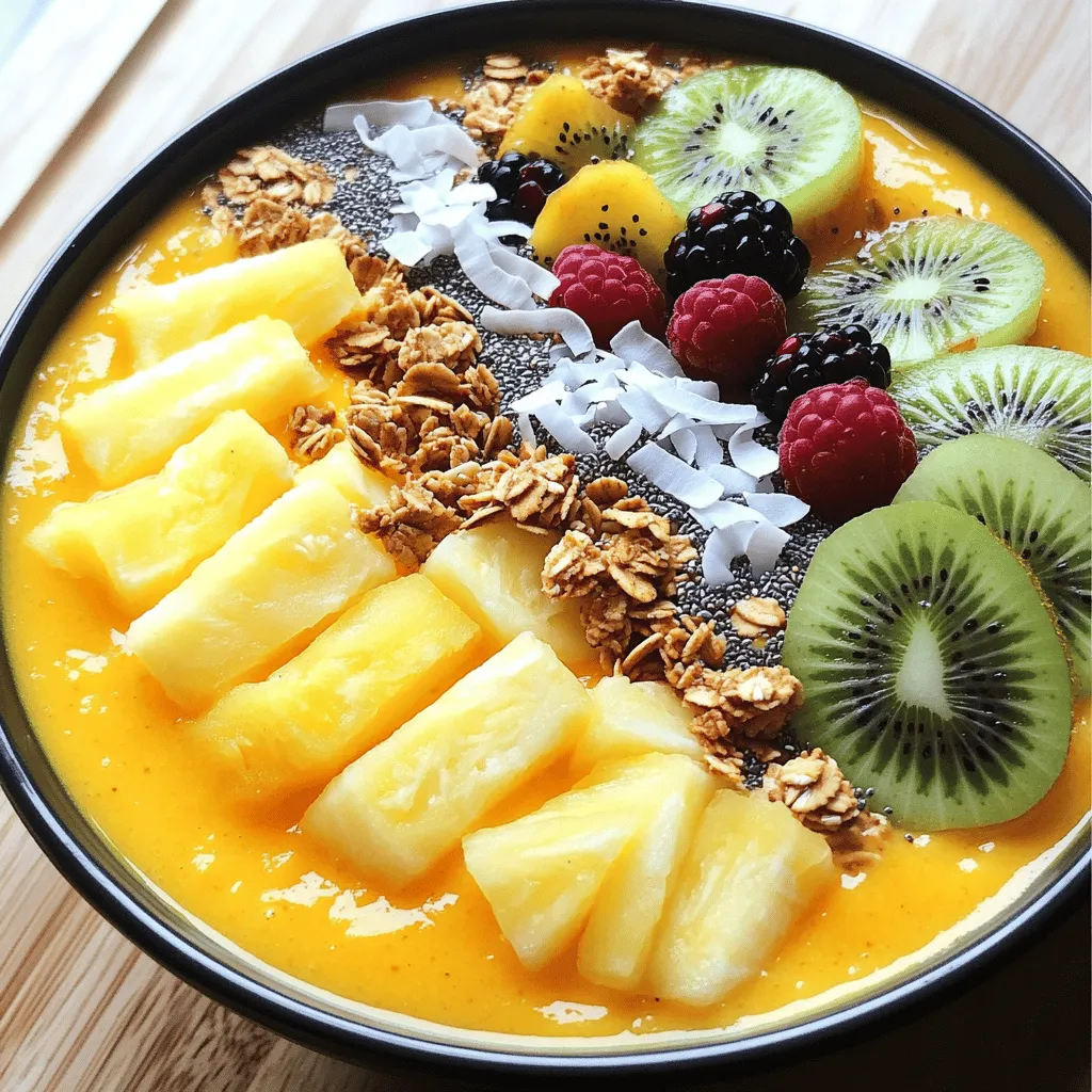To make a tasty tropical pineapple smoothie bowl, you need some key ingredients. Here’s what you’ll need: - 1 ripe banana, frozen - 1 cup fresh pineapple chunks - 1/2 cup coconut milk (or any milk of choice) - 1/2 cup Greek yogurt (or a non-dairy alternative) - 1 tablespoon honey or maple syrup (optional) - 1/4 teaspoon vanilla extract These ingredients work together to create a creamy and refreshing base that bursts with tropical flavor. You can add extra flavors to your smoothie bowl for a fun twist. Here are some great options: - Spinach or kale for added greens - A scoop of protein powder for extra energy - A pinch of cinnamon for warmth - A splash of orange juice for more citrus flavor Feel free to mix and match based on what you have on hand. Toppings can elevate your smoothie bowl and make it look pretty. Here are my favorites: - 1/4 cup granola for crunch - 2 tablespoons shredded coconut for a tropical touch - Fresh fruit slices like kiwi or berries for color - Chia seeds or hemp seeds for a nutritious boost These toppings add texture, taste, and visual appeal to your smoothie bowl. For the full recipe, check out the earlier section. Enjoy crafting your perfect bowl! To start, gather all your ingredients. You need a ripe banana, fresh pineapple chunks, and coconut milk. You also want Greek yogurt for creaminess. If you like, add honey or maple syrup for sweetness. Next, peel the banana and break it into pieces. Add it to your blender. Then, toss in the fresh pineapple. Pour in the coconut milk and Greek yogurt. If you want a sweeter taste, add honey or maple syrup now. Lastly, drop in the vanilla extract for extra flavor. Blend everything on high speed. Watch as the colors blend into a bright yellow mix. If the smoothie is too thick, add more coconut milk. Blend again until you reach your desired thickness. If you see chunks, stop and scrape down the sides with a spatula. Blend once more until it is smooth and creamy. Pour the smoothie into a bowl. Make sure to fill it nicely to the top. Now comes the fun part: topping it! Sprinkle granola on top for crunch. Add shredded coconut for a tropical feel. Then, layer fresh fruit slices like kiwi and berries. For a final touch, sprinkle chia seeds or hemp seeds. This adds a nice look and boosts nutrition. Enjoy your beautiful Tropical Pineapple Smoothie Bowl! For the full recipe, check the section above. To get a smooth, creamy texture, use frozen banana. It adds thickness and chill. Combine it with fresh pineapple for a tropical zing. Start with less liquid, then add more coconut milk if it’s too thick. Blend until everything is silky. Don't rush; blending longer gives a better texture. You can change the taste by adding different fruits. Try mango or strawberries for a twist. You could also mix in spinach for a green boost. If you like spice, add a pinch of ginger or a squeeze of lime. These small changes can make your smoothie bowl exciting. To make your smoothie bowl even healthier, add spinach or kale for more vitamins. Flaxseeds or chia seeds add fiber and omega-3s. Swap Greek yogurt for a plant-based yogurt if you want a vegan option. These additions help you enjoy a tasty meal while boosting nutrition. Check out the Full Recipe for more ideas. {{image_2}} You can mix many fruits in your smoothie bowl. Try mango, papaya, or passion fruit. These fruits add sweetness and flavor. You can blend them with your pineapple for a fun twist. If you want something different, add a handful of spinach. It gives a nice green color without changing the taste. To make your smoothie bowl dairy-free, use coconut yogurt instead of Greek yogurt. Almond milk or oat milk works well too. These options keep your bowl creamy and delicious. You can also skip the yogurt if you want a lighter taste. Just add more fruit to keep it thick. Choosing the right toppings makes your smoothie bowl fun. Try granola for crunch. Fresh fruit slices like strawberries or bananas add color. Want something extra? Use nuts, seeds, or nut butter for more flavor. You can even sprinkle some cacao nibs for a chocolatey touch. Each topping gives a new taste and look to your bowl. If you have leftover smoothie, store it in a clean jar. Make sure to use a tight lid. This keeps the smoothie fresh. Place the jar in the fridge. Use it within 24 hours for the best taste. If you see any change in color or smell, it's best to toss it. You can freeze your smoothie for later. Pour it into ice cube trays or freezer-safe bags. This makes it easy to blend a quick drink later. When ready, just blend the frozen cubes with a little milk. This gives you a cool treat any time. The fresh pineapple chunks last about 3-5 days in the fridge. Bananas can stay fresh for about a week. Coconut milk usually lasts 7-10 days after opening. Greek yogurt can last up to 2 weeks. Always check the dates on packages to ensure safety. Yes, you can easily make this smoothie bowl vegan. Simply swap the Greek yogurt for a non-dairy yogurt. You can use coconut yogurt or almond yogurt. This keeps the creamy texture while making it plant-based. If you need a substitute for coconut milk, try almond milk or oat milk. Both will work well in this recipe. They have a nice flavor and can still make your smoothie bowl creamy. You can use any milk you like, just check the taste. To change the sweetness, you can add honey or maple syrup. If you want less sweetness, skip the added sweeteners. You can also use ripe fruits like bananas or pineapples to add natural sweetness. Taste your smoothie before serving to find the right balance. Yes, you can meal prep smoothie bowls! Just blend the ingredients and store them in jars. Keep the toppings separate until you are ready to eat. This way, your smoothie stays fresh and tasty. You can prepare several jars for quick breakfasts. You now have all you need to make a delicious tropical pineapple smoothie bowl. We covered key ingredients, how to prepare and blend, and tips for the best taste. Don’t forget to try different fruits and toppings for fun variations. Proper storage lets you enjoy your smoothie later. Experiment with flavors and adjust sweetness to fit your tastes. With these steps, you can create a bowl that’s both healthy and vibrant. Enjoy your smoothie journey and let your creativity shine!