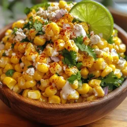 - Corn (4 ears, husked) - Cotija cheese (1/2 cup, crumbled) - Mayonnaise (1/4 cup) - Sour cream (2 tablespoons) - Chili powder (1 teaspoon) - Lime (1, juiced) - Fresh cilantro (1/4 cup, chopped) - Salt (1/4 teaspoon) - Black pepper (1/4 teaspoon) - Red onion (1/4 cup, finely diced) - Jalapeño (1, seeds removed and minced - optional for heat) In this salad, fresh corn shines. Use sweet, juicy ears for the best taste. I love grilling the corn, as it gives a nice char. This step adds a smoky flavor that pairs well with the creamy dressing. Cotija cheese is key. It adds a salty, crumbly texture. If you can’t find it, feta works too. The mayonnaise and sour cream mix makes the salad creamy and rich. Lime juice brightens the dish. The chili powder gives a mild kick that’s just right. Fresh cilantro adds color and a fresh taste. The red onion gives a nice crunch. If you want heat, add jalapeño. Just remember to remove the seeds for less spice. These ingredients blend well for a tasty, colorful salad. For the full recipe, check the details above. Enjoy this delightful dish at your next gathering! First, you need to preheat your grill or grill pan. Set it to medium-high heat. This step is key for getting those delicious char marks on the corn. Next, place the husked corn on the grill. Grill it for about 10 to 12 minutes. Turn the corn occasionally to ensure it cooks evenly. You want it to be slightly charred and tender. The grilling brings out a sweet, smoky flavor in the corn. Once the corn is cool enough to handle, cut the kernels off the cob. Use a sharp knife and a large bowl to catch all the kernels. This step is easy and fun! Now, let’s make the creamy dressing. In a small bowl, mix together the mayonnaise, sour cream, chili powder, lime juice, salt, and black pepper. Stir it well until everything is combined. This dressing adds a rich and tangy flavor to the salad. In the bowl with the corn, add the cotija cheese, chopped cilantro, diced red onion, and minced jalapeño if you like a little heat. Pour the creamy dressing over the corn mixture. Toss everything gently so it’s all coated well. Taste your salad and adjust the seasoning if needed. You may want more salt, pepper, or lime juice to suit your taste. Your Mexican street corn salad is now ready to enjoy! Serve it slightly warm or chilled. For extra flair, sprinkle some cotija cheese and cilantro on top. For the full recipe, check the details above. When picking corn, fresh is always best. Fresh corn has bright, green husks. The kernels should feel plump and firm. You can choose frozen corn if fresh is not available. Frozen corn is convenient and still tasty. To select ripe corn at the market: - Look for husks that are tightly wrapped. - Check for a sweet smell. - Press on the kernels; they should feel juicy and firm. Spice levels can change your salad's flavor. You can add jalapeño for heat. If you want it milder, use less or skip it. For other toppings or additions, consider: - Diced avocado for creaminess. - Black beans for extra protein. - Cherry tomatoes for a burst of color. You can serve this salad warm or chilled. Both ways taste great. If serving warm, enjoy it right after mixing. If serving chilled, let it sit in the fridge for a bit. For garnishing ideas, think about: - Extra cotija cheese on top. - Fresh cilantro sprinkled for color. - Lime wedges on the side for a zesty touch. For the full recipe, check out the complete guide! {{image_2}} To make the recipe vegan, you can substitute mayonnaise and sour cream. Use plant-based yogurt or cashew cream instead. These options keep the salad creamy and delicious. For cheese, cotija can be swapped out with vegan feta or nutritional yeast. This adds a nice salty flavor without dairy. Want to turn this salad into a full meal? Add grilled chicken or shrimp. Simply grill your protein choice, chop it, and mix it in. This boosts the protein and makes it more filling. You can also use canned black beans for a quick protein fix. They add fiber and work great with the corn. If you love fresh herbs, try using parsley or dill instead of cilantro. This brings a new flavor to the salad. You can also switch up the spices. Try cumin or smoked paprika for a different kick. These spices add depth and keep your taste buds happy. For the full recipe, check out the details above. To keep your Mexican street corn salad fresh, store it in the fridge. First, let it cool down to room temperature. After that, place it in an airtight container. This helps to lock in flavors and keep it safe. If you don’t have an airtight container, use plastic wrap tightly over a bowl. Your salad will last about 3 to 5 days in the fridge. Check for signs of spoilage before eating. If it smells sour or has a change in color, it’s better to throw it out. Mold is also a big red flag, so be careful! Reheating this salad can be tricky. You want to keep those fresh flavors intact. The best method is to use a microwave. Heat it for short bursts, about 15 seconds at a time. Stir in between to spread the heat. If you prefer, you can serve it cold or at room temperature. This keeps the taste delightful and fresh. For the full recipe, refer to the section above. If you don’t have cotija cheese, try feta cheese. Feta has a salty flavor and crumbly texture. Another option is queso fresco. It is milder and softer, making it a great substitute. You can also use grated Parmesan cheese for a different taste. Each of these cheeses will add a unique twist to your Mexican street corn salad. Yes, you can make this salad ahead of time. Prepare the corn and dressing, but wait to mix them until you are ready to serve. This keeps the salad fresh and crunchy. Store the corn and dressing in separate containers in the fridge. You can mix them together up to two days before serving. Just remember to taste and adjust seasoning again after mixing. Mexican street corn salad can be served warm or cold. If you prefer it warm, mix it right after grilling the corn. The heat enhances the flavors. For a chilled option, refrigerate it for at least 30 minutes. This allows the flavors to blend together nicely. Both ways are delicious, so it’s all about your personal choice! To make your salad less spicy, skip the jalapeño. You can also reduce the chili powder to suit your taste. If you still want some heat, use less than the recipe calls for. Adding a bit of extra sour cream can help mellow the spice too. It balances flavors and makes the salad creamy and delicious. This Mexican Street Corn Salad brings bold flavors and fun to any table. You learned about key ingredients like fresh corn, cotija cheese, and zesty lime juice. The step-by-step guide showed you how to prepare, mix, and customize the dish. You also discovered tips on choosing the best corn and adding your favorite proteins. Keeping the salad fresh and flavorful is easy with proper storage. Whether you serve it warm or cold, this dish will satisfy everyone. Enjoy making your own delicious version of Mexican Street Corn Salad!