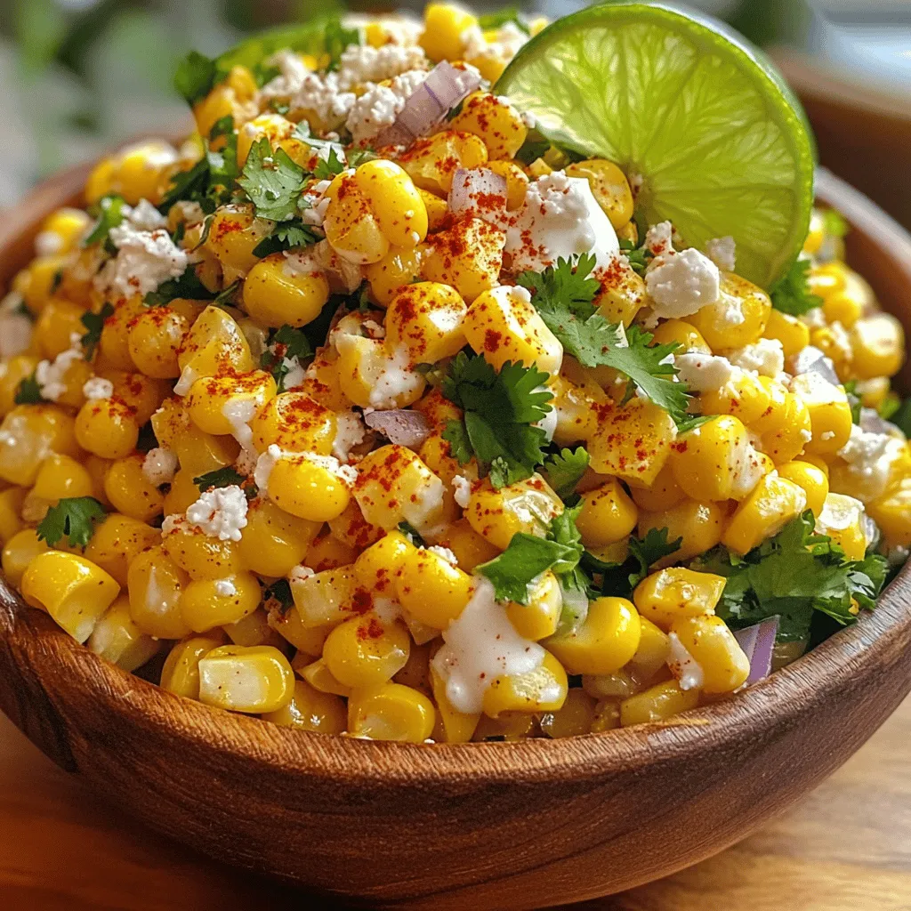 - Corn (4 ears, husked) - Cotija cheese (1/2 cup, crumbled) - Mayonnaise (1/4 cup) - Sour cream (2 tablespoons) - Chili powder (1 teaspoon) - Lime (1, juiced) - Fresh cilantro (1/4 cup, chopped) - Salt (1/4 teaspoon) - Black pepper (1/4 teaspoon) - Red onion (1/4 cup, finely diced) - Jalapeño (1, seeds removed and minced - optional for heat) In this salad, fresh corn shines. Use sweet, juicy ears for the best taste. I love grilling the corn, as it gives a nice char. This step adds a smoky flavor that pairs well with the creamy dressing. Cotija cheese is key. It adds a salty, crumbly texture. If you can’t find it, feta works too. The mayonnaise and sour cream mix makes the salad creamy and rich. Lime juice brightens the dish. The chili powder gives a mild kick that’s just right. Fresh cilantro adds color and a fresh taste. The red onion gives a nice crunch. If you want heat, add jalapeño. Just remember to remove the seeds for less spice. These ingredients blend well for a tasty, colorful salad. For the full recipe, check the details above. Enjoy this delightful dish at your next gathering! First, you need to preheat your grill or grill pan. Set it to medium-high heat. This step is key for getting those delicious char marks on the corn. Next, place the husked corn on the grill. Grill it for about 10 to 12 minutes. Turn the corn occasionally to ensure it cooks evenly. You want it to be slightly charred and tender. The grilling brings out a sweet, smoky flavor in the corn. Once the corn is cool enough to handle, cut the kernels off the cob. Use a sharp knife and a large bowl to catch all the kernels. This step is easy and fun! Now, let’s make the creamy dressing. In a small bowl, mix together the mayonnaise, sour cream, chili powder, lime juice, salt, and black pepper. Stir it well until everything is combined. This dressing adds a rich and tangy flavor to the salad. In the bowl with the corn, add the cotija cheese, chopped cilantro, diced red onion, and minced jalapeño if you like a little heat. Pour the creamy dressing over the corn mixture. Toss everything gently so it’s all coated well. Taste your salad and adjust the seasoning if needed. You may want more salt, pepper, or lime juice to suit your taste. Your Mexican street corn salad is now ready to enjoy! Serve it slightly warm or chilled. For extra flair, sprinkle some cotija cheese and cilantro on top. For the full recipe, check the details above. When picking corn, fresh is always best. Fresh corn has bright, green husks. The kernels should feel plump and firm. You can choose frozen corn if fresh is not available. Frozen corn is convenient and still tasty. To select ripe corn at the market: - Look for husks that are tightly wrapped. - Check for a sweet smell. - Press on the kernels; they should feel juicy and firm. Spice levels can change your salad's flavor. You can add jalapeño for heat. If you want it milder, use less or skip it. For other toppings or additions, consider: - Diced avocado for creaminess. - Black beans for extra protein. - Cherry tomatoes for a burst of color. You can serve this salad warm or chilled. Both ways taste great. If serving warm, enjoy it right after mixing. If serving chilled, let it sit in the fridge for a bit. For garnishing ideas, think about: - Extra cotija cheese on top. - Fresh cilantro sprinkled for color. - Lime wedges on the side for a zesty touch. For the full recipe, check out the complete guide! {{image_2}} To make the recipe vegan, you can substitute mayonnaise and sour cream. Use plant-based yogurt or cashew cream instead. These options keep the salad creamy and delicious. For cheese, cotija can be swapped out with vegan feta or nutritional yeast. This adds a nice salty flavor without dairy. Want to turn this salad into a full meal? Add grilled chicken or shrimp. Simply grill your protein choice, chop it, and mix it in. This boosts the protein and makes it more filling. You can also use canned black beans for a quick protein fix. They add fiber and work great with the corn. If you love fresh herbs, try using parsley or dill instead of cilantro. This brings a new flavor to the salad. You can also switch up the spices. Try cumin or smoked paprika for a different kick. These spices add depth and keep your taste buds happy. For the full recipe, check out the details above. To keep your Mexican street corn salad fresh, store it in the fridge. First, let it cool down to room temperature. After that, place it in an airtight container. This helps to lock in flavors and keep it safe. If you don’t have an airtight container, use plastic wrap tightly over a bowl. Your salad will last about 3 to 5 days in the fridge. Check for signs of spoilage before eating. If it smells sour or has a change in color, it’s better to throw it out. Mold is also a big red flag, so be careful! Reheating this salad can be tricky. You want to keep those fresh flavors intact. The best method is to use a microwave. Heat it for short bursts, about 15 seconds at a time. Stir in between to spread the heat. If you prefer, you can serve it cold or at room temperature. This keeps the taste delightful and fresh. For the full recipe, refer to the section above. If you don’t have cotija cheese, try feta cheese. Feta has a salty flavor and crumbly texture. Another option is queso fresco. It is milder and softer, making it a great substitute. You can also use grated Parmesan cheese for a different taste. Each of these cheeses will add a unique twist to your Mexican street corn salad. Yes, you can make this salad ahead of time. Prepare the corn and dressing, but wait to mix them until you are ready to serve. This keeps the salad fresh and crunchy. Store the corn and dressing in separate containers in the fridge. You can mix them together up to two days before serving. Just remember to taste and adjust seasoning again after mixing. Mexican street corn salad can be served warm or cold. If you prefer it warm, mix it right after grilling the corn. The heat enhances the flavors. For a chilled option, refrigerate it for at least 30 minutes. This allows the flavors to blend together nicely. Both ways are delicious, so it’s all about your personal choice! To make your salad less spicy, skip the jalapeño. You can also reduce the chili powder to suit your taste. If you still want some heat, use less than the recipe calls for. Adding a bit of extra sour cream can help mellow the spice too. It balances flavors and makes the salad creamy and delicious. This Mexican Street Corn Salad brings bold flavors and fun to any table. You learned about key ingredients like fresh corn, cotija cheese, and zesty lime juice. The step-by-step guide showed you how to prepare, mix, and customize the dish. You also discovered tips on choosing the best corn and adding your favorite proteins. Keeping the salad fresh and flavorful is easy with proper storage. Whether you serve it warm or cold, this dish will satisfy everyone. Enjoy making your own delicious version of Mexican Street Corn Salad!