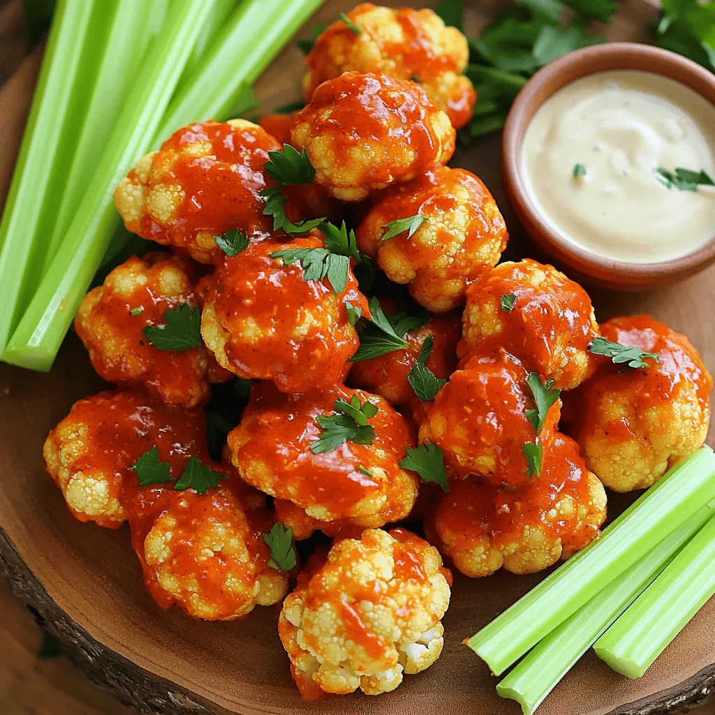 To make Vegan Buffalo Cauliflower Bites, you need a few key items: - 1 medium head of cauliflower, cut into bite-sized florets - 1 cup all-purpose flour - 1 cup unsweetened plant-based milk (like almond or oat milk) - 1 cup buffalo sauce - 2 tablespoons vegan butter, melted For flavor, add these spices: - 1 teaspoon garlic powder - 1 teaspoon onion powder - 1 teaspoon paprika - 1 teaspoon salt - 1/2 teaspoon black pepper These ingredients create the perfect balance of crunch and flavor. The cauliflower becomes tender inside and crispy outside, while the buffalo sauce gives it a spicy kick. You can adjust the recipe based on your dietary needs. Here are some ideas: - For gluten-free bites, use gluten-free flour. - To make it low-carb, substitute flour with almond flour. - If you like extra flavor, add a sprinkle of nutritional yeast. For garnishes, consider adding: - Fresh parsley, chopped - Green onions, sliced These extras can make your dish look and taste even better. For detailed steps, check the Full Recipe. 1. Preheat the oven and prepare the baking sheet First, preheat your oven to 450°F (230°C). This high heat is key for a crispy finish. While it heats, line a baking sheet with parchment paper. This helps prevent sticking and makes cleanup easier. 2. Mixing batter and coating cauliflower florets In a large bowl, combine 1 cup of all-purpose flour and 1 cup of unsweetened plant-based milk. Add 1 teaspoon of garlic powder, 1 teaspoon of onion powder, 1 teaspoon of paprika, 1 teaspoon of salt, and 1/2 teaspoon of black pepper. Whisk until smooth. Next, dip each cauliflower floret into this batter. Make sure to coat them completely. Then, place the coated florets on the prepared baking sheet in a single layer. 1. Baking the cauliflower bites to achieve crispy texture Bake the cauliflower bites in the preheated oven for 20-25 minutes. Flip them halfway through to ensure even cooking. You want them to turn golden and crispy. This step is vital for the right texture. 2. Applying buffalo sauce and a second bake While the bites bake, mix 1 cup of buffalo sauce with 2 tablespoons of melted vegan butter in a small bowl. Once the cauliflower is done, transfer the bites to a large bowl. Pour the buffalo sauce mixture over them and toss to coat. Return the coated cauliflower to the baking sheet and bake for another 10 minutes. This final bake helps the sauce stick and enhances the flavor. For the full recipe, check the instructions above for delicious vegan buffalo cauliflower bites! To create crispy buffalo cauliflower bites, focus on the batter consistency. You want it thick enough to cling but not too heavy. A good mix contains equal parts flour and milk. This balance creates a light, crispy coat. When coating the cauliflower, dip each piece fully and shake off excess batter. This helps avoid soggy bites. Arrange them in a single layer on the baking sheet. This space allows hot air to circulate, making them crispy. For the best results, preheat your oven to 450°F (230°C). This high heat helps the batter crisp up quickly. Bake the cauliflower for 20-25 minutes, flipping them halfway. This ensures even browning and crunch. Want to add extra flavor to your buffalo bites? Try adding spices like smoked paprika or cayenne pepper for a smoky kick. You can also experiment with different sauces. A splash of lemon juice or a dash of hot sauce can elevate the taste. Incorporating unique ingredients can also enhance your bites. Consider tossing in nutritional yeast for a cheesy flavor. You can even mix in some chopped herbs like cilantro or basil for freshness. These small tweaks can make your vegan buffalo cauliflower bites even more delicious. For the full recipe, check out the details included in this article. {{image_2}} You can switch up the flavor of your buffalo cauliflower bites easily. Try different spice blends like Cajun or even a smoky barbecue sauce. This gives you a fun twist to the classic buffalo taste. If you want to make it gluten-free, use almond flour instead of all-purpose flour. For low-carb options, try using crushed pork rinds or coconut flour. These alternatives keep the bites crispy while meeting your needs. These bites pair well with various dips. Vegan ranch is a popular choice, giving a cool contrast to the spicy cauliflower. You can also serve them with guacamole for a creamy touch. For side dishes, think of crispy celery sticks or a fresh salad. Both balance the heat of the buffalo sauce. For an impressive presentation, arrange the bites on a platter with the dips. This will make your dish look appealing and fun to eat. If you want to explore the full recipe, check out the [Full Recipe] for step-by-step guidance. Enjoy experimenting with these variations! To keep your Vegan Buffalo Cauliflower Bites fresh, store leftovers in an airtight container. This helps lock in moisture and flavor. Place the container in the fridge if you plan to eat them within a few days. If you want to keep them longer, you can freeze the bites. Just make sure they are completely cool before freezing. For reheating, I recommend the oven. Preheat your oven to 375°F (190°C). Place the bites on a baking sheet. Heat them for about 10-15 minutes, or until they feel hot and crispy again. This method helps maintain their crunch. Avoid microwaving, as it can make them soggy. These crispy bites can last in the fridge for about 3 to 5 days. If you freeze them, they can last up to 2 months. Just be sure to label your container with the date. This way, you know how long they’ve been stored. Enjoy these tasty treats at their best! For the full recipe, check out my complete guide. How can I make Vegan Buffalo Cauliflower Bites spicier? To add more heat, use extra buffalo sauce. You can also mix in cayenne pepper or hot sauce. If you want, try a spicier brand of buffalo sauce. Just remember, start with a little and taste as you go. This way, you can control the spice level to your liking. Can I bake instead of fry for different textures? Yes, baking is a great option! It makes the bites crispy without extra oil. Follow the baking instructions from the full recipe to get that perfect crunch. Just be sure to flip the bites halfway through baking. This helps them crisp up on all sides. Are Vegan Buffalo Cauliflower Bites healthy? Yes, they are a healthy snack! Cauliflower is low in calories and full of fiber. The batter uses plant-based milk and flour, which keeps it light. You can control the sauce's spice and heat, making it a fun and healthier choice for gatherings. How many servings are in this recipe? This recipe serves four people. It makes a great appetizer or snack for a small group. If you plan to serve more, consider doubling the recipe. Everyone loves these tasty bites! Vegan Buffalo Cauliflower Bites blend simple ingredients for a tasty twist on a classic. You can customize them with spices and sauces for different flavors. Following the steps ensures a crispy texture that enhances each bite. Store leftovers properly to enjoy them later. This recipe offers healthy options with just a few swaps. You’ve got the info to serve up these delicious bites any time. Make them your own and enjoy every crunch!