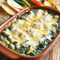To make this easy spinach artichoke dip, you need a few key items. Here’s the list: - 1 cup fresh spinach, chopped - 1 cup canned artichoke hearts, drained and chopped - 1 cup cream cheese, softened - 1/2 cup sour cream - 1/2 cup mayonnaise - 1 cup shredded mozzarella cheese - 1/4 cup grated Parmesan cheese - 1 teaspoon garlic powder - 1/2 teaspoon onion powder - Salt and pepper, to taste These ingredients create a creamy and flavorful dip that everyone will love. You can change the dip based on your taste. Here are some fun ideas: - Add chopped jalapeños for some heat. - Mix in some cooked and crumbled bacon for a smoky taste. - Use different cheeses like cheddar or feta for a twist. - Try adding herbs like dill or parsley for freshness. Feel free to get creative and make it your own! To whip up this dip, you’ll need some basic tools. Here’s what you’ll want to have: - A large mixing bowl for combining ingredients. - A baking dish for the oven. - A spatula or spoon for mixing. - An oven mitt for safe handling. Having these tools will make your cooking process smooth and fun. For the full recipe, check out the details above! First, you need to gather your ingredients. Here’s what you’ll need: - 1 cup fresh spinach, chopped - 1 cup canned artichoke hearts, drained and chopped - 1 cup cream cheese, softened - 1/2 cup sour cream - 1/2 cup mayonnaise - 1 cup shredded mozzarella cheese - 1/4 cup grated Parmesan cheese - 1 teaspoon garlic powder - 1/2 teaspoon onion powder - Salt and pepper, to taste - Tortilla chips or sliced veggies, for serving Make sure your cream cheese is soft. This helps it mix well. In a large bowl, mix the cream cheese, sour cream, and mayonnaise. Use a fork or spoon to blend until smooth. Then, add in the chopped spinach and artichokes. Mix it well so every bite has flavor. Next, sprinkle in the mozzarella, Parmesan, garlic powder, onion powder, and season with salt and pepper. Stir again until everything is combined. Now, transfer the dip into a baking dish. Spread it out evenly. Preheat your oven to 350°F (175°C) and bake the dip for 20-25 minutes. You want it hot, bubbly, and golden on top. After baking, let it cool for a bit. Serve warm with tortilla chips or fresh veggies. For an extra touch, sprinkle some Parmesan or fresh herbs on top. Enjoy your creamy spinach artichoke delight! For the full recipe, check out the section above. To make the best spinach artichoke dip, focus on freshness. Use fresh spinach when possible. This gives your dip a bright taste. Drain your artichokes well to avoid a watery mix. Mix the cream cheese until it is smooth. This helps everything blend well. Bake it until the top is golden. This adds a nice crunch. Serve it warm for the best flavor. Many people make a few common mistakes. Do not overcook the dip. It should be hot but not dry. Be careful with the salt. You can add more, but taste first. Using low-quality cheese will hurt the flavor. Stick to good brands. If you forget to drain the artichokes, your dip may be soggy. Spices can make your dip shine. Garlic powder adds a great kick. Onion powder gives depth. Try a pinch of cayenne for heat. A little lemon juice brightens the flavor. Fresh herbs like basil or parsley can also add freshness. Mix these in before baking for a tasty twist. For the full recipe, check out the link provided. {{image_2}} You can make a low-fat spinach artichoke dip. Use low-fat cream cheese and Greek yogurt. This swap keeps the creaminess while cutting calories. You can also reduce cheese amounts. Use simple seasonings to add flavor without extra fat. This way, you still enjoy a tasty dip without guilt. To make a vegan version, replace cream cheese with cashew cream or tofu. Use coconut yogurt instead of sour cream. For cheese, try nutritional yeast for a cheesy flavor. This dip stays creamy and delicious. You can add lemon juice for a zesty kick. It's a fun way to enjoy this dish while keeping it plant-based. Cheese lovers can amp up the flavor. Add extra mozzarella or a blend of cheeses. Try pepper jack for a spicy twist or gouda for smokiness. Mixing in cream cheese with feta can give a tangy taste. You can also sprinkle some cheese on top before baking for a bubbly, golden surface. These changes make each bite even more delightful. For the full recipe, check out the Creamy Spinach Artichoke Delight section. To store your leftover dip, let it cool first. Then, scoop it into an airtight container. Make sure to seal it well. This helps keep the dip fresh and tasty. You can store it in the fridge for up to three days. When you want to eat it again, just follow the reheating steps below. When you're ready to enjoy your dip again, preheat your oven to 350°F (175°C). Scoop the dip into a baking dish. Cover it with foil to keep it moist. Bake for about 15 minutes. If you want a crispy top, remove the foil for the last five minutes. You can also reheat it in the microwave. Use a microwave-safe bowl and heat in short bursts. Stir in between to ensure even warming. If you want to save your dip for later, freezing works well. Pack the cooled dip into a freezer-safe container. Leave some space at the top, as it will expand when frozen. You can freeze it for up to three months. When you're ready to eat it, thaw it in the fridge overnight. Then, reheat it as explained above. Enjoy this creamy goodness whenever you like! You can find the full recipe for this delicious dip above. Spinach artichoke dip lasts about 3 to 4 days in the fridge. Make sure to store it in an airtight container. This keeps it fresh longer. If you want to check if it’s still good, look for any odd smells or colors. Yes, you can make spinach artichoke dip ahead of time. Prepare the dip and store it in the fridge. You can bake it right before serving. This makes it a great option for parties or gatherings. Just remember to bake it until hot and bubbly before serving. You can serve spinach artichoke dip with many tasty options. Tortilla chips are a classic choice. Other good options include pita bread, sliced veggies, or crackers. Each gives a nice crunch and pairs well with the creamy dip. You can also try serving it with toasted bread for a warm touch. For a fun twist, add fresh herbs or extra cheese on top! In this post, we explored the key ingredients for spinach artichoke dip and how to make it. You learned essential tools and step-by-step guides for preparation and baking. We shared tips for perfection, common mistakes, and ways to enhance flavor. Variations let you customize it to your taste, while storage advice ensures it stays fresh. Remember, cooking is about having fun. Enjoy making this dish however you like it. You'll impress everyone with your tasty creation.