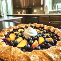 - Peaches: Use 1 cup of fresh peaches, sliced for a juicy base. - Blueberries: Add 1 cup of fresh blueberries for a burst of flavor. - Sugar and Sweeteners: Incorporate 2 tablespoons of sugar to balance the sweetness. - Pie Crust Options: Choose 1 pre-made pie crust or make your own for a fresh touch. - Egg and Milk for Wash: For a golden crust, use 1 egg and 1 tablespoon of milk. - Mixing Bowls: You need a large bowl for mixing fruit and sugar. - Baking Sheet: A flat baking sheet helps the galette bake evenly. - Parchment Paper: Line the baking sheet with parchment for easy cleanup. - Whisk and Pastry Brush: Use a whisk for the egg wash and a brush to apply it. - Accurate Measurements: Measure your fruit and sugar carefully for the best taste. - Proper Fruit Preparation: Slice peaches evenly for even cooking and texture. - Choosing the Right Pie Crust: A flaky crust works best. If you prefer homemade, roll it out thin. Using these ingredients and tools, you can create a Peach Blueberry Galette that is both simple and delicious. For the full recipe, check out the detailed instructions provided earlier. You must preheat your oven to 400°F (200°C). This step is very important. A hot oven helps the crust bake evenly. It also allows the fruit to bubble and get juicy. First, mix the fresh peaches and blueberries in a bowl. Add 2 tablespoons of sugar, 1 tablespoon of cornstarch, and a teaspoon of vanilla extract. Squeeze in 1 tablespoon of lemon juice for brightness. Toss everything gently so the fruit is well-coated. Let it sit for 15 minutes. This helps the flavors blend and the juices develop. To avoid a soggy bottom, use cornstarch. It helps absorb excess liquid from the fruit. The sugar also draws out juice, but cornstarch keeps it thick. Roll out your pie crust on parchment paper. Aim for a circle about 12 inches wide. Don't stress about making it perfect; rustic is charming! Spoon the fruit filling into the center of the crust. Leave about 2 inches of space around the edges. This space lets you fold the crust over the fruit. Next, gently fold the edges of the dough over the filling. Overlap the dough slightly to create a pleated edge. This adds texture and a beautiful look. In a small bowl, whisk together 1 egg and 1 tablespoon of milk. This mixture is your egg wash. Brush it over the crust to give it a shiny finish. Using an egg wash gives your galette a golden brown crust. It makes the crust look appetizing and crisp. Place the galette in your preheated oven. Bake it for 25 to 30 minutes. You want the crust to turn golden brown and the fruit to bubble. Check for doneness by looking at the color of the crust. It should be a nice golden shade. The fruit filling should be bubbling around the edges. Try this full recipe for a delightful peach blueberry galette. To make a great crust, avoid these common mistakes: - Not chilling the dough before rolling. - Overworking the dough, which makes it tough. - Not using enough flour on the surface. For a flakier crust, try these alternatives: - Use cold butter or shortening in your dough. - Add a bit of vinegar or lemon juice. - Substitute some flour with almond flour. Want to boost your galette’s flavor? Here are some add-ons: - Add fresh herbs like basil or mint. - Sprinkle cinnamon or nutmeg for warmth. - Mix in a splash of bourbon or rum. Balancing sweetness and tartness is key. Adjust sugar based on fruit ripeness. If your peaches are sweet, add more lemon juice. This contrast makes the dish pop. Best toppings for your galette include: - Whipped cream for a light touch. - Vanilla ice cream for creamy richness. - A drizzle of honey or maple syrup. For presentation, slice the galette into wedges. Serve warm for best flavor. A sprinkle of mint leaves adds a fresh look. You can also place it on a wooden board for a rustic feel. {{image_2}} You can mix up the fruit in your galette. Seasonal fruits often taste best. Try using fresh nectarines or ripe plums in summer. Fall brings apples and pears for a warm flavor. You can even add a splash of lemon zest for brightness. Adding other berries is a great option too. Raspberries or blackberries can add a fun twist. Just remember to balance the sweetness. If using tart berries, you may need more sugar. If you need a gluten-free galette, substitute the pie crust. Look for gluten-free pie crusts at stores. You can also make your own using almond flour. This will keep the crust tender and tasty. To maintain a good texture, chill the dough before rolling it out. This helps it hold its shape better. Don't overwork the dough either; gentle handling is key. For a vegan galette, skip the egg wash. Instead, use a mixture of almond milk and maple syrup. This will give the crust a nice shine. When it comes to sweeteners, choose agave syrup or coconut sugar. These can replace regular sugar without losing flavor. You can adjust the sweetness to your liking. For a delicious Peach Blueberry Galette, try the Full Recipe to start! To keep your galette fresh, let it cool completely. Wrap it in plastic wrap or foil. You can also use an airtight container. Store it in the fridge. It will stay fresh for up to three days. When you’re ready to eat, just reheat it in the oven. This keeps the crust crispy and tasty. If you want to save your galette for later, freezing is a great option. First, let it cool down. Wrap it well in plastic wrap, then place it in a freezer bag. This way, it won’t get freezer burn. You can freeze it for up to two months. When you want to enjoy it again, remove the galette from the freezer. Thaw it overnight in the fridge. Then, reheat it in the oven at 350°F (175°C). Heat it for about 15-20 minutes. This will make the crust nice and warm again. For the full recipe, check the Peach Blueberry Galette Delightfully Simple Recipe section. To make your galette crust crispier, you can use a few simple techniques: - Blind bake the crust: Pre-bake the crust for 10 minutes before adding the filling. - Use cold ingredients: Keep your butter and water cold to create a flaky texture. - Add a sprinkle of cornstarch: Mix a bit of cornstarch into the crust for added crispness. These methods help achieve a golden and crunchy galette. You can use frozen fruit, but there are some points to keep in mind: - Thaw and drain: Thaw the fruit and drain any excess liquid to avoid a soggy filling. - Adjust sugar: Frozen fruit can be sweeter, so taste and adjust the sugar to your liking. - Cook a bit longer: You may need to bake the galette a few extra minutes to ensure the filling is bubbly. Frozen fruit works well, but fresh offers the best texture and flavor. Serving peach blueberry galette is simple and fun: - Slice it up: Cut the galette into wedges for easy sharing. - Add toppings: Serve with whipped cream or vanilla ice cream for extra delight. - Garnish: A sprinkle of mint leaves adds a nice touch of color and flavor. These serving ideas make your galette even more appealing. Look for these signs to know your galette is done: - Golden brown crust: The edges should be a deep golden color, not pale. - Bubbly filling: The fruit juices should bubble up around the edges. - Firm texture: The crust should feel firm and crispy when you gently touch it. These cues help you bake the perfect galette every time. Yes, you can prepare the galette ahead of time: - Make the filling: Prepare your fruit mix and store it in the fridge for up to a day. - Assemble and chill: You can assemble the galette and keep it in the fridge until you're ready to bake. - Bake fresh: Bake it just before serving for the best taste and texture. This way, you save time and impress your guests with a warm dessert. For the full recipe, check the Peach Blueberry Galette Delightfully Simple Recipe. Making a peach blueberry galette involves fresh fruits, the right tools, and simple steps. We covered ingredients, preparation tips, and variations to suit your needs. Whether you want a classic taste or a gluten-free option, there's a way to make it your own. Keep these tips in mind for a tasty dessert. Now it's time to enjoy your galette, impress your friends, and have fun baking!