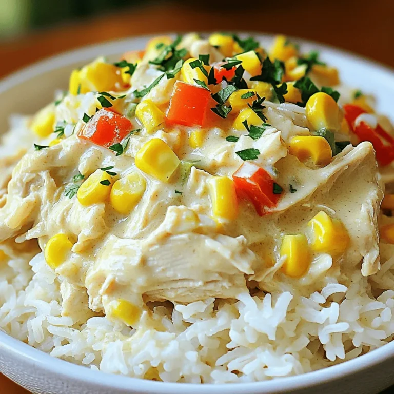 - 4 boneless, skinless chicken breasts - 1 packet (1 oz) ranch seasoning mix - 1 can (10.5 oz) cream of chicken soup - 1 cup chicken broth The main ingredients in this dish create a creamy and rich flavor. The chicken breasts serve as the base, soaking up all the ranch goodness. The ranch seasoning mix gives it that classic taste you love. Cream of chicken soup adds a silky texture, while chicken broth keeps everything moist. - 1/2 cup sour cream - 1 cup shredded cheddar cheese - 1 cup frozen corn - 1 cup diced bell peppers (any color) The additional ingredients enhance the dish further. Sour cream adds a tangy depth. Shredded cheddar cheese melts beautifully, making the sauce even richer. Frozen corn brings a sweet pop, and diced bell peppers add color and crunch. You can choose different colors of bell peppers for added visual appeal. - Salt and pepper to taste - Fresh parsley for garnish Seasoning is key for a tasty dish. Add salt and pepper to bring out the flavors. Fresh parsley adds a nice touch. It not only looks great but also gives a fresh taste. When you serve this meal, the garnish makes it look fancy and inviting. If you're excited to make this dish, check out the Full Recipe. Enjoy cooking and sharing this easy meal! - Place chicken in the crockpot. - Mix ranch seasoning, cream of chicken soup, and chicken broth. Start by taking four boneless, skinless chicken breasts and laying them at the bottom of your crockpot. This is the base of your creamy ranch meal. Next, grab a bowl and combine the ranch seasoning mix, the cream of chicken soup, and the chicken broth. Stir it well until it blends smoothly. This mixture adds a rich flavor to the chicken. - Pour mixture over chicken and add corn and bell peppers. - Cover and cook on low or high. Now, pour your tasty mixture over the chicken in the crockpot. Make sure to cover the chicken evenly. Next, add one cup of frozen corn and one cup of diced bell peppers right on top. You don’t need to stir it yet; just let it sit. Cover the crockpot with its lid. Cook on low for 6-7 hours or on high for 3-4 hours. You want the chicken to be fully cooked and tender. - Shred chicken and stir well. - Add sour cream and cheddar cheese, then season. Once the cooking time is up, take two forks and shred the chicken right in the crockpot. Mix it all together so the flavors blend. Next, add half a cup of sour cream and one cup of shredded cheddar cheese. Stir until the cheese melts and the sauce is creamy. Don’t forget to season with salt and pepper to taste. This step will really enhance the flavors of your dish. For the complete recipe, check out the Full Recipe. To ensure your chicken stays tender, cook it on low heat. Low heat for 6-7 hours works best. If you use high heat, aim for 3-4 hours. Each crockpot can differ, so check your chicken with a meat thermometer. It should reach 165°F for safe eating. If your chicken is thicker, you might need more time. Adjust based on your crockpot's power. Thin chicken cooks faster, while thicker pieces need longer. Before you serve, taste the dish to check the seasoning. You can add more salt or pepper if needed. If you want extra flavor, consider adding garlic powder or onion powder. You can also mix in some hot sauce for a kick! For serving, I recommend a bed of rice or noodles. This helps soak up the creamy sauce. Garnish with fresh parsley for a nice touch. You can also add sliced green onions or a sprinkle of paprika for color. Consider a side of steamed vegetables for a balanced meal. For the full recipe, check out the detailed instructions above. {{image_2}} You can switch chicken breasts for thighs or even turkey. Chicken thighs add more flavor and stay juicy. For a creamy base, you can use alternatives to cream of chicken soup. Try cream of mushroom soup or a homemade dairy-free version using cashews. Want to spice things up? You can add garlic powder or onion powder to the mix. These add depth to the flavor. You can also throw in other veggies like zucchini or spinach. These vegetables not only boost nutrition but also bring fun textures to the meal. If you're watching fat intake, try using low-fat sour cream. You can also use a dairy-free sour cream for a vegan option. For gluten-free folks, make sure to check the ranch seasoning and soup labels. Many brands offer gluten-free options, making this dish safe for everyone. For the full recipe, check out the link above. To store leftover Crockpot Creamy Ranch Chicken, cool it to room temperature. Use airtight containers to keep it fresh. In the fridge, it stays good for about 3 to 4 days. Always check for any signs of spoilage before eating. You can freeze leftovers to extend their life. Let the chicken cool completely before putting it in freezer-safe bags or containers. Label them with the date for easy tracking. When you want to eat it, thaw it in the fridge overnight. Reheat it in the microwave or on the stove until hot. This keeps the flavors intact and ensures a tasty meal. Meal prepping this dish is easy and fun. Make a big batch and portion it out for the week. Use small, sealed containers for single servings. This makes lunch or dinner quick and simple. When prepping, consider adding veggies to each portion for balance. Keep the servings in the fridge or freezer based on when you plan to eat them. Yes, you can use frozen chicken breasts. Just keep in mind the cooking time. If you use frozen chicken, cook on low for about 8 hours. This extra time ensures the chicken is safe to eat. You can skip the sour cream. Greek yogurt is a great substitute. It keeps the dish creamy but adds a tangy taste. You might also try cream cheese, but it will change the flavor slightly. This dish pairs well with many sides. Here are some ideas: - Rice - Noodles - Mashed potatoes - Steamed vegetables These sides add balance and make your meal more filling. Larger chicken breasts need more time to cook. If they weigh over a pound, add an extra hour. Always check the internal temperature. It should reach 165°F for safety. Adjust the time based on thickness to ensure it cooks through. This recipe for Crockpot Creamy Ranch Chicken is simple and delicious. We covered key ingredients like chicken, ranch seasoning, and cream of chicken soup. Following easy steps, you create a tasty dish. I shared tips to ensure perfect cooking, variations for different diets, and storage advice to make meals last. Remember, you can customize flavors to fit your taste. I hope you enjoy making this comforting meal for yourself and your family!