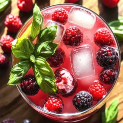 To make a tasty berry basil lemonade, you need a few key items. Here’s what you will need: - 1 cup mixed berries (strawberries, blueberries, raspberries) - 1/2 cup fresh basil leaves, packed - 1 cup freshly squeezed lemon juice (about 4-6 lemons) - 1/2 cup honey or agave syrup (adjust to taste) - 4 cups water (still or sparkling) - Ice cubes - Additional berries and basil for garnish These ingredients create a bright and flavorful drink that will keep you cool. Fresh basil gives the drink a unique twist. The tartness of lemons balances perfectly with the sweetness of berries and honey. You can tweak this recipe to suit your taste. Here are some optional ingredients you might like: - Mint leaves for a refreshing twist - Ginger for a spicy kick - A splash of soda for fizz - A pinch of salt to enhance flavors These options let you play with flavors. You can create a drink that fits your mood or the season. When making berry basil lemonade, you can use fresh or frozen berries. Fresh berries taste great and look pretty in the drink. They add a vibrant color and aroma. On the other hand, frozen berries are convenient and often just as tasty. They can also chill your drink more quickly. Both options work well, so pick what you have on hand. Using frozen berries can save time. Just blend them straight from the freezer without thawing. Fresh or frozen, you will enjoy this delightful drink! For a complete guide on making this drink, check out the Full Recipe. To start, gather your mixed berries. Use strawberries, blueberries, and raspberries to get a nice blend of flavors. Take one cup of these berries and place them in a blender. Add half a cup of water to help them blend smoothly. Pulse the blender until the mixture is smooth. Next, strain the juice through a fine mesh sieve into a bowl. This step removes the pulp and seeds. You want just the juice for your lemonade. This berry juice will be the star of your drink. Now, grab a large pitcher and add the fresh basil leaves. You need half a cup of packed basil for a strong flavor. Use a wooden spoon to muddle the basil with honey or agave syrup. This means you will press the basil leaves down to release their oils. The smell will be amazing! Muddling also helps the basil mix well with the other ingredients. Once the basil is muddled, it’s time to add the other ingredients. Pour in the freshly squeezed lemon juice. You will need about one cup, which is around four to six lemons. Then, add the berry juice you prepared earlier. Next, pour in three and a half cups of water. This will balance the flavors and make your lemonade refreshing. Stir everything well with a spoon. Taste it to see if you want to adjust the sweetness. After mixing, cover the pitcher and place it in the fridge. Let it chill for at least 30 minutes. This time allows the flavors to meld together perfectly. When you’re ready to serve, fill glasses with ice cubes. Pour the chilled berry basil lemonade over the ice. For a pretty touch, garnish your drink with extra berries and basil leaves. Enjoy your refreshing summer drink delight! For the complete Berry Basil Lemonade recipe, check the Full Recipe section. When you make Berry Basil Lemonade, the sweetness matters. Start with 1/2 cup of honey or agave syrup. Taste the mix after adding it. If it feels too tart, add more sweetener slowly. Stir well after each addition. Honey and agave can taste different, so trust your taste buds. Some people like it sweeter, while others prefer a tangy kick. The berries you pick change the drink's flavor. I love using a mix of strawberries, blueberries, and raspberries. Strawberries add a sweet base, blueberries bring depth, and raspberries add tartness. Fresh berries are best. If you can’t find fresh, frozen berries work too. Just thaw them before blending. For the best flavor, muddle the basil well. This helps release its oils, which make the drink pop. Combine berries and basil in the pitcher with lemon juice. Chill it in the fridge for at least 30 minutes. This time lets the flavors blend. Serve over ice with extra berries and basil. It looks beautiful and tastes amazing! For the full recipe, check the earlier section. {{image_2}} To make a sparkling berry basil lemonade, swap out still water for sparkling water. This adds fizz and makes the drink even more fun. Just follow the full recipe, but use sparkling water in the last step. The bubbles will lift your spirits on a hot day. You can also garnish with a few extra berries and basil leaves for a pop of color. If you love mint, add it to your drink! Just mix fresh mint leaves with the basil when you muddle. This gives your lemonade a cool twist. You can use equal parts mint and basil or adjust based on your taste. The mint will add a fresh and bright note to the drink. It's a great way to switch things up while keeping the berry flavor strong. For a fun adult drink, turn your berry basil lemonade into a cocktail. Add a splash of vodka or gin to your glass before pouring in the lemonade. This keeps the refreshing taste while adding a kick. You can also rim your glasses with sugar for a sweet touch. Make it festive by adding a few slices of lemon or extra berries on top. This twist makes it perfect for summer parties or gatherings. After you make your Berry Basil Lemonade, pour any leftovers into a clean pitcher. Make sure to cover it tightly with a lid or plastic wrap. This keeps the drink fresh and tasty. If you have leftover ice, store it separately to avoid watering down the lemonade. You can store your Berry Basil Lemonade in the fridge for up to three days. After that, the flavors may fade. If you notice any change in color or scent, it’s best to toss it. Always trust your senses. To keep your lemonade fresh, store it in an airtight container. This helps lock in the flavors. You can add extra basil and berries just before serving. This not only looks beautiful but also enhances the taste. For the best experience, serve it cold and over ice. You’ll enjoy every sip of this refreshing drink. Yes, you can use bottled lemon juice. However, fresh lemon juice tastes better. It has more flavor and aroma. Bottled juice may have preservatives that change the taste. For a special drink, I recommend using fresh lemons. They make your Berry Basil Lemonade pop with brightness. To make Berry Basil Lemonade vegan, simply replace honey with agave syrup or maple syrup. Both options work well. They add sweetness without any animal products. This small change keeps the drink delicious and plant-based. You can enjoy it knowing it fits your diet. Basil is full of vitamins and antioxidants. It helps with digestion and has anti-inflammatory properties. Berries, like strawberries and blueberries, are rich in vitamins too. They support heart health and boost your immune system. This drink not only tastes great but also gives your body a healthy boost. Yes, you can adjust the batch size easily. To make a smaller batch, simply halve the ingredients. For a larger batch, double the amounts. Just keep the same ratios. This way, you can enjoy Berry Basil Lemonade with any number of friends or family. Berry Basil Lemonade lasts about 3 to 5 days in the fridge. Store it in a sealed container to keep it fresh. Over time, the flavors may change, but it will still taste good. Just give it a stir before serving again. Enjoy this refreshing drink whenever you like! This blog post outlined how to make refreshing Berry Basil Lemonade. We covered key ingredients, preparation steps, and variations to fit your taste. You learned about storage and ways to keep it fresh. The right berries and herbs make a big difference in flavor. In the end, you can enjoy this drink any time. Keep experimenting with new twists. Each sip will remind you of summer's joy.