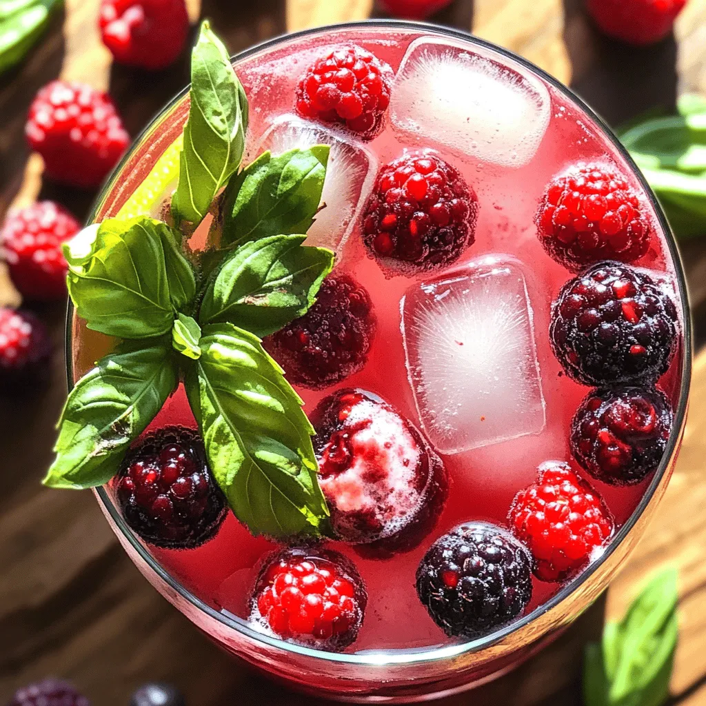 To make a tasty berry basil lemonade, you need a few key items. Here’s what you will need: - 1 cup mixed berries (strawberries, blueberries, raspberries) - 1/2 cup fresh basil leaves, packed - 1 cup freshly squeezed lemon juice (about 4-6 lemons) - 1/2 cup honey or agave syrup (adjust to taste) - 4 cups water (still or sparkling) - Ice cubes - Additional berries and basil for garnish These ingredients create a bright and flavorful drink that will keep you cool. Fresh basil gives the drink a unique twist. The tartness of lemons balances perfectly with the sweetness of berries and honey. You can tweak this recipe to suit your taste. Here are some optional ingredients you might like: - Mint leaves for a refreshing twist - Ginger for a spicy kick - A splash of soda for fizz - A pinch of salt to enhance flavors These options let you play with flavors. You can create a drink that fits your mood or the season. When making berry basil lemonade, you can use fresh or frozen berries. Fresh berries taste great and look pretty in the drink. They add a vibrant color and aroma. On the other hand, frozen berries are convenient and often just as tasty. They can also chill your drink more quickly. Both options work well, so pick what you have on hand. Using frozen berries can save time. Just blend them straight from the freezer without thawing. Fresh or frozen, you will enjoy this delightful drink! For a complete guide on making this drink, check out the Full Recipe. To start, gather your mixed berries. Use strawberries, blueberries, and raspberries to get a nice blend of flavors. Take one cup of these berries and place them in a blender. Add half a cup of water to help them blend smoothly. Pulse the blender until the mixture is smooth. Next, strain the juice through a fine mesh sieve into a bowl. This step removes the pulp and seeds. You want just the juice for your lemonade. This berry juice will be the star of your drink. Now, grab a large pitcher and add the fresh basil leaves. You need half a cup of packed basil for a strong flavor. Use a wooden spoon to muddle the basil with honey or agave syrup. This means you will press the basil leaves down to release their oils. The smell will be amazing! Muddling also helps the basil mix well with the other ingredients. Once the basil is muddled, it’s time to add the other ingredients. Pour in the freshly squeezed lemon juice. You will need about one cup, which is around four to six lemons. Then, add the berry juice you prepared earlier. Next, pour in three and a half cups of water. This will balance the flavors and make your lemonade refreshing. Stir everything well with a spoon. Taste it to see if you want to adjust the sweetness. After mixing, cover the pitcher and place it in the fridge. Let it chill for at least 30 minutes. This time allows the flavors to meld together perfectly. When you’re ready to serve, fill glasses with ice cubes. Pour the chilled berry basil lemonade over the ice. For a pretty touch, garnish your drink with extra berries and basil leaves. Enjoy your refreshing summer drink delight! For the complete Berry Basil Lemonade recipe, check the Full Recipe section. When you make Berry Basil Lemonade, the sweetness matters. Start with 1/2 cup of honey or agave syrup. Taste the mix after adding it. If it feels too tart, add more sweetener slowly. Stir well after each addition. Honey and agave can taste different, so trust your taste buds. Some people like it sweeter, while others prefer a tangy kick. The berries you pick change the drink's flavor. I love using a mix of strawberries, blueberries, and raspberries. Strawberries add a sweet base, blueberries bring depth, and raspberries add tartness. Fresh berries are best. If you can’t find fresh, frozen berries work too. Just thaw them before blending. For the best flavor, muddle the basil well. This helps release its oils, which make the drink pop. Combine berries and basil in the pitcher with lemon juice. Chill it in the fridge for at least 30 minutes. This time lets the flavors blend. Serve over ice with extra berries and basil. It looks beautiful and tastes amazing! For the full recipe, check the earlier section. {{image_2}} To make a sparkling berry basil lemonade, swap out still water for sparkling water. This adds fizz and makes the drink even more fun. Just follow the full recipe, but use sparkling water in the last step. The bubbles will lift your spirits on a hot day. You can also garnish with a few extra berries and basil leaves for a pop of color. If you love mint, add it to your drink! Just mix fresh mint leaves with the basil when you muddle. This gives your lemonade a cool twist. You can use equal parts mint and basil or adjust based on your taste. The mint will add a fresh and bright note to the drink. It's a great way to switch things up while keeping the berry flavor strong. For a fun adult drink, turn your berry basil lemonade into a cocktail. Add a splash of vodka or gin to your glass before pouring in the lemonade. This keeps the refreshing taste while adding a kick. You can also rim your glasses with sugar for a sweet touch. Make it festive by adding a few slices of lemon or extra berries on top. This twist makes it perfect for summer parties or gatherings. After you make your Berry Basil Lemonade, pour any leftovers into a clean pitcher. Make sure to cover it tightly with a lid or plastic wrap. This keeps the drink fresh and tasty. If you have leftover ice, store it separately to avoid watering down the lemonade. You can store your Berry Basil Lemonade in the fridge for up to three days. After that, the flavors may fade. If you notice any change in color or scent, it’s best to toss it. Always trust your senses. To keep your lemonade fresh, store it in an airtight container. This helps lock in the flavors. You can add extra basil and berries just before serving. This not only looks beautiful but also enhances the taste. For the best experience, serve it cold and over ice. You’ll enjoy every sip of this refreshing drink. Yes, you can use bottled lemon juice. However, fresh lemon juice tastes better. It has more flavor and aroma. Bottled juice may have preservatives that change the taste. For a special drink, I recommend using fresh lemons. They make your Berry Basil Lemonade pop with brightness. To make Berry Basil Lemonade vegan, simply replace honey with agave syrup or maple syrup. Both options work well. They add sweetness without any animal products. This small change keeps the drink delicious and plant-based. You can enjoy it knowing it fits your diet. Basil is full of vitamins and antioxidants. It helps with digestion and has anti-inflammatory properties. Berries, like strawberries and blueberries, are rich in vitamins too. They support heart health and boost your immune system. This drink not only tastes great but also gives your body a healthy boost. Yes, you can adjust the batch size easily. To make a smaller batch, simply halve the ingredients. For a larger batch, double the amounts. Just keep the same ratios. This way, you can enjoy Berry Basil Lemonade with any number of friends or family. Berry Basil Lemonade lasts about 3 to 5 days in the fridge. Store it in a sealed container to keep it fresh. Over time, the flavors may change, but it will still taste good. Just give it a stir before serving again. Enjoy this refreshing drink whenever you like! This blog post outlined how to make refreshing Berry Basil Lemonade. We covered key ingredients, preparation steps, and variations to fit your taste. You learned about storage and ways to keep it fresh. The right berries and herbs make a big difference in flavor. In the end, you can enjoy this drink any time. Keep experimenting with new twists. Each sip will remind you of summer's joy.