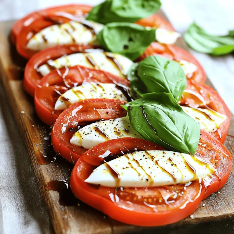 To make this easy Caprese salad, you need just a few fresh items. Here’s the list: - 2 large ripe tomatoes, sliced - 1 ball fresh mozzarella cheese, sliced - 1 cup fresh basil leaves - 2 tablespoons extra virgin olive oil - 1 tablespoon balsamic glaze - Salt and freshly ground black pepper to taste Fresh basil is key to a great Caprese salad. Look for bright green leaves. Avoid any that are brown or wilting. The smell should be strong and sweet. You can use sweet basil or any variety you love. If you can, pick it just before you use it. This keeps it fresh and flavorful. The right tomatoes make all the difference. Choose ripe, firm tomatoes for the best taste. Heirloom tomatoes are colorful and flavorful. Roma tomatoes are also a great choice. Avoid tomatoes that feel hard or have dark spots. A ripe tomato should give slightly when you press it. This means they are juicy and ready to eat. To start making your Caprese salad, gather all your ingredients. You need ripe tomatoes, fresh mozzarella, and basil. Slice the tomatoes and mozzarella into thick, even pieces. Aim for about 1/4 inch thick. This thickness helps the flavors mix well. Now, grab a large serving platter. Begin layering by placing a slice of tomato, then a slice of mozzarella. Keep alternating the layers. Leave a little space between each slice. This will make your salad look pretty. Tuck fresh basil leaves between the layers as you go. The green basil adds color and flavor. Next, drizzle the extra virgin olive oil over the salad. This adds a rich taste. Then, add a drizzle of balsamic glaze on top. It gives a sweet and tangy flavor. Finally, season with salt and freshly ground black pepper to taste. Let your salad sit for about 10 minutes. This waiting time helps the flavors blend nicely. Enjoy your fresh Caprese salad! For more details, check the Full Recipe. To boost the flavor of your Caprese salad, use ripe, juicy tomatoes. Look for tomatoes that smell sweet. They should feel heavy for their size. Fresh mozzarella is key too. Choose mozzarella packed in water for creaminess. Fresh basil adds a fragrant touch. Tear the leaves instead of chopping them. This keeps the oils in the leaves intact. Drizzle with high-quality extra virgin olive oil. A splash of balsamic glaze adds sweetness. Season well with salt and freshly cracked pepper. These small tweaks make a big difference. Serve your salad on a wooden or slate board. This creates a rustic look that is very appealing. Arrange the tomato and mozzarella slices in a circle. Alternate the colors for a beautiful display. Tuck whole basil leaves in between for a pop of green. You can add a drizzle of balsamic glaze on top. This gives a glossy finish. For a fun touch, use a small bowl for extra olive oil. Guests can dip their salad pieces in it. One common mistake is using unripe tomatoes. Avoid tomatoes that are hard or lack scent. Another mistake is not letting the salad sit. Allow it to rest for about 10 minutes before serving. This helps the flavors mix well. Also, don’t drown the salad in dressing. A light drizzle is best. Lastly, avoid pre-slicing your ingredients too early. They can lose flavor and texture. Follow these tips to create the perfect Caprese salad. For more details, check the Full Recipe. {{image_2}} Caprese salad shines with fresh flavors, but you can add more veggies. Try adding sliced cucumbers or bell peppers. Cherry tomatoes offer extra sweetness if you prefer. You can even toss in some arugula for a peppery kick. These additions make the salad heartier while keeping it fresh. If you want more protein, consider adding grilled chicken or shrimp. These options keep the dish light but filling. For a vegetarian protein boost, try chickpeas or white beans. They blend well with the cheese and basil. You can also add sliced avocado for creaminess and healthy fats. While olive oil and balsamic glaze are classic, feel free to mix it up. A lemon vinaigrette can brighten the flavors. You might also try a pesto drizzle for a herby twist. For a spicy kick, add a dash of sriracha to your dressing. Each dressing gives the salad a new taste. For the full recipe, check out the Caprese Delight Salad above. Enjoy your fresh meal! If you have leftovers, store them in a container. Use an airtight container to keep them fresh. Caprese salad tastes best when eaten fresh. However, you can keep it for one day in the fridge. After that, the tomatoes will lose their crispness. To keep your salad fresh, avoid mixing it all at once. Store the tomatoes, mozzarella, and basil separately. This way, they stay fresh longer. When ready to serve, combine them again. Drizzle the olive oil and balsamic glaze just before eating. This keeps the flavors lively and bright. You can use leftover ingredients in many ways. Add sliced tomatoes and mozzarella to sandwiches. They make a great topping for toast or bruschetta. You can also toss them in pasta for a quick meal. Basil can be used in pesto or added to sauces. The options are endless. Enjoy using your leftovers creatively! A Caprese salad is a simple Italian dish. It features fresh tomatoes, mozzarella cheese, and basil. This salad showcases the colors of the Italian flag: red, white, and green. The taste is fresh and bright, perfect for summer meals. Yes, you can make a Caprese salad ahead of time. However, I recommend keeping the ingredients separate. This way, the tomatoes stay fresh. When you are ready to serve, layer the ingredients and add the dressing. When picking mozzarella cheese, look for fresh, soft cheese. It should be white and moist. Avoid cheese that looks dry or crumbly. Fresh mozzarella is the best for this salad. It brings a creamy texture and rich taste. You can find it in the deli section or specialty stores. For the best results, use the cheese on the same day you buy it. For the full recipe, check out the Caprese Delight Salad section above. In this post, we explored Caprese salad’s ingredients, steps, and tips. We learned to select fresh basil and tomatoes for the best taste. Layering your salad beautifully adds to its appeal. The right touches boost flavor, while avoiding common mistakes helps you shine. Feel free to try different variations and dressings. Remember to store leftovers properly to keep them fresh. Caprese salad is simple, but it can impress anyone. Enjoy creating your perfect dish!