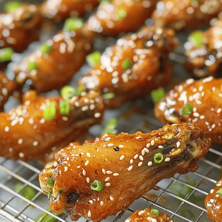 - 2 pounds chicken wings - 1/2 cup honey - 1/4 cup soy sauce - 4 cloves garlic, minced - 1 tablespoon sriracha (adjust to taste) - 1 teaspoon ginger, grated - 1 teaspoon sesame oil - 1 teaspoon black pepper - 1/2 teaspoon salt - 1 tablespoon sesame seeds (for garnish) - 2 green onions, chopped (for garnish) A serving of these wings has about 300 calories. You get 20 grams of protein, 15 grams of fat, and 10 grams of carbs. These wings are a tasty snack fit for any occasion. You will need a few tools to make this dish. Grab a baking sheet, a wire rack, a mixing bowl, and some measuring cups and spoons. These will help you prepare and cook the wings to perfection. In this recipe, the wings get a sweet and spicy kick. The honey adds a nice glaze, while the garlic and sriracha bring in bold flavors. You can find the full recipe [here]. To make the marinade, combine all the ingredients in a mixing bowl. You will need: - 1/2 cup honey - 1/4 cup soy sauce - 4 cloves garlic, minced - 1 tablespoon sriracha - 1 teaspoon ginger, grated - 1 teaspoon sesame oil - 1 teaspoon black pepper - 1/2 teaspoon salt Mix these well until they blend into a smooth sauce. If you like it spicier, add more sriracha. Just a bit can make a big difference! To get the best flavor, marinate the wings for at least 30 minutes. If you have more time, an hour or overnight works even better. This allows the wings to soak up all the great flavors. When you add the wings to the marinade, make sure each wing is coated well. Use your hands for this; it is the best way! First, preheat your oven to 400°F (200°C). While the oven warms up, line a baking sheet with aluminum foil for easy cleanup. Place a wire rack on top of the sheet. This setup helps the wings cook evenly and get crispy. Arrange the wings in a single layer on the wire rack. Avoid crowding the wings; they need space to crisp up. Bake them for about 35-40 minutes. Flip them halfway through for even cooking. When they are golden brown, they are ready! Once done, take them out and let them cool for a bit. Toss the wings in the remaining marinade for extra flavor before serving. This step makes them even tastier! You can find the complete details in the Full Recipe. To get crispy wings, air circulation is key. A wire rack helps keep air moving around the wings as they cook. This way, they won’t steam and will turn golden brown. Also, do not overcrowd the wings on the rack. Give them space so they can crisp up nicely. You can add more depth to your wings with extra ingredients. For instance, try adding a splash of lime juice or some chili flakes for heat. Fresh ingredients often taste better than dried ones. Fresh garlic gives a strong kick, while fresh ginger adds a unique zing. Pair your spicy honey garlic wings with cool sauces like ranch or blue cheese. They also go well with celery sticks to balance the heat. For drinks, an ice-cold beer or a sweet tea works great. You can find the full recipe at the end of the article. {{image_2}} To switch things up, try Spicy Garlic Parmesan Wings. You simply swap the honey for butter and add grated Parmesan cheese. Use the same garlic and spices from the original recipe. This change gives you a rich, savory flavor. You can also mix in some crushed red pepper for more heat. The buttery wings will still stay crispy if you bake them as directed. For a sweeter option, make Honey BBQ Wings. Instead of the soy sauce and sriracha, mix together honey and your favorite BBQ sauce. This gives a nice, smoky flavor. You can add a bit of vinegar to balance the sweetness. Marinate the wings as usual, then bake them. This version is great for those who love a sweeter style of wing. Asian Glazed Wings bring a fresh twist. You can use hoisin sauce in place of honey. Add rice vinegar for a tangy kick. This variation is perfect for those who enjoy a mix of sweet and sour. You can also toss in sesame seeds and chopped scallions for added flavor. Follow the same baking steps for crispy, flavorful wings. For the full recipe, check out Spicy Honey Garlic Wings above! Store your leftover spicy honey garlic wings in an airtight container. This helps keep them fresh. They will stay good for about 3 to 4 days in the fridge. Make sure to let them cool down to room temperature first. This prevents moisture build-up that can make them soggy. If you want to keep wings longer, freezing is a great option. Place the wings in a single layer on a baking sheet. Freeze them for about 1 to 2 hours. Once frozen, transfer them to a freezer-safe bag. This prevents them from sticking together. Spicy honey garlic wings can last up to 3 months in the freezer. To reheat, the oven is best. Preheat your oven to 350°F (175°C). Place the wings on a baking sheet and cover them with foil. Bake for about 15 to 20 minutes. This keeps them crispy. You can also use the stovetop. Heat a pan over medium heat, add the wings, and cover. Stir occasionally until warmed through. If you’re short on time, the microwave works too. Just place the wings on a microwave-safe plate and heat for 1 to 2 minutes. They may not be as crispy, but they will still taste great! Spicy Honey Garlic Wings take about one hour in total. Here’s the breakdown: - Prep Time: 15 minutes to mix your marinade and coat the wings. - Marinating Time: At least 30 minutes, but one hour is best. You can even let them sit overnight for more flavor. - Cooking Time: Bake for 35-40 minutes at 400°F (200°C), flipping halfway to get them crispy. Yes, you can use frozen chicken wings. Just follow these steps: - Thawing: For best results, thaw them in the fridge overnight. - Cooking from Frozen: If you cook them frozen, add 10-15 minutes to the baking time. Check that they reach 165°F (75°C) for safe eating. - Coating: You may need to dry them first for the marinade to stick. If you need a substitute for honey, try these options: - Maple Syrup: It provides a similar sweetness and works well. - Agave Nectar: This is another great option that is sweeter than honey. - Brown Sugar: Mix brown sugar with a bit of water to create a syrupy texture. Feel free to explore the [Full Recipe] for more details! You now have a complete guide for making tasty chicken wings. We covered ingredients, preparation, and cooking tips. You learned how to marinate for flavor and achieve the perfect crisp. Don't forget about variations like Spicy Garlic Parmesan. Proper storage and reheating are key for leftovers. Enjoy your wings with the best sides and drinks. This recipe makes serving friends and family easy and fun. Get cooking and delight in your delicious work!