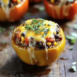 - 4 large bell peppers (any color) - 1 cup quinoa, rinsed - 2 cups vegetable broth - 1 cup black beans, rinsed and drained - 1 cup corn (fresh or frozen) - Salt and pepper to taste - 1 teaspoon cumin - 1 teaspoon smoked paprika - 1 teaspoon chili powder - Fresh cilantro or parsley, for garnish - 1 cup diced tomatoes (canned or fresh) - 1 cup shredded cheese (cheddar or pepper jack) When you make stuffed bell peppers, the right ingredients matter. I love using large bell peppers because they hold the filling well. Quinoa is my go-to grain here. It cooks up fluffy and adds great texture. Vegetable broth gives the quinoa flavor. Black beans and corn bring in color and nutrition. They fill you up without being heavy. For seasoning, I like to keep it simple but tasty. Cumin, smoked paprika, and chili powder give a nice kick. Don't forget salt and pepper to pull all the flavors together. Feel free to mix in diced tomatoes or cheese for a twist. These optional ingredients can change the dish completely. You can add your favorites to make it your own. For a full list of ingredients and how to make this dish, check out the Full Recipe. 1. Preheat the oven to 375°F (190°C). 2. Slice the tops off the bell peppers and remove seeds. Lightly sprinkle the inside with salt and pepper. Place them upright in a baking dish. 1. In a medium pot, combine the rinsed quinoa and vegetable broth. 2. Bring to a boil, then reduce the heat to a simmer, cover, and cook for about 15 minutes until fluffy. 1. In a large skillet over medium heat, add a splash of olive oil. 2. Sauté the chopped onion until soft, about 5 minutes. Add minced garlic and cook for one more minute. 3. Stir in black beans, corn, diced tomatoes, cooked quinoa, cumin, smoked paprika, salt, and pepper. Mix well and let it cook for about 5 minutes to meld flavors. 1. Remove the skillet from heat and mix in half of the shredded cheese. 2. Stuff each bell pepper with the filling mixture, pressing down lightly. 3. Top each pepper with the remaining shredded cheese. 4. Cover the dish with aluminum foil and bake for 30 minutes. 5. Remove the foil and bake for another 10-15 minutes until the peppers are tender and cheese is bubbly and golden. Follow these steps carefully for a tasty dish. For the full recipe, check the above sections. - Ensure quinoa is thoroughly rinsed before cooking. This removes the bitter coating. - Adjust seasoning according to your taste preferences. Taste as you cook for balance. - Serve on colorful plates; garnish with fresh herbs for a nice touch. - Drizzle with olive oil or yogurt dressing for added flavor and creaminess. - If peppers are too crunchy, extend baking time by 5 to 10 minutes. - For less cheese, use low-fat alternatives or skip it altogether. {{image_2}} You can make stuffed bell peppers even more fun with veggies. Consider adding zucchini or spinach to the mix. Both add color and taste. You can also swap quinoa for brown rice. This gives a nice change in texture and flavor, making each bite unique. If you want a lighter dish, try cauliflower rice instead of quinoa. It cuts carbs but still fills you up. You can also skip grains and use cheese as a base. This option keeps the dish rich and satisfying while being low-carb. Want to spice things up? Incorporate herbs like oregano or basil. They add depth and aroma, making your dish pop. Don't be afraid to experiment with different types of cheese. You can even skip the cheese for a dairy-free version. Each choice brings a new taste, keeping your stuffed bell peppers exciting. For the full recipe, check out the main article. - Store leftovers in an airtight container for up to 4 days. - Reheat in the oven to maintain texture. You want to keep your stuffed bell peppers fresh. When you store them, use a container that seals tightly. This keeps air out and flavors in. The oven is best for reheating. It warms the peppers without making them mushy. - Wrap individual servings tightly and freeze for up to 3 months. - Thaw overnight in the fridge before reheating. If you have extra stuffed peppers, you can freeze them. Wrap each one tightly in plastic wrap. This helps avoid freezer burn. When you want to eat them, just thaw them in the fridge. It makes reheating easier and keeps the flavor intact. - Reheat in the oven or microwave until heated through. - Add a splash of broth when reheating to restore moisture. When reheating, you can use either the oven or the microwave. If you want the peppers to stay moist, add a bit of broth. This helps avoid dryness and keeps every bite tasty. - Follow the step-by-step instructions outlined above. Start by preheating your oven. Slice the tops off the bell peppers and remove the seeds. Cook the quinoa in broth until fluffy. Sauté onion and garlic, then mix in beans, corn, and tomatoes. Finally, stuff the peppers, top with cheese, and bake until tender. - Yes, any color or variety of bell pepper works well. Green, red, yellow, or orange peppers all taste great. Each color offers a unique flavor, so choose your favorite. You can even use mini peppers for bite-sized treats. - Consider serving with a salad, crusty bread, or steamed vegetables. A light green salad adds freshness. Crusty bread is perfect for soaking up any juices. Steamed veggies provide a nice crunch and color to your meal. - Yes, prepare the filling and stuff the peppers ahead of time, then bake when ready to serve. Store the filled peppers in the fridge for up to a day. Just remember to cover them to keep them fresh. - They can be healthy, especially when loaded with veggies and lean proteins. Adjust ingredients for dietary needs. Use whole grains and fresh veggies to boost nutrition. This dish can fit various diets, from vegetarian to gluten-free. Stuffed bell peppers are a great dish to try. You need just a few key ingredients, like quinoa, beans, and peppers. I shared easy steps for preparation and cooking. You can also add your favorite spices and veggies for more flavor. Remember to store any leftovers properly, so they stay fresh. No matter how you make them, stuffed bell peppers are tasty and fun to eat. Enjoy creating your own version of this dish!