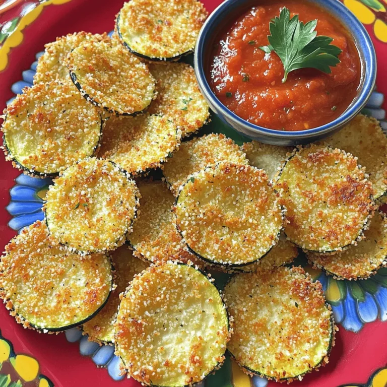 To make Parmesan crusted zucchini chips, you need: - 2 medium zucchinis, sliced into thin rounds - 1 cup grated Parmesan cheese - 1 cup breadcrumbs (panko preferred for extra crunch) - 1 teaspoon garlic powder - 1 teaspoon onion powder - 1 teaspoon dried oregano - 1/2 teaspoon salt - 1/2 teaspoon black pepper - 2 large eggs, beaten - Olive oil spray Each ingredient plays a key role in flavor and texture. The zucchini gives a fresh taste. The Parmesan cheese adds salty richness. Breadcrumbs provide that sought-after crunch. Garlic and onion powders boost the flavor. Oregano adds a nice herbal note, while salt and pepper bring out the best in your chips. Eggs help the coating stick, ensuring each bite is flavorful. Olive oil spray gives that golden, crispy finish. Feel free to mix things up! Here are a few ideas: - Cheese Swap: Use mozzarella or cheddar for a different flavor. - Herbs: Try thyme or rosemary instead of oregano for a twist. - Spice It Up: Add cayenne pepper for some heat. - Nut Coating: Substitute breadcrumbs with crushed nuts for extra crunch. - Seasonal Veggies: Use eggplant slices for a different veggie experience. For the full recipe, you can refer to the section above. First, gather your ingredients. You need two medium zucchinis, grated Parmesan cheese, and breadcrumbs. I like using panko for extra crunch. You'll also need garlic powder, onion powder, dried oregano, salt, and black pepper. Grab two large eggs and some olive oil spray too. Now, preheat your oven to 425°F (220°C). Line a baking sheet with parchment paper. This makes cleanup easy. In a shallow bowl, mix the Parmesan cheese, breadcrumbs, garlic powder, onion powder, oregano, salt, and pepper. Stir it well so every bite is tasty. In another bowl, beat the eggs until they are nice and smooth. Take each zucchini slice and dip it into the eggs. Make sure it’s fully coated. Then, place it into the breadcrumb mixture. Press down gently so the mix sticks to the zucchini. Place the coated zucchini chips in a single layer on the baking sheet. Leave some space between each chip. For extra crispiness, give them a light spray of olive oil. This helps them brown and crisp up nicely. Bake the chips in the preheated oven for 15-20 minutes. You want them golden brown and crispy. Keep an eye on them, so they don’t burn. When they are ready, pull them out and let them cool for a few minutes before serving. To keep your zucchini chips crispy, follow a few simple tips. First, slice the zucchini thinly and evenly. This helps them cook at the same rate. Second, make sure you coat each slice well with the breadcrumb mixture. Press firmly so it sticks. Using panko breadcrumbs is key for crunch. Also, don’t overcrowd the baking sheet. If the chips are too close, they will steam instead of crisp up. Lastly, a light spray of olive oil before baking will help achieve that perfect crunch. Now you’re ready to enjoy your delicious Parmesan Crusted Zucchini Chips! For the full recipe, check out the section above. To boost the flavor of your Parmesan crusted zucchini chips, try these tips: - Add herbs: Fresh herbs like thyme or basil can enhance the taste. - Use different cheeses: A mix of Parmesan and Pecorino Romano gives a nice twist. - Spice it up: Add a pinch of cayenne pepper for some heat. - Season your breadcrumbs: Mix your breadcrumbs with Italian seasoning for extra flavor. Avoid these errors for the best results: - Too thick slices: Cut your zucchini too thick, and they won’t crisp up. Aim for 1/4-inch rounds. - Skipping the egg wash: This step helps the coating stick. Don’t skip it! - Overcrowding the pan: Place your zucchini chips in a single layer. Crowding can lead to sogginess. Here are some serving ideas to impress your guests: - Add dips: Serve with marinara or a cool yogurt dip for a delicious contrast. - Garnish well: Fresh herbs like parsley or basil add color and flavor. - Serve warm: These chips taste best fresh out of the oven. Enjoy them right away! - Create a platter: Arrange them on a colorful plate to make a stunning display. For the full experience, check out the Full Recipe. {{image_2}} You can change the flavor of these zucchini chips easily. Add spices like smoked paprika for a smoky kick. For a spicy version, mix in cayenne pepper or chili powder. You might also try adding herbs like thyme or rosemary for a fresh touch. Want a cheesy twist? Mix in some shredded cheddar or mozzarella with the Parmesan. This makes the chips even more tasty! If you need a gluten-free option, swap out the breadcrumbs. Use gluten-free panko to keep that crunch. You can also use crushed nuts, like almonds or walnuts, as a coating. They add a nice nutty flavor. Make sure to check the labels on all ingredients to ensure they are safe and gluten-free. You can get creative with seasonal veggies. Try eggplant, squash, or sweet potatoes instead of zucchini. Just slice them thin like zucchini. Each veggie brings its own flavor and texture to the dish. If you want a fun twist, use different types of cheese based on the season. In winter, use a sharp cheese; in summer, go for something milder. This keeps your dish fresh and exciting. Check out the Full Recipe for more ideas! After making Parmesan crusted zucchini chips, let them cool. Place them in an airtight container. They will stay fresh in the fridge for about 2 to 3 days. To keep them crispy, avoid stacking the chips. You want to prevent them from getting soggy. If you want to store the chips for longer, freezing is a great option. First, cool the chips completely. Then, place them in a single layer on a baking sheet. Freeze them for about an hour. Once frozen, transfer the chips to a freezer bag. They can stay in the freezer for up to 3 months. Make sure to label the bag with the date. To bring back the crunch, reheat the zucchini chips in the oven. Preheat the oven to 400°F (200°C). Spread the chips in a single layer on a baking sheet. Bake for 5 to 7 minutes until they are warm and crispy again. Avoid using the microwave, as it can make them soggy. Enjoy your tasty snack just like when they were fresh! For the full recipe, check out the detailed instructions above. Parmesan crusted zucchini chips last for about 3 days in the fridge. To store them, place the chips in an airtight container. Keep them in a cool area. They may lose some crunch over time, but they still taste great. Reheat them in the oven for a few minutes to regain some crispiness. Yes, you can use other cheeses. Cheddar or mozzarella work well. These cheeses add a different flavor and texture. If you like a stronger taste, try using aged gouda or pecorino. Just keep the same amounts as the Parmesan to get the right crunch and taste. You can serve these chips with many dips. Marinara sauce is a classic choice. Ranch dressing or yogurt dip also pairs nicely. For a fresh twist, try a lemon herb dip. The flavors blend well and add excitement to each bite. For a fun touch, serve them on a colorful platter with fresh herbs. This makes your dish pop visually and adds extra flavor. For the full recipe, check the earlier section. In this guide, we explored the essential ingredients, steps, tips, and variations for making Parmesan crusted zucchini chips. We discussed measurements, preparation, and cooking to ensure perfect crispiness. We also covered storage and answered common questions. Remember, the right ingredients and techniques lead to great taste. Enjoy experimenting with flavors and serving your chips creatively!