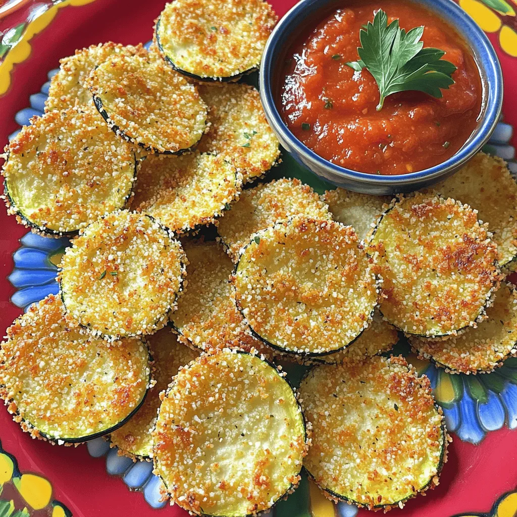 To make Parmesan crusted zucchini chips, you need: - 2 medium zucchinis, sliced into thin rounds - 1 cup grated Parmesan cheese - 1 cup breadcrumbs (panko preferred for extra crunch) - 1 teaspoon garlic powder - 1 teaspoon onion powder - 1 teaspoon dried oregano - 1/2 teaspoon salt - 1/2 teaspoon black pepper - 2 large eggs, beaten - Olive oil spray Each ingredient plays a key role in flavor and texture. The zucchini gives a fresh taste. The Parmesan cheese adds salty richness. Breadcrumbs provide that sought-after crunch. Garlic and onion powders boost the flavor. Oregano adds a nice herbal note, while salt and pepper bring out the best in your chips. Eggs help the coating stick, ensuring each bite is flavorful. Olive oil spray gives that golden, crispy finish. Feel free to mix things up! Here are a few ideas: - Cheese Swap: Use mozzarella or cheddar for a different flavor. - Herbs: Try thyme or rosemary instead of oregano for a twist. - Spice It Up: Add cayenne pepper for some heat. - Nut Coating: Substitute breadcrumbs with crushed nuts for extra crunch. - Seasonal Veggies: Use eggplant slices for a different veggie experience. For the full recipe, you can refer to the section above. First, gather your ingredients. You need two medium zucchinis, grated Parmesan cheese, and breadcrumbs. I like using panko for extra crunch. You'll also need garlic powder, onion powder, dried oregano, salt, and black pepper. Grab two large eggs and some olive oil spray too. Now, preheat your oven to 425°F (220°C). Line a baking sheet with parchment paper. This makes cleanup easy. In a shallow bowl, mix the Parmesan cheese, breadcrumbs, garlic powder, onion powder, oregano, salt, and pepper. Stir it well so every bite is tasty. In another bowl, beat the eggs until they are nice and smooth. Take each zucchini slice and dip it into the eggs. Make sure it’s fully coated. Then, place it into the breadcrumb mixture. Press down gently so the mix sticks to the zucchini. Place the coated zucchini chips in a single layer on the baking sheet. Leave some space between each chip. For extra crispiness, give them a light spray of olive oil. This helps them brown and crisp up nicely. Bake the chips in the preheated oven for 15-20 minutes. You want them golden brown and crispy. Keep an eye on them, so they don’t burn. When they are ready, pull them out and let them cool for a few minutes before serving. To keep your zucchini chips crispy, follow a few simple tips. First, slice the zucchini thinly and evenly. This helps them cook at the same rate. Second, make sure you coat each slice well with the breadcrumb mixture. Press firmly so it sticks. Using panko breadcrumbs is key for crunch. Also, don’t overcrowd the baking sheet. If the chips are too close, they will steam instead of crisp up. Lastly, a light spray of olive oil before baking will help achieve that perfect crunch. Now you’re ready to enjoy your delicious Parmesan Crusted Zucchini Chips! For the full recipe, check out the section above. To boost the flavor of your Parmesan crusted zucchini chips, try these tips: - Add herbs: Fresh herbs like thyme or basil can enhance the taste. - Use different cheeses: A mix of Parmesan and Pecorino Romano gives a nice twist. - Spice it up: Add a pinch of cayenne pepper for some heat. - Season your breadcrumbs: Mix your breadcrumbs with Italian seasoning for extra flavor. Avoid these errors for the best results: - Too thick slices: Cut your zucchini too thick, and they won’t crisp up. Aim for 1/4-inch rounds. - Skipping the egg wash: This step helps the coating stick. Don’t skip it! - Overcrowding the pan: Place your zucchini chips in a single layer. Crowding can lead to sogginess. Here are some serving ideas to impress your guests: - Add dips: Serve with marinara or a cool yogurt dip for a delicious contrast. - Garnish well: Fresh herbs like parsley or basil add color and flavor. - Serve warm: These chips taste best fresh out of the oven. Enjoy them right away! - Create a platter: Arrange them on a colorful plate to make a stunning display. For the full experience, check out the Full Recipe. {{image_2}} You can change the flavor of these zucchini chips easily. Add spices like smoked paprika for a smoky kick. For a spicy version, mix in cayenne pepper or chili powder. You might also try adding herbs like thyme or rosemary for a fresh touch. Want a cheesy twist? Mix in some shredded cheddar or mozzarella with the Parmesan. This makes the chips even more tasty! If you need a gluten-free option, swap out the breadcrumbs. Use gluten-free panko to keep that crunch. You can also use crushed nuts, like almonds or walnuts, as a coating. They add a nice nutty flavor. Make sure to check the labels on all ingredients to ensure they are safe and gluten-free. You can get creative with seasonal veggies. Try eggplant, squash, or sweet potatoes instead of zucchini. Just slice them thin like zucchini. Each veggie brings its own flavor and texture to the dish. If you want a fun twist, use different types of cheese based on the season. In winter, use a sharp cheese; in summer, go for something milder. This keeps your dish fresh and exciting. Check out the Full Recipe for more ideas! After making Parmesan crusted zucchini chips, let them cool. Place them in an airtight container. They will stay fresh in the fridge for about 2 to 3 days. To keep them crispy, avoid stacking the chips. You want to prevent them from getting soggy. If you want to store the chips for longer, freezing is a great option. First, cool the chips completely. Then, place them in a single layer on a baking sheet. Freeze them for about an hour. Once frozen, transfer the chips to a freezer bag. They can stay in the freezer for up to 3 months. Make sure to label the bag with the date. To bring back the crunch, reheat the zucchini chips in the oven. Preheat the oven to 400°F (200°C). Spread the chips in a single layer on a baking sheet. Bake for 5 to 7 minutes until they are warm and crispy again. Avoid using the microwave, as it can make them soggy. Enjoy your tasty snack just like when they were fresh! For the full recipe, check out the detailed instructions above. Parmesan crusted zucchini chips last for about 3 days in the fridge. To store them, place the chips in an airtight container. Keep them in a cool area. They may lose some crunch over time, but they still taste great. Reheat them in the oven for a few minutes to regain some crispiness. Yes, you can use other cheeses. Cheddar or mozzarella work well. These cheeses add a different flavor and texture. If you like a stronger taste, try using aged gouda or pecorino. Just keep the same amounts as the Parmesan to get the right crunch and taste. You can serve these chips with many dips. Marinara sauce is a classic choice. Ranch dressing or yogurt dip also pairs nicely. For a fresh twist, try a lemon herb dip. The flavors blend well and add excitement to each bite. For a fun touch, serve them on a colorful platter with fresh herbs. This makes your dish pop visually and adds extra flavor. For the full recipe, check the earlier section. In this guide, we explored the essential ingredients, steps, tips, and variations for making Parmesan crusted zucchini chips. We discussed measurements, preparation, and cooking to ensure perfect crispiness. We also covered storage and answered common questions. Remember, the right ingredients and techniques lead to great taste. Enjoy experimenting with flavors and serving your chips creatively!
