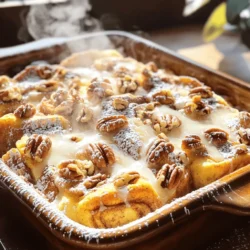 - 2 cans of refrigerated cinnamon rolls (8 rolls each), cut into quarters - 6 large eggs - 1 cup milk - 1 teaspoon vanilla extract - 1 teaspoon ground cinnamon - 1/4 teaspoon nutmeg - 1/2 cup maple syrup (plus more for serving) - 1/2 cup chopped pecans (optional) - Powdered sugar for dusting This dish starts with the main ingredients that make it special. The cinnamon rolls give it a sweet base, while the eggs and milk create a fluffy texture. For flavor, I add vanilla extract, ground cinnamon, and nutmeg. These spices really bring warmth and depth to the dish. Optional toppings add a fun twist. Maple syrup drizzled on top is a must. Chopped pecans give a nice crunch, and a sprinkle of powdered sugar adds a touch of sweetness. I always recommend using fresh ingredients for the best taste. If you can, try to get high-quality cinnamon rolls. They make a big difference in flavor and texture. For more details on how to prepare this dish, check the full recipe. It’s easy and perfect for any meal. - Preheat your oven to 350°F (175°C). - Grease a 9x13 inch baking dish with non-stick spray or butter. - In a large mixing bowl, whisk together eggs, milk, vanilla extract, ground cinnamon, nutmeg, and maple syrup. - Spread quartered cinnamon roll pieces in the baking dish. - Pour the egg mixture over the cinnamon roll pieces and let it sit. This helps the rolls soak up the egg mixture, making them fluffy and tasty. - Bake for 25-30 minutes until golden brown. Keep an eye on it as it bakes. - Drizzle with icing and dust with powdered sugar for a sweet finish. This is how you make a delicious Cinnamon Roll French Toast Casserole. For the complete recipe, refer to the full recipe section. - Let it sit for a few minutes after baking to enhance flavor. - Use stale bread for a different texture. These small steps can make a big difference. When you let the casserole rest, it allows the flavors to meld. Stale bread absorbs the egg mix better, giving a unique taste. - Serve warm with extra maple syrup on the side. - Add fresh fruit for a colorful garnish. Serving warm makes each bite even more enjoyable. A drizzle of extra maple syrup adds sweetness. Fresh fruit not only looks great but also adds flavor and nutrition. - Don't skip the soaking time for the rolls. - Ensure the oven temperature is accurate. Soaking the rolls is key for a soft texture. If the oven is too hot or too cold, your casserole won’t bake evenly. Use an oven thermometer to check the temperature. {{image_2}} You can mix up the flavors in your casserole. Adding chocolate chips gives it a sweet twist. The rich taste of chocolate pairs well with cinnamon. You can also use fruit like berries or bananas. Fresh fruit adds a nice burst of flavor and color. It makes the dish feel fresh and bright. If you need a gluten-free option, swap the regular cinnamon rolls for gluten-free ones. This way, everyone can enjoy this dish. For a dairy-free version, use almond milk instead of regular milk. This keeps the dish creamy while being friendly for dairy-free diets. To make breakfast heartier, pair the casserole with crispy bacon or savory sausage. This combo provides a nice balance of flavors. If you're hosting brunch, serve it with mimosas. The bubbly drink complements the sweet casserole perfectly. Store leftovers in an airtight container in the fridge for 3-4 days. This keeps the casserole fresh and tasty. Make sure to let it cool before sealing. You can freeze this delight in individual portions for up to 3 months. This way, you can enjoy it later! When ready to eat, reheat in the oven or microwave. If it seems dry, add a splash of milk for moisture. To reheat, place the casserole in a preheated oven or microwave until warm. This will help restore the fluffy texture. Enjoy your warm and cozy Cinnamon Roll French Toast Casserole! To make this yummy casserole, follow these steps: 1. Preheat your oven to 350°F (175°C). 2. Grease a 9x13 inch baking dish with non-stick spray or butter. 3. In a large bowl, whisk together 6 large eggs, 1 cup milk, 1 teaspoon vanilla extract, 1 teaspoon ground cinnamon, 1/4 teaspoon nutmeg, and 1/2 cup maple syrup. 4. Cut 2 cans of refrigerated cinnamon rolls into quarters and spread them evenly in the dish. 5. If you like, add 1/2 cup chopped pecans on top. 6. Pour the egg mixture all over the cinnamon roll pieces. 7. Let it sit for about 10 minutes to soak well. 8. Bake for 25-30 minutes until golden brown. 9. Drizzle with icing and dust with powdered sugar before serving. Yes, you can prepare this casserole the night before. Just assemble it, cover it, and put it in the fridge. In the morning, bake it as usual. This makes breakfast easy and fun! Serve this casserole warm. It tastes great with maple syrup, icing, or fresh fruit on top. You can even add whipped cream for extra joy! Absolutely! If you want to use homemade cinnamon rolls, just cut them into small pieces. This will keep the texture just right for the casserole. Enjoy your yummy creation! This cinnamon roll casserole combines simple ingredients for a tasty dish. You start with refrigerated cinnamon rolls, eggs, and milk. Flavor enhancers like vanilla, cinnamon, and nutmeg boost the taste. Baking transforms it into a delightful treat. Remember to let it sit after baking to deepen flavors. You can customize it with toppings and store leftovers easily. Experimenting with variations lets you enjoy this dish in many ways. Give it a try; you won't be disappointed!