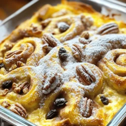 - 2 cans of refrigerated cinnamon rolls (15 oz each) - 4 large eggs - 1 cup whole milk - 1/2 cup maple syrup - 1 teaspoon vanilla extract - 1 teaspoon ground cinnamon - 1/4 teaspoon nutmeg - 1/2 cup pecans, chopped - 1/2 cup raisins - Powdered sugar for drizzling Gathering ingredients is the first step to making this cinnamon roll casserole. You will need two cans of cinnamon rolls, eggs, and milk. These are your main ingredients. The cinnamon rolls add sweetness and texture. Eggs bind everything together, and milk makes it creamy. Next, you’ll need some additional ingredients. Maple syrup adds a nice flavor. Vanilla extract gives it a warm touch. Ground cinnamon and nutmeg enhance the spice profile. These flavors blend well together. You can also add optional ingredients if you like. Chopped pecans add crunch. Raisins give a chewy bite. Lastly, drizzling powdered sugar on top makes it look pretty and sweet. For the full recipe, follow the detailed steps provided. Enjoy your cooking adventure! - Preheat the oven to 375°F (190°C). - Grease a 9x13 inch baking dish. - Open the cans of cinnamon rolls. Cut each roll into quarters. - Place the pieces evenly in the baking dish. - In a bowl, whisk together the eggs, whole milk, maple syrup, vanilla extract, ground cinnamon, and nutmeg until fully mixed. - Pour this mixture over the cinnamon roll pieces. Make sure every piece is coated. - If you like, sprinkle chopped pecans and raisins on top. Press the pieces down gently so they soak up the liquid. - Bake in the preheated oven for 25-30 minutes. - Look for a puffed and golden brown top. - When done, take it out and cool for about 5-10 minutes. - Drizzle powdered sugar over the top. Serve warm and enjoy the tasty goodness. You can find the Full Recipe for more details. To ensure perfect texture, I recommend cutting the cinnamon rolls into quarters. This helps them soak up the egg mixture better. Make sure to press them down gently into the liquid. For checking doneness, look for a golden brown top. The casserole should puff up and feel firm to the touch. A toothpick test can also confirm if it’s ready. If it comes out clean, it's perfect! You can add your favorite toppings to make this dish your own. Try adding fresh fruit like berries or bananas for a fruity twist. You can also sprinkle chocolate chips for a sweet touch. If you have dietary needs, substitute regular milk with almond or oat milk. You can also use gluten-free cinnamon rolls if needed. Pair your cinnamon roll casserole with hot coffee or fresh juice. It makes for a great breakfast treat. This dish is ideal for brunches, family gatherings, or holiday breakfasts. You can serve it warm for a cozy feel, or let it cool for a different texture. Don't forget to drizzle powdered sugar on top for extra sweetness! {{image_2}} You can make this casserole even more fun with different flavors! Try a pumpkin spice cinnamon roll casserole. Just add pumpkin puree and pumpkin spice to the egg mixture. This gives it a warm, cozy taste. Another tasty option is a chocolate chip version. Simply sprinkle chocolate chips over the cinnamon roll pieces before pouring the egg mixture on top. The chocolate melts and makes it extra yummy! For a healthier twist, use whole wheat cinnamon rolls instead of regular ones. This adds fiber and makes it a bit more nutritious. If you need a dairy-free option, swap the whole milk with almond milk or oat milk. You can still enjoy the creamy texture without the dairy! Make your casserole special for the holidays! Add festive spices like nutmeg and cloves for a holiday-inspired dish. For spring, top your casserole with fresh fruit like strawberries or blueberries. These fruits add color and a fresh taste that brightens up the dish. Each season brings new ways to enjoy this breakfast treat! To keep your cinnamon roll casserole fresh, store leftovers in an airtight container. This helps prevent it from drying out. Use a glass or plastic container with a tight lid. These containers are great because they keep the casserole moist. Reheat your cinnamon roll casserole in the oven or microwave. For the oven, set it to 350°F (175°C) and place the casserole in for about 10-15 minutes. Cover it with foil to keep it from getting too dry. If using the microwave, heat it in short bursts of 30 seconds, checking often. This method warms it quickly while keeping the texture nice. To freeze, cut the casserole into pieces and place them in freezer-safe bags. Remove as much air as possible before sealing. This helps prevent freezer burn. When you're ready to eat, thaw it overnight in the fridge. Then, reheat as mentioned above. Freezing helps keep your tasty breakfast ready for a quick meal! Don't forget to check the Full Recipe for more details. Yes, you can prepare cinnamon roll casserole in advance. To do this, follow these steps: - Assemble the casserole as per the recipe. - Cover it tightly with plastic wrap or foil. - Store it in the fridge for up to 24 hours. When you’re ready to bake, just remove it from the fridge. Let it sit at room temperature for about 20 minutes. Then, preheat your oven and bake as directed. This makes mornings easy and stress-free! You can tell the casserole is done by looking for these signs: - It should puff up and turn golden brown. - A toothpick inserted in the center should come out clean or with a few moist crumbs. - The edges will start to pull away from the sides of the dish. If you see these signs, your casserole is ready to enjoy! Cinnamon roll casserole is tasty on its own, but here are some great pairings: - Fresh fruit like berries or sliced bananas. - A side of crispy bacon or sausage for protein. - A dollop of yogurt or whipped cream for creaminess. These sides add variety and make your breakfast even more delicious! We explored how to make a delicious cinnamon roll casserole using simple ingredients. We covered preparation, mixing, and baking steps to guide you through it. Remember to customize with your favorite toppings or try a new flavor. This dish is perfect for breakfast or special occasions. Enjoy your tasty meal, and don’t forget to share your delicious results!