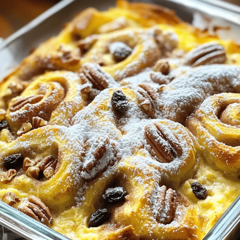 - 2 cans of refrigerated cinnamon rolls (15 oz each) - 4 large eggs - 1 cup whole milk - 1/2 cup maple syrup - 1 teaspoon vanilla extract - 1 teaspoon ground cinnamon - 1/4 teaspoon nutmeg - 1/2 cup pecans, chopped - 1/2 cup raisins - Powdered sugar for drizzling Gathering ingredients is the first step to making this cinnamon roll casserole. You will need two cans of cinnamon rolls, eggs, and milk. These are your main ingredients. The cinnamon rolls add sweetness and texture. Eggs bind everything together, and milk makes it creamy. Next, you’ll need some additional ingredients. Maple syrup adds a nice flavor. Vanilla extract gives it a warm touch. Ground cinnamon and nutmeg enhance the spice profile. These flavors blend well together. You can also add optional ingredients if you like. Chopped pecans add crunch. Raisins give a chewy bite. Lastly, drizzling powdered sugar on top makes it look pretty and sweet. For the full recipe, follow the detailed steps provided. Enjoy your cooking adventure! - Preheat the oven to 375°F (190°C). - Grease a 9x13 inch baking dish. - Open the cans of cinnamon rolls. Cut each roll into quarters. - Place the pieces evenly in the baking dish. - In a bowl, whisk together the eggs, whole milk, maple syrup, vanilla extract, ground cinnamon, and nutmeg until fully mixed. - Pour this mixture over the cinnamon roll pieces. Make sure every piece is coated. - If you like, sprinkle chopped pecans and raisins on top. Press the pieces down gently so they soak up the liquid. - Bake in the preheated oven for 25-30 minutes. - Look for a puffed and golden brown top. - When done, take it out and cool for about 5-10 minutes. - Drizzle powdered sugar over the top. Serve warm and enjoy the tasty goodness. You can find the Full Recipe for more details. To ensure perfect texture, I recommend cutting the cinnamon rolls into quarters. This helps them soak up the egg mixture better. Make sure to press them down gently into the liquid. For checking doneness, look for a golden brown top. The casserole should puff up and feel firm to the touch. A toothpick test can also confirm if it’s ready. If it comes out clean, it's perfect! You can add your favorite toppings to make this dish your own. Try adding fresh fruit like berries or bananas for a fruity twist. You can also sprinkle chocolate chips for a sweet touch. If you have dietary needs, substitute regular milk with almond or oat milk. You can also use gluten-free cinnamon rolls if needed. Pair your cinnamon roll casserole with hot coffee or fresh juice. It makes for a great breakfast treat. This dish is ideal for brunches, family gatherings, or holiday breakfasts. You can serve it warm for a cozy feel, or let it cool for a different texture. Don't forget to drizzle powdered sugar on top for extra sweetness! {{image_2}} You can make this casserole even more fun with different flavors! Try a pumpkin spice cinnamon roll casserole. Just add pumpkin puree and pumpkin spice to the egg mixture. This gives it a warm, cozy taste. Another tasty option is a chocolate chip version. Simply sprinkle chocolate chips over the cinnamon roll pieces before pouring the egg mixture on top. The chocolate melts and makes it extra yummy! For a healthier twist, use whole wheat cinnamon rolls instead of regular ones. This adds fiber and makes it a bit more nutritious. If you need a dairy-free option, swap the whole milk with almond milk or oat milk. You can still enjoy the creamy texture without the dairy! Make your casserole special for the holidays! Add festive spices like nutmeg and cloves for a holiday-inspired dish. For spring, top your casserole with fresh fruit like strawberries or blueberries. These fruits add color and a fresh taste that brightens up the dish. Each season brings new ways to enjoy this breakfast treat! To keep your cinnamon roll casserole fresh, store leftovers in an airtight container. This helps prevent it from drying out. Use a glass or plastic container with a tight lid. These containers are great because they keep the casserole moist. Reheat your cinnamon roll casserole in the oven or microwave. For the oven, set it to 350°F (175°C) and place the casserole in for about 10-15 minutes. Cover it with foil to keep it from getting too dry. If using the microwave, heat it in short bursts of 30 seconds, checking often. This method warms it quickly while keeping the texture nice. To freeze, cut the casserole into pieces and place them in freezer-safe bags. Remove as much air as possible before sealing. This helps prevent freezer burn. When you're ready to eat, thaw it overnight in the fridge. Then, reheat as mentioned above. Freezing helps keep your tasty breakfast ready for a quick meal! Don't forget to check the Full Recipe for more details. Yes, you can prepare cinnamon roll casserole in advance. To do this, follow these steps: - Assemble the casserole as per the recipe. - Cover it tightly with plastic wrap or foil. - Store it in the fridge for up to 24 hours. When you’re ready to bake, just remove it from the fridge. Let it sit at room temperature for about 20 minutes. Then, preheat your oven and bake as directed. This makes mornings easy and stress-free! You can tell the casserole is done by looking for these signs: - It should puff up and turn golden brown. - A toothpick inserted in the center should come out clean or with a few moist crumbs. - The edges will start to pull away from the sides of the dish. If you see these signs, your casserole is ready to enjoy! Cinnamon roll casserole is tasty on its own, but here are some great pairings: - Fresh fruit like berries or sliced bananas. - A side of crispy bacon or sausage for protein. - A dollop of yogurt or whipped cream for creaminess. These sides add variety and make your breakfast even more delicious! We explored how to make a delicious cinnamon roll casserole using simple ingredients. We covered preparation, mixing, and baking steps to guide you through it. Remember to customize with your favorite toppings or try a new flavor. This dish is perfect for breakfast or special occasions. Enjoy your tasty meal, and don’t forget to share your delicious results!