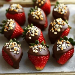 - Fresh strawberries - Dark chocolate (60-70% cocoa) - White chocolate - Coconut oil (optional) - Sea salt flakes - Optional decorations (crushed nuts or sprinkles) Choosing the right ingredients is key. I love using fresh strawberries for their sweet and juicy taste. Make sure they are ripe and firm. Dark chocolate is my go-to for dipping. A cocoa content of 60-70% gives a rich flavor. You can also add white chocolate for a nice drizzle. Coconut oil is optional, but it helps the chocolate melt smoothly. Sea salt flakes add a touch of contrast to the sweetness. If you want, decorate with crushed nuts or colorful sprinkles. These additions make your strawberries look even more appealing. With this simple list, you can create a stunning treat that impresses everyone. For the full recipe, check out the detailed steps in the next section. 1. Preparing the strawberries Wash the strawberries gently and hull them. Make sure they are fully dry. Water will ruin the chocolate coating. 2. Setting up the double boiler Take a heatproof bowl and place it over a pot of simmering water. This setup helps melt the chocolate evenly. 3. Melting the dark chocolate Chop the dark chocolate into small pieces. Add it to the bowl. Stir often until it melts smoothly. You can add coconut oil for a smoother texture. 1. Dipping the strawberries Hold a strawberry by the stem. Dip it into the melted dark chocolate. Swirl it to coat evenly. Let the excess chocolate drip off. 2. Setting up on the baking sheet Place the dipped strawberries on a baking sheet lined with parchment paper. This way, they won’t stick. 3. Drizzling with white chocolate Melt the white chocolate the same way as the dark chocolate. Use a fork or piping bag to drizzle it over the dark chocolate. Get creative with your patterns! 1. Adding garnishes While the chocolate is still warm, sprinkle sea salt flakes, crushed nuts, or sprinkles on top. This adds flavor and looks nice. 2. Refrigerating to set Put the baking sheet in the fridge. Let the chocolate set for about 30 minutes. This will harden the chocolate, making it ready to enjoy! For the complete guide with all the details, check out the Full Recipe. To get the best chocolate coating, start by making sure your strawberries are dry. Any water can make the chocolate clump. After washing, let them air dry completely. This step is key for a great finish. Next, choose quality chocolate. I recommend using dark chocolate with 60-70% cocoa. It has a rich taste and melts smoothly. You can also mix in a bit of coconut oil for a silkier texture. For melting, use a double boiler. Place a heatproof bowl over simmering water. This gentle heat helps the chocolate melt evenly. Stir gently until it becomes smooth. Avoid overheating, as this can ruin the chocolate. Get creative with toppings! You can add crushed nuts, sprinkles, or even shredded coconut. These add flavor and texture. Use white chocolate to drizzle over dark chocolate. This contrast looks stunning and tastes great. Think about color themes when decorating. You can match colors for holidays or special events. For example, pink sprinkles for Valentine’s Day or green for St. Patrick’s Day. This makes your treat even more fun and festive! For presentation, place your chocolate-covered strawberries on a nice platter. You can arrange them in a circle or in rows. This makes them look inviting and delicious. Serve them chilled for the best taste. The chocolate should be firm but not too cold. If you want, you can let them sit at room temperature for a few minutes. This will enhance their flavor and make them even more enjoyable. For a special touch, consider packaging them as gifts. A simple box or a clear bag with a ribbon can make a lovely present. Chocolate-covered strawberries are sure to impress anyone! For the full recipe, check out the Full Recipe link. {{image_2}} You can make chocolate-covered strawberries even more exciting. Try using milk chocolate or white chocolate instead of dark chocolate. Milk chocolate gives a sweeter taste, while white chocolate adds a creamy flavor. These options let you mix things up and suit different tastes. Adding flavor extracts can also enhance your treats. A drop of vanilla or mint extract can create a unique twist. Just a little goes a long way! These simple changes will make your chocolate-covered strawberries truly special. If you need sugar-free options, use sugar-free chocolate. Many brands offer delicious sugar-free chocolate that melts well. This way, you can enjoy chocolate-covered strawberries without the added sugar. For vegan chocolate alternatives, look for dark chocolate labeled as dairy-free. Make sure to read the labels to ensure it fits your diet. These options help everyone enjoy these tasty treats. Make your chocolate-covered strawberries fit the season with fun decorations. For holidays, add colors that match the theme. Red and green for Christmas, or pastels for Easter, can make them festive. You can also pair strawberries with other fruits for variety. Slice bananas or use pineapple for fun combinations. Mixing fruits adds flavor and a pop of color to your plate. For more ideas, check out the Full Recipe. Store chocolate-covered strawberries in the fridge. Use an airtight container to keep them fresh. A single layer works best. If stacking, add parchment paper between layers to avoid sticking. This helps keep the chocolate from getting damaged. You can freeze chocolate-covered strawberries for longer storage. Place them on a baking sheet and freeze until solid. After freezing, transfer them to a freezer-safe bag. This helps prevent freezer burn. When you want to enjoy them, take them out and let them thaw in the fridge. Avoid thawing at room temperature, as this can cause sogginess. To prevent chocolate bloom, make sure your chocolate is properly tempered. This means melting it at the right temperature and cooling it slowly. Temperature changes can also affect the chocolate. Keep your strawberries cool and avoid heat sources. If they get too warm, the chocolate can lose its shine and texture. Chocolate-covered strawberries can last about 1 to 2 days in the fridge. To keep them fresh, store them in a single layer. If you stack them, the chocolate might get ruined. Yes, you can use milk chocolate or white chocolate for dipping. Each type gives a different taste. You can even mix chocolates for a fun twist! The best way to melt chocolate is using a double boiler. Place chocolate in a heatproof bowl over simmering water. Stir gently until it’s smooth. This method helps prevent burning. Yes, you can make them a few hours ahead. Just keep them in the fridge until ready to serve. They taste best when fresh, so avoid making them too far in advance. Chocolate-covered strawberries can be a healthy treat. Strawberries are full of vitamins, and dark chocolate has antioxidants. Enjoy them in moderation for a sweet yet wholesome snack. For a detailed guide on making these delicious treats, check out the Full Recipe! You learned how to make delicious chocolate-covered strawberries. We covered each step, from choosing fresh strawberries to melting chocolate. Remember to dry your strawberries well for the best coating. Explore fun toppings and variations to make them unique. Store them properly to keep them fresh and tasty. Safety and quality matter, so use good ingredients. Enjoy making these treats at home, and share them with friends and family. These strawberries will surely impress!