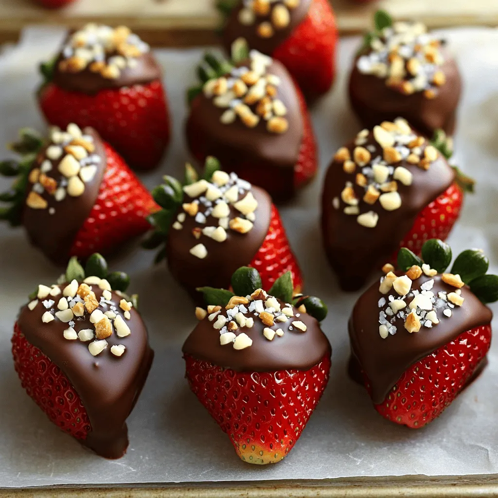 - Fresh strawberries - Dark chocolate (60-70% cocoa) - White chocolate - Coconut oil (optional) - Sea salt flakes - Optional decorations (crushed nuts or sprinkles) Choosing the right ingredients is key. I love using fresh strawberries for their sweet and juicy taste. Make sure they are ripe and firm. Dark chocolate is my go-to for dipping. A cocoa content of 60-70% gives a rich flavor. You can also add white chocolate for a nice drizzle. Coconut oil is optional, but it helps the chocolate melt smoothly. Sea salt flakes add a touch of contrast to the sweetness. If you want, decorate with crushed nuts or colorful sprinkles. These additions make your strawberries look even more appealing. With this simple list, you can create a stunning treat that impresses everyone. For the full recipe, check out the detailed steps in the next section. 1. Preparing the strawberries Wash the strawberries gently and hull them. Make sure they are fully dry. Water will ruin the chocolate coating. 2. Setting up the double boiler Take a heatproof bowl and place it over a pot of simmering water. This setup helps melt the chocolate evenly. 3. Melting the dark chocolate Chop the dark chocolate into small pieces. Add it to the bowl. Stir often until it melts smoothly. You can add coconut oil for a smoother texture. 1. Dipping the strawberries Hold a strawberry by the stem. Dip it into the melted dark chocolate. Swirl it to coat evenly. Let the excess chocolate drip off. 2. Setting up on the baking sheet Place the dipped strawberries on a baking sheet lined with parchment paper. This way, they won’t stick. 3. Drizzling with white chocolate Melt the white chocolate the same way as the dark chocolate. Use a fork or piping bag to drizzle it over the dark chocolate. Get creative with your patterns! 1. Adding garnishes While the chocolate is still warm, sprinkle sea salt flakes, crushed nuts, or sprinkles on top. This adds flavor and looks nice. 2. Refrigerating to set Put the baking sheet in the fridge. Let the chocolate set for about 30 minutes. This will harden the chocolate, making it ready to enjoy! For the complete guide with all the details, check out the Full Recipe. To get the best chocolate coating, start by making sure your strawberries are dry. Any water can make the chocolate clump. After washing, let them air dry completely. This step is key for a great finish. Next, choose quality chocolate. I recommend using dark chocolate with 60-70% cocoa. It has a rich taste and melts smoothly. You can also mix in a bit of coconut oil for a silkier texture. For melting, use a double boiler. Place a heatproof bowl over simmering water. This gentle heat helps the chocolate melt evenly. Stir gently until it becomes smooth. Avoid overheating, as this can ruin the chocolate. Get creative with toppings! You can add crushed nuts, sprinkles, or even shredded coconut. These add flavor and texture. Use white chocolate to drizzle over dark chocolate. This contrast looks stunning and tastes great. Think about color themes when decorating. You can match colors for holidays or special events. For example, pink sprinkles for Valentine’s Day or green for St. Patrick’s Day. This makes your treat even more fun and festive! For presentation, place your chocolate-covered strawberries on a nice platter. You can arrange them in a circle or in rows. This makes them look inviting and delicious. Serve them chilled for the best taste. The chocolate should be firm but not too cold. If you want, you can let them sit at room temperature for a few minutes. This will enhance their flavor and make them even more enjoyable. For a special touch, consider packaging them as gifts. A simple box or a clear bag with a ribbon can make a lovely present. Chocolate-covered strawberries are sure to impress anyone! For the full recipe, check out the Full Recipe link. {{image_2}} You can make chocolate-covered strawberries even more exciting. Try using milk chocolate or white chocolate instead of dark chocolate. Milk chocolate gives a sweeter taste, while white chocolate adds a creamy flavor. These options let you mix things up and suit different tastes. Adding flavor extracts can also enhance your treats. A drop of vanilla or mint extract can create a unique twist. Just a little goes a long way! These simple changes will make your chocolate-covered strawberries truly special. If you need sugar-free options, use sugar-free chocolate. Many brands offer delicious sugar-free chocolate that melts well. This way, you can enjoy chocolate-covered strawberries without the added sugar. For vegan chocolate alternatives, look for dark chocolate labeled as dairy-free. Make sure to read the labels to ensure it fits your diet. These options help everyone enjoy these tasty treats. Make your chocolate-covered strawberries fit the season with fun decorations. For holidays, add colors that match the theme. Red and green for Christmas, or pastels for Easter, can make them festive. You can also pair strawberries with other fruits for variety. Slice bananas or use pineapple for fun combinations. Mixing fruits adds flavor and a pop of color to your plate. For more ideas, check out the Full Recipe. Store chocolate-covered strawberries in the fridge. Use an airtight container to keep them fresh. A single layer works best. If stacking, add parchment paper between layers to avoid sticking. This helps keep the chocolate from getting damaged. You can freeze chocolate-covered strawberries for longer storage. Place them on a baking sheet and freeze until solid. After freezing, transfer them to a freezer-safe bag. This helps prevent freezer burn. When you want to enjoy them, take them out and let them thaw in the fridge. Avoid thawing at room temperature, as this can cause sogginess. To prevent chocolate bloom, make sure your chocolate is properly tempered. This means melting it at the right temperature and cooling it slowly. Temperature changes can also affect the chocolate. Keep your strawberries cool and avoid heat sources. If they get too warm, the chocolate can lose its shine and texture. Chocolate-covered strawberries can last about 1 to 2 days in the fridge. To keep them fresh, store them in a single layer. If you stack them, the chocolate might get ruined. Yes, you can use milk chocolate or white chocolate for dipping. Each type gives a different taste. You can even mix chocolates for a fun twist! The best way to melt chocolate is using a double boiler. Place chocolate in a heatproof bowl over simmering water. Stir gently until it’s smooth. This method helps prevent burning. Yes, you can make them a few hours ahead. Just keep them in the fridge until ready to serve. They taste best when fresh, so avoid making them too far in advance. Chocolate-covered strawberries can be a healthy treat. Strawberries are full of vitamins, and dark chocolate has antioxidants. Enjoy them in moderation for a sweet yet wholesome snack. For a detailed guide on making these delicious treats, check out the Full Recipe! You learned how to make delicious chocolate-covered strawberries. We covered each step, from choosing fresh strawberries to melting chocolate. Remember to dry your strawberries well for the best coating. Explore fun toppings and variations to make them unique. Store them properly to keep them fresh and tasty. Safety and quality matter, so use good ingredients. Enjoy making these treats at home, and share them with friends and family. These strawberries will surely impress!