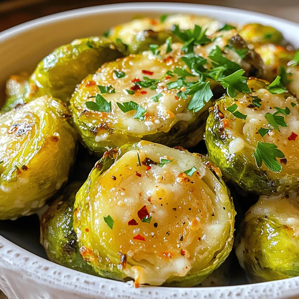 - 1 lb Brussels sprouts, trimmed and halved - 4 cloves garlic, minced - 1/4 cup grated Parmesan cheese - 3 tablespoons olive oil - 1 teaspoon garlic powder - 1/2 teaspoon salt - 1/4 teaspoon black pepper - 1/4 teaspoon red pepper flakes (optional for heat) - Fresh parsley, chopped for garnish Gather these ingredients before you start. Fresh Brussels sprouts are key for the best flavor. Minced garlic adds a punch, while the Parmesan cheese gives a rich taste. Olive oil helps everything roast nicely. - Baking sheet - Parchment paper - Large mixing bowl Using a baking sheet and parchment paper makes cleanup easy. A large mixing bowl helps you combine all the ingredients well. This setup ensures your Brussels sprouts roast evenly and get crispy. When you have all your ingredients and tools ready, you set the stage for a delicious dish. The Garlic Parmesan Roasted Brussels Sprouts will shine on your table. For the full recipe, follow the steps listed in the instructions. - Preheat your oven to 400°F (200°C). - Take 1 pound of Brussels sprouts. Trim and halve them. - Mince 4 cloves of garlic. Set aside in a bowl. - In a large bowl, combine the halved Brussels sprouts and minced garlic. - Add 3 tablespoons of olive oil, 1 teaspoon of garlic powder, 1/2 teaspoon of salt, 1/4 teaspoon of black pepper, and optional red pepper flakes. - Mix until the Brussels sprouts are well-coated with the seasoning. - Spread them in a single layer on a baking sheet lined with parchment paper. - Roast in the oven for 20 minutes. Stir halfway through for even cooking. - After 20 minutes, remove the baking sheet. Sprinkle 1/4 cup of grated Parmesan cheese over the sprouts. - Return to the oven for another 5 to 10 minutes. This makes them crispy and golden brown. - Once done, take them out and garnish with fresh chopped parsley. - Serve immediately for the best taste. For the complete recipe, you can refer to the [Full Recipe]. Cut your Brussels sprouts evenly. This helps them cook at the same rate. When you cut them in half, make sure both sides are similar in size. Uniform pieces roast better. Stir the Brussels sprouts halfway through cooking. This step ensures they brown evenly. It also helps them get crispy on all sides. Just use a spatula to flip them gently. You can add extra spices to change the flavor. Try smoked paprika for a smoky taste. A dash of lemon zest adds brightness. Get creative with your spices! Add Parmesan cheese at the right time. Sprinkle it on the sprouts after the first 20 minutes. This way, it melts perfectly and gets golden without burning. For the best taste, use fresh Parmesan. For the full recipe, check out the complete instructions above. Enjoy your cooking! {{image_2}} You can switch up the main ingredient for a fun twist. If you don’t have Brussels sprouts, try using broccoli or cauliflower. Both vegetables roast well and absorb flavors nicely. They give you a similar crunch and taste with garlic and cheese, too. You can also play with cheese options. If you want a stronger flavor, use Pecorino Romano instead of Parmesan. It adds a nice bite. Another option is to use a mix of cheeses. Try adding mozzarella for creaminess or feta for a tangy kick. Experimenting with cheese can create a whole new dish! For those on a gluten-free diet, this dish is already a great choice. All the ingredients in the recipe are gluten-free. Just ensure that your cheese is labeled gluten-free, as some brands might add fillers. If you want a vegan version, swap the cheese for nutritional yeast. It gives a cheesy flavor without dairy. You can also use olive oil instead of butter for roasting. Make sure to roast the Brussels sprouts until they’re crispy for the best texture. You can still enjoy this dish while sticking to your diet! For the full recipe, check out the Garlic Parmesan Roasted Brussels Sprouts recipe. To store leftovers, place the Brussels sprouts in an airtight container. They will stay fresh for up to three days. Make sure they cool down before sealing. This helps avoid extra moisture, which can make them soggy. To keep the Brussels sprouts crispy, use the oven. Preheat it to 350°F (175°C). Spread the sprouts on a baking sheet and heat for about 10-15 minutes. You can also use an air fryer. Set it to 350°F (175°C) for about 5-7 minutes. This method revives their crunchiness. Avoid using the microwave, as it can make them soft. For best results, enjoy the Garlic Parmesan Roasted Brussels Sprouts right away. For the full recipe, check out the detailed instructions above. Can I make garlic Parmesan roasted Brussels sprouts ahead of time? Yes, you can prepare the Brussels sprouts ahead. Toss them in the oil and spices first. Store in the fridge for up to a day. When ready, roast them as directed. This saves time and lets flavors blend. Can I use frozen Brussels sprouts for this recipe? You can use frozen Brussels sprouts, but fresh ones taste better. If using frozen, thaw and drain them first. Pat them dry with a paper towel. This helps them get crispy when roasted. What should I serve with garlic Parmesan roasted Brussels sprouts? These sprouts pair well with many dishes. Serve them alongside roasted meats or pasta. They also work great as a side for vegetarian meals. Try them with quinoa for a healthy option. How long do I roast the Brussels sprouts for optimal crispiness? Roast the Brussels sprouts for 20 minutes at 400°F. Stir them halfway for even cooking. If you want extra crispiness, roast for another 5-10 minutes after adding the cheese. Can I increase the quantity of garlic? Absolutely! If you love garlic, add more. Try 5 or 6 cloves for a strong flavor. Just be mindful that it can alter the dish's balance. In this post, I guided you through making garlic Parmesan roasted Brussels sprouts. We covered the right ingredients, steps for prep and cooking, and tips for the best results. You learned how to customize the dish with different veggies and spices. These sprouts are not only tasty but also easy to store and reheat. Enjoy this healthy side dish and impress your friends and family. Get cooking and discover your new favorite recipe!