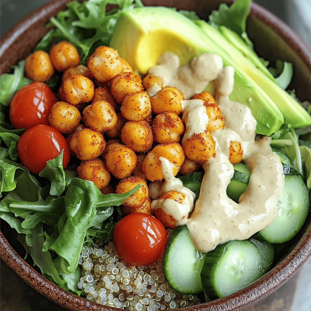 - Chickpeas and Seasonings - 1 can (15 oz) chickpeas, drained and rinsed - 2 tablespoons olive oil - 1 teaspoon smoked paprika - 1 teaspoon garlic powder - ½ teaspoon cumin - Salt and pepper to taste - Base Ingredients (Quinoa and Greens) - 2 cups cooked quinoa - 1 cup cherry tomatoes, halved - 1 avocado, sliced - 1 cup mixed greens (spinach, arugula, etc.) - 1 small cucumber, diced - Toppings and Sauces - ¼ cup tahini - 2 tablespoons lemon juice - Water, as needed for tahini sauce These ingredients make the crispy chickpea Buddha bowl both tasty and healthy. The chickpeas add protein and crunch. The quinoa serves as a lovely base that fills you up. Fresh veggies like cherry tomatoes, cucumber, and greens bring color and nutrients. The tahini sauce ties everything together with a creamy and tangy flavor. For the full recipe, follow the steps laid out in the instructions. You’ll enjoy creating this delightful dish packed with textures and flavors! 1. Preheat the Oven: Start by preheating your oven to 400°F (200°C). This heat makes the chickpeas crispy. 2. Prepare the Chickpeas: Take a can of chickpeas, drain, and rinse them well. Spread them on a baking sheet. Drizzle two tablespoons of olive oil over the chickpeas. Then, sprinkle one teaspoon each of smoked paprika and garlic powder. Add half a teaspoon of cumin, plus salt and pepper to taste. Toss everything to coat the chickpeas evenly. 3. Roast the Chickpeas: Place the baking sheet in the oven. Roast the chickpeas for 25-30 minutes. Shake the pan halfway through to help them cook evenly. They should turn golden and crispy. 4. Cook the Quinoa: While the chickpeas roast, cook two cups of quinoa. Follow the package instructions. Once done, fluff it with a fork and set it aside. 5. Prepare Vegetables: Now, chop one cup of cherry tomatoes in half. Dice one small cucumber. Slice one avocado. Set these aside for the bowl. 6. Make the Tahini Sauce: In a small bowl, whisk together a quarter cup of tahini, two tablespoons of lemon juice, and some water. Add enough water to make it smooth and pourable but not too thin. 7. Assemble the Bowl: Take a serving bowl and layer it. Start with the cooked quinoa, then add mixed greens. Top with the halved cherry tomatoes, diced cucumber, and sliced avocado. Finally, add the crispy chickpeas on top. 8. Drizzle and Serve: Drizzle the tahini sauce over the assembled Buddha bowl. Finish with extra salt or pepper if you like. For the full recipe, check out the Crispy Chickpea Buddha Bowl 🥗. Achieving the Right Crispy Texture To get your chickpeas crispy, make sure they are dry. After rinsing, pat them with a towel. This removes extra moisture. Then, toss them with olive oil and spices. Bake them at 400°F for 25 to 30 minutes. Shake the pan halfway through to cook them evenly. You want them golden and crunchy. Adjusting Seasoning to Taste Seasoning is key. Start with the basics: smoked paprika, garlic powder, cumin, salt, and pepper. Taste your chickpeas before you take them out of the oven. If they need more flavor, sprinkle a bit more salt or spices. Remember, you can always add more but can’t take it away! Timing the Roasting with Other Preparations Timing is important. While your chickpeas roast, you can cook the quinoa and chop your veggies. This saves time. You’ll have a full, delicious meal ready without any fuss. Just keep an eye on the chickpeas as they roast! Making the Tahini Sauce Creamier To make a creamier tahini sauce, add water slowly. Start with a tablespoon and mix. Keep adding until it reaches your desired thickness. The sauce should be thick but pourable. A squeeze of lemon juice adds brightness. Alternative Dressings for Variety If tahini isn’t your favorite, try other dressings. A simple lemon vinaigrette works well. Mix olive oil, lemon juice, and a dash of mustard. For a spicy kick, add sriracha or chili flakes. These dressings can change the flavor and keep meals exciting! For more details on this dish, check the Full Recipe. {{image_2}} Gluten-Free Alternatives If you want a gluten-free Buddha bowl, use quinoa. Quinoa is naturally gluten-free and packed with protein. You can also try brown rice or millet. Both options work well and add unique flavors. Vegan Options This recipe is already vegan, but you can add more plant-based protein. Try adding tofu or tempeh for extra texture and nutrition. These options blend well with the chickpeas. Add Protein Variations If you want more protein, consider adding grilled chicken or shrimp. These will make the dish heartier and more filling. Just ensure they are seasoned well to match the bowl's flavors. Different Grains or Greens Feel free to swap the quinoa for other grains. Barley or farro give a nice chew. For greens, you can use kale or romaine instead of mixed greens. Each has a different taste and texture. Seasonal Vegetable Options You can use seasonal veggies to keep it fresh. In summer, add zucchini or bell peppers. In fall, try roasted sweet potatoes or Brussels sprouts. This not only changes the look but also the taste of your bowl. These variations allow you to customize your Crispy Chickpea Buddha Bowl. Explore different flavors and textures while enjoying a nourishing meal. For the full recipe, check out the Crispy Chickpea Buddha Bowl section above. To store your delicious crispy chickpea Buddha bowl, use an airtight container. This keeps the flavors fresh and prevents sogginess. Separate the chickpeas and veggies from the quinoa if possible. This will help maintain their textures. In the fridge, your leftovers will last about 3-4 days. This gives you a chance to enjoy this tasty meal again later in the week. Just remember to check for any signs of spoilage before eating. When reheating your Buddha bowl, the oven is your best friend. Preheat it to 350°F (175°C). Place your bowl on a baking sheet and warm it for about 10-15 minutes. This helps keep the chickpeas crispy. If you're in a rush, you can use the microwave. Just make sure to cover your bowl to keep moisture in. Heat in short bursts of 30 seconds, stirring in between. To keep it fresh, add any remaining veggies after reheating. This will help them stay crisp and vibrant. Enjoy your tasty, easy-to-make meal with confidence! For the full recipe, check the detailed instructions above. Can I use canned chickpeas or dried? You can use both! Canned chickpeas are quick and easy. Just drain and rinse them. Dried chickpeas need soaking and cooking first. This takes more time but can have a fresher taste. What can I substitute for tahini? If you don’t have tahini, try peanut butter or almond butter. You can also use sunflower seed butter. These options add creaminess and flavor, but the taste will change slightly. Is this recipe suitable for meal prep? Yes, this recipe is great for meal prep! You can cook extra quinoa and chickpeas. Store them in containers. Keep the tahini sauce separate to avoid sogginess. This way, you can enjoy fresh bowls throughout the week. How can I make it spicier? To add heat, use cayenne pepper or red pepper flakes. You can also add hot sauce to the tahini sauce. Adjust the amount based on your spice level. Enjoy the kick! Caloric Content Each serving of the crispy chickpea Buddha bowl has about 450 calories. This number can change based on your toppings and portion sizes. Macronutrient Breakdown The bowl mainly consists of: - Protein: Chickpeas and quinoa provide good protein. - Carbohydrates: Quinoa offers complex carbs for energy. - Fats: Olive oil and tahini add healthy fats. This meal is balanced and keeps you full! You learned how to make a delicious Buddha bowl with crispy chickpeas and tasty toppings. We covered each ingredient, from quinoa to tahini sauce. The tips will help you perfect your dish and store leftovers well. You even explored dietary swaps to fit your needs. Now, you have all the tools to create this healthy meal. Enjoy your cooking journey and share your tasty creations!