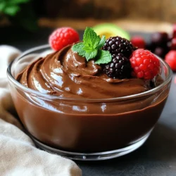 - 2 ripe avocados, peeled and pitted - 1/2 cup unsweetened cocoa powder - 1/2 cup pure maple syrup - 1/4 cup almond milk (or any plant-based milk) - 1 teaspoon vanilla extract - A pinch of sea salt The main stars of this recipe are ripe avocados, cocoa powder, and maple syrup. Ripe avocados give the mousse its rich and creamy texture. Make sure your avocados are soft but not overripe. Cocoa powder adds that deep chocolate flavor we all love. Pure maple syrup brings sweetness without any refined sugars. - Fresh berries - Mint leaves You can dress up your mousse with fresh berries. Strawberries, raspberries, or blueberries add color and a fruity kick. Mint leaves also make a lovely garnish. They add a fresh touch that brightens the dish. - Alternative sweeteners - Different plant-based milk options If you want, you can use other sweeteners. Agave syrup or date syrup can work well. For plant-based milk, try oat milk or soy milk instead of almond milk. These options can change the flavor slightly but still keep it delicious. To start, I grab two ripe avocados. Ripe avocados feel soft when you press them. I peel them and remove the pits. The flesh goes straight into my food processor. Next, I measure out my cocoa powder, maple syrup, almond milk, vanilla extract, and sea salt. I add all these ingredients to the food processor with the avocados. Now comes the fun part—blending! I turn on the food processor. I want to blend until it’s smooth and creamy. This might take a minute or two. If I notice chunks, I stop the processor and scrape down the sides. I do this to make sure everything mixes well. After blending, I taste the mousse. If it needs more sweetness, I add extra maple syrup. Then, I blend it again to mix it in. Chilling the mousse is key. I place it in the fridge for at least 30 minutes. This helps the flavors blend even more and makes it thicker. When it's time to serve, I scoop it into bowls or cups. I love to add fresh berries and a sprig of mint on top for a nice touch. It looks great and tastes even better. For the full recipe, check out the link! To get the best taste in your mousse, adjust the sweetness. If you like it sweeter, add more maple syrup. Always taste your mousse before serving. This way, you can ensure it fits your flavor. Blending is key for a creamy texture. Use a strong food processor or blender. Make sure to scrape down the sides often. This helps mix everything well. Blend until smooth and no lumps remain. Store your mousse in an airtight container. It keeps well in the fridge for up to three days. To avoid browning, cover the top with plastic wrap. This helps keep it fresh and tasty. If you have leftover mousse, try using it in smoothies. Blend it with some almond milk and a banana. You can make a quick and yummy drink! Pair your mousse with fresh fruit. Berries work great for a bright touch. You can also serve it with a nutty granola for crunch. For a fun twist, layer the mousse in a glass with crushed cookies. This makes a beautiful dessert. Adding a sprig of mint on top always looks nice and fresh. Enjoy your delicious Vegan Chocolate Avocado Mousse! For the full recipe, check out the earlier section. {{image_2}} You can make this mousse even better with some simple tweaks. Adding spices like cinnamon gives a warm kick. Just a pinch of cinnamon can make a big difference. You can also try infusing the mousse with coffee. A shot of espresso adds depth and richness. Sea salt can also enhance the chocolate flavor. Just a small pinch balances the sweetness perfectly. If you need nut-free options, use oat milk instead of almond milk. Oat milk gives a nice creamy texture without the nuts. You can also consider low-sugar variations. Instead of maple syrup, try using a low-calorie sweetener. This way, you can enjoy the mousse without the extra sugar. Want to change the number of servings? It’s easy! Just adjust the ingredients based on how many people you serve. If you want to double it, just double each ingredient. For smaller servings, cut the amounts in half. Remember to convert measurements if needed. Use a kitchen scale for the best results. This helps with precision and ensures your mousse stays delicious. For the full recipe, check out the detailed instructions above! Store your vegan chocolate avocado mousse in an airtight container. Glass or plastic containers work great. This mousse can last in the fridge for up to 5 days. Always check for freshness before serving. You can freeze the mousse if you want to save some for later. To freeze, put the mousse in a freezer-safe container. Leave some space at the top for expansion. When you’re ready to eat, thaw it in the fridge overnight. This keeps the texture nice and creamy. Watch for signs of spoilage. If the mousse looks brown or smells off, toss it out. To keep it fresh, use a clean spoon each time you serve. This helps keep bacteria away and keeps the flavor bright and tasty. You can use ripe bananas, but the taste will change. Bananas add sweetness and a fruity flavor. Avocados give a creamy texture and rich taste. If you want that chocolatey flavor, stick with avocados. The mousse lasts about three days in the fridge. Keep it in an airtight container to stay fresh. After three days, it may lose its creaminess and flavor. Yes! You can easily make it nut-free. Just replace almond milk with oat or soy milk. This keeps the mousse creamy without using any nuts. Serve the mousse in small cups or bowls. Add fresh berries or mint leaves on top for color. You can also drizzle some extra maple syrup for added sweetness. Yes, you can make this mousse a day ahead. Just store it in the fridge until you're ready to serve. Chilling it allows the flavors to mix well. This recipe yields about four servings. Each serving is rich and satisfying, making it a perfect dessert for sharing. If you have more guests, feel free to double the recipe. For the full recipe, check the earlier section. To wrap up, we explored how to make a tasty Vegan Chocolate Avocado Mousse. We covered the key ingredients like ripe avocados and cocoa powder. I shared tips on blending and chilling for the best texture. You learned about fun variations and storage tips too. Remember, this mousse is not just delicious but also healthy. Try adding spices or using different sweeteners to make it your own. You can impress friends and family with this simple recipe. Enjoy every creamy bite!