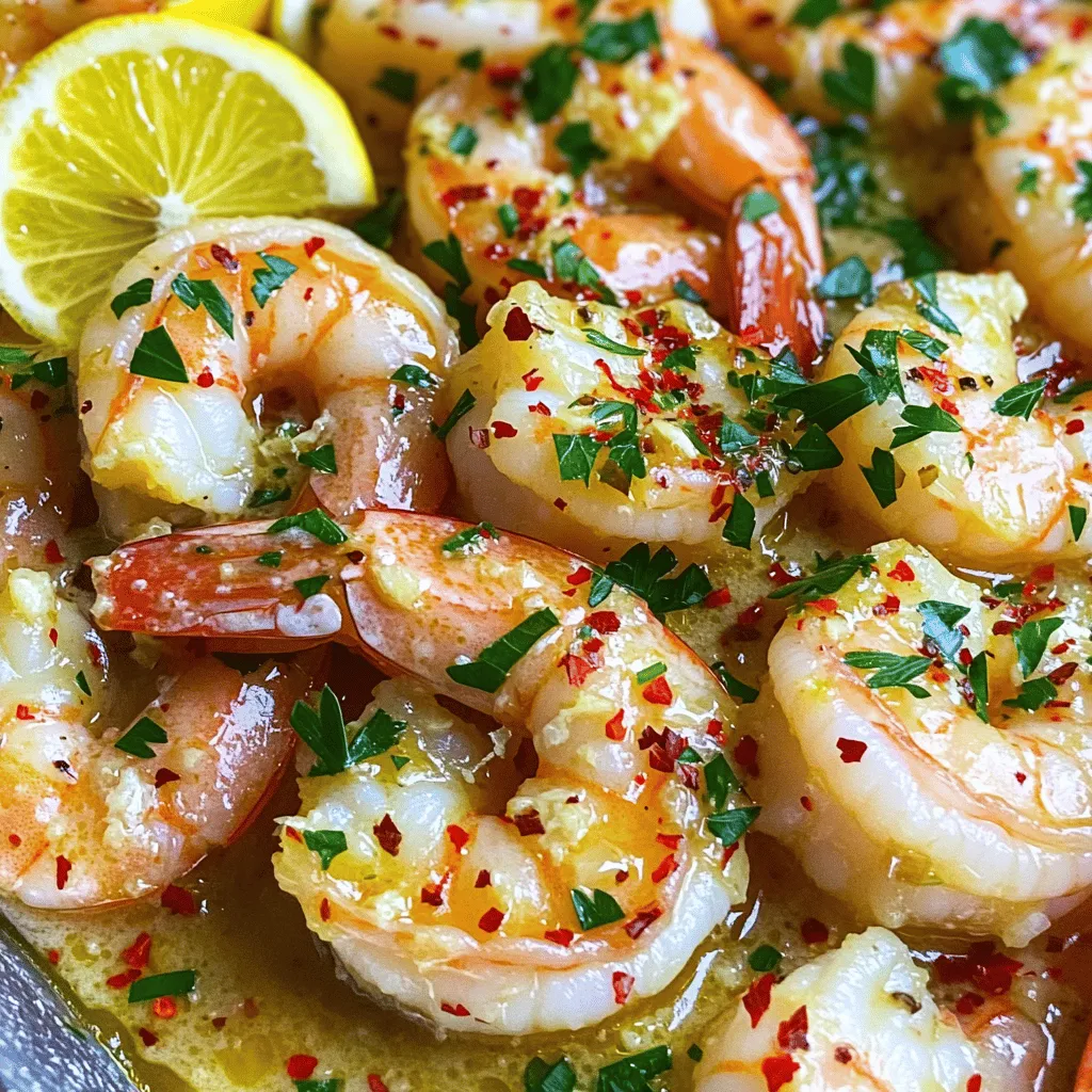 - 1 pound large shrimp, peeled and deveined - 4 tablespoons unsalted butter - 4 cloves garlic, minced - Zest and juice of 1 lemon The shrimp are the star of this dish. Use large shrimp for the best bite. The butter adds richness, while the garlic brings a savory note. Fresh lemon zest and juice brighten the whole dish. This simple mix creates a base for amazing flavor. - 1 teaspoon red pepper flakes - Salt and pepper to taste - 2 tablespoons fresh parsley, chopped - Lemon slices for garnish Red pepper flakes add a touch of heat. Adjust the amount based on your spice preference. Salt and pepper enhance all the flavors. Fresh parsley gives a pop of color and freshness. Lemon slices make a lovely garnish and add even more lemony flavor. - 1 tablespoon olive oil Olive oil is perfect for sautéing. It helps cook the garlic without burning it. This oil also adds a nice depth to the dish. Be sure to heat it before adding the garlic for the best flavor. For the full recipe, check out the Lemon Garlic Butter Shrimp section! 1. Heat 1 tablespoon of olive oil in a large skillet over medium heat. 2. Once the oil is hot, add 4 cloves of minced garlic and 1 teaspoon of red pepper flakes. Sauté for about 1 minute until fragrant. Be careful not to burn the garlic; it can turn bitter quickly. 1. Add 1 pound of peeled and deveined shrimp to the skillet. Season with salt and pepper to taste. Cook for 2-3 minutes on one side. 2. Flip the shrimp over. Now, add 4 tablespoons of unsalted butter, the zest of 1 lemon, and the juice of 1 lemon. Cook for another 2-3 minutes. The shrimp should turn pink and opaque. 1. Remove the skillet from heat. Toss in 2 tablespoons of chopped fresh parsley for freshness. 2. Serve the shrimp immediately. Garnish with lemon slices for a bright, cheerful touch. Enjoy your meal! For the complete recipe, check out the Full Recipe. To cook shrimp well, heat your skillet first. I like to use medium heat. This helps the shrimp cook evenly. Add olive oil before the shrimp. It helps in preventing sticking. When sautéing shrimp, do not crowd the pan. If you add too many at once, they will steam instead of sear. This affects the texture. Cook in batches if needed. To avoid overcooking, watch the color closely. Shrimp turn pink and opaque when done. This usually takes only 2 to 3 minutes per side. If you cook too long, they become rubbery. To boost flavor, add spices or herbs. Try thyme or basil for a fresh twist. You can also add a pinch of smoked paprika. This adds depth to the dish. Balancing flavors is key. You can use a splash of vinegar or a bit of sugar. This helps to enhance the lemon's tartness. A touch of honey can add sweetness, too. This dish pairs well with many sides. Serve it over rice or with pasta. Garlic bread is also a great choice to soak up the sauce. For drinks, a crisp white wine works best. Consider a Sauvignon Blanc or a light Pinot Grigio. These wines complement the lemon and shrimp flavors well. For more details on making this dish, check out the Full Recipe. {{image_2}} You can change the flavor of lemon garlic butter shrimp easily. Adding herbs like thyme or basil can boost taste. Thyme offers a warm, earthy note, while basil brings a fresh touch. Both make the dish pop. You can also use other citrus fruits. Lime or orange zest adds a fun twist. Lime gives a tart kick, and orange adds sweetness. Try mixing these flavors to find your favorite! You can adjust the heat level to your liking. If you want more spice, try different pepper types. Jalapeños or serranos can add a fresh bite. You can also use hot sauce instead of red pepper flakes. This option lets you control the heat easily. Just add a few dashes while cooking to ramp up the fire! Making lemon garlic butter shrimp gluten-free is simple. Just ensure your butter and seasoning do not contain gluten. For a vegetarian option, use mushrooms or tofu instead of shrimp. Cook them in the same way for a tasty dish. This way, everyone can enjoy the flavors! Feel free to check the Full Recipe for more details! Store your Lemon Garlic Butter Shrimp in an airtight container. Keep it in the fridge. This helps keep it fresh and tasty. Use it within 2 days for the best flavor. After this time, the shrimp may lose its quality and texture. If you want to save it for later, freezing is a great option. First, let the shrimp cool completely. Then, place it in a freezer-safe bag. Make sure to remove as much air as possible. This will prevent freezer burn. You can freeze it for up to 3 months. When you're ready to eat, move it to the fridge a day before. This slow thaw helps keep the shrimp juicy and flavorful. To reheat, you can use a skillet or microwave. A skillet works best. Heat it on low and add a splash of water or broth. This keeps the shrimp moist. Stir gently until it warms up. If using a microwave, place the shrimp in a microwave-safe dish. Add a little water and cover it. Heat in short bursts, stirring in between. This way, you avoid overcooking. Enjoy your meal with all its tasty flavors! Check out the Full Recipe for more details. Shrimp should reach an internal temperature of 120°F (49°C). Cooking shrimp to this temperature ensures they are safe to eat and fully cooked. When shrimp are at this temperature, they turn pink and firm up. This means you can enjoy their sweet and briny flavor without worry. Yes, you can use frozen shrimp. They are often just as good as fresh shrimp. To use frozen shrimp, simply thaw them first. Place them in a bowl of cold water for about 15-20 minutes. You can also leave them in the fridge overnight. This helps keep their texture nice. If you use frozen shrimp, be sure to adjust your cooking time slightly. Frozen shrimp may take a minute longer to cook. Look for these signs to tell if shrimp are cooked: - They turn pink and opaque. - They curl into a C shape. - They feel firm to the touch. These signs show your shrimp are ready to eat. If they are still translucent or feel mushy, keep cooking for another minute or two. Enjoy your delicious Lemon Garlic Butter Shrimp with these tips in mind! For the Full Recipe, check out the section above. This blog post covered an easy shrimp recipe using simple ingredients. You learned about the main ingredients like shrimp, butter, and garlic. I explained how to cook shrimp and suggested tips for great taste. Variations allow you to mix things up, whether you prefer spice or herbs. Lastly, I shared storage tips to keep your dish fresh. Cooking shrimp can be fun and rewarding, so grab your ingredients and get started!