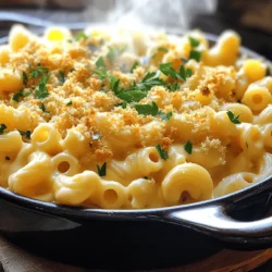 - 2 cups elbow macaroni - 4 cups vegetable broth - 1 cup heavy cream - 2 cups shredded sharp cheddar cheese - 1 cup shredded mozzarella cheese - 1 teaspoon garlic powder - 1 teaspoon onion powder - 1 teaspoon mustard powder - Salt and pepper to taste - 1 tablespoon olive oil - ½ cup breadcrumbs (optional for topping) - Fresh parsley, chopped (for garnish) Heavy cream makes this dish rich and creamy. It helps create that velvety texture you want. Without it, your mac and cheese may taste dry. Cheese choice is key for flavor. Sharp cheddar gives a bold taste. Mozzarella adds stretchiness and extra creaminess. Together, they create a delightful mix that melts beautifully. For those with dietary restrictions, you can swap out some ingredients. Use gluten-free pasta if needed. You can also use nut milk or coconut cream instead of heavy cream for a lighter version. If you want to try different cheeses, go for gouda or pepper jack. These cheeses add unique flavors and textures to your mac and cheese. To start, grab a large pot. Heat the olive oil over medium heat. This oil helps make the dish rich. Next, add the elbow macaroni and vegetable broth. Stir it well to combine. Bring the mixture to a boil. Once boiling, lower the heat to low and cover the pot. Let it simmer for about 8 to 10 minutes. Stir occasionally to stop the pasta from sticking. After the macaroni is tender, it’s time to add cream and spices. Pour in the heavy cream, garlic powder, onion powder, mustard powder, salt, and pepper. These ingredients add depth to the flavor. Now comes the fun part: add the cheese! Gradually stir in the shredded cheddar and mozzarella cheese. Keep stirring until the cheese melts and the sauce becomes creamy. This step makes your mac and cheese truly special. If you want a crispy top, preheat your broiler. Transfer your mac and cheese to an oven-safe dish. Sprinkle breadcrumbs on top for added crunch. Broil for 2 to 3 minutes, watching closely. You want the breadcrumbs to turn golden brown. This step adds a nice texture contrast to the creamy mac and cheese. To keep your mac and cheese creamy, stir often. Stirring helps mix the cheese and cream well. If your pot is too hot, the cheese might clump. Keep the heat low when adding the cheese. This gives it a chance to melt smoothly. Use freshly shredded cheese for the best melt. Pre-shredded cheese often has additives that can make it grainy. Choose a large pot with a heavy bottom. This helps distribute heat evenly. If your stove cooks unevenly, watch closely. You may need to adjust the heat as you cook. A pot that is too small can cause spills. Always make sure you have enough space for stirring. You can spice it up with garlic or onion powder. Add a pinch of smoked paprika for a nice kick. Try sautéing veggies like spinach or mushrooms before adding them. Cooked chicken or bacon pieces can make it heartier. These add-ins bring more flavor and texture to your dish. For a fresh touch, sprinkle fresh herbs like parsley or chives before serving. {{image_2}} Mixing cheeses can change your mac and cheese game. I love using sharp cheddar for its bold taste. Pair it with mozzarella for that gooey texture. For a twist, try adding gouda or pepper jack. Gouda gives a creamy finish, while pepper jack adds a spicy kick. Feel free to experiment! Each cheese brings its own flavor. You can create a unique dish with just a few changes. If you need gluten-free options, use gluten-free pasta. Many brands offer elbow macaroni that tastes great. This keeps your dish creamy and delicious without the gluten. For vegan options, swap heavy cream with cashew cream or coconut milk. Use nutritional yeast instead of cheese for that cheesy flavor. These choices keep your mac and cheese tasty and friendly for various diets. Want to shake things up? Add proteins like cooked chicken, bacon, or even shrimp. These add heartiness and make the dish more filling. For extra flavor, mix in fresh herbs like basil or thyme. You can also sprinkle in spices like paprika or cayenne for heat. These simple changes make your mac and cheese exciting every time you make it. For the complete recipe, check the Full Recipe. To keep your One-Pot Creamy Mac and Cheese fresh, store the leftovers in the fridge. First, let the dish cool to room temperature. Then, transfer it to airtight containers. This helps keep it creamy and prevents drying out. Use glass or plastic containers that seal well. Label them with the date to track freshness. When you’re ready to enjoy your mac and cheese again, you have a few options. The microwave is quick and easy. Place a serving in a bowl, cover it with a damp paper towel, and heat for 1-2 minutes. Stir halfway to ensure even heating. For the stovetop, add a splash of milk in a pot over low heat. Stir constantly until warm. This method helps keep the creamy texture. Avoid high heat, as it can dry out the dish. Yes, you can freeze One-Pot Creamy Mac and Cheese! To do this, let it cool completely. Then, spoon it into freezer-safe containers. Leave some space at the top for expansion. Seal tightly and label with the date. To thaw, move it to the fridge overnight. Reheat using the stovetop method for best results. This keeps the creaminess you love. Enjoy your delicious mac and cheese anytime! Yes, you can make this recipe ahead of time. To prepare, cook the mac and cheese as directed. Once done, let it cool. Then, store it in an airtight container in the fridge for up to three days. When ready to serve, reheat it gently on the stove. Add a splash of milk to restore creaminess. Stir well to heat evenly. If you want a lighter version, there are great substitutes for heavy cream. Here are some options: - Whole milk: It gives a creamy texture but is lighter. - Half-and-half: This blend of cream and milk works well. - Greek yogurt: It adds creaminess and a slight tang. - Coconut milk: This option is dairy-free and adds a nice flavor. - Silken tofu: Blend it for a smooth, creamy substitute. Absolutely! This recipe is very flexible. You can use different pasta shapes based on what you have. Some great options include: - Shells: They hold the cheese sauce well. - Penne: Their ridges catch the creamy sauce. - Fusilli: Twists and turns provide extra sauce coverage. - Rotini: Similar to fusilli, they trap the sauce nicely. Feel free to experiment with whatever pasta you enjoy! This blog post covered how to make creamy mac and cheese. We discussed key ingredients, their roles, and how to customize them. Step-by-step instructions made cooking easy. I shared tips for perfect creaminess and cooking techniques. Lastly, we explored variations for dietary needs and storage tips. Enjoy creating your unique dish! With the right ingredients and methods, you can make a delicious meal that fits your taste. Try new flavors and have fun in the kitchen!