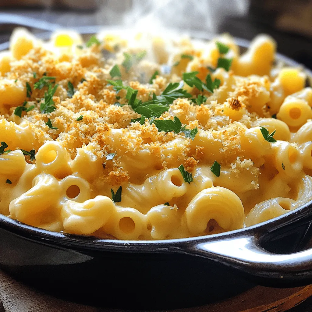 - 2 cups elbow macaroni - 4 cups vegetable broth - 1 cup heavy cream - 2 cups shredded sharp cheddar cheese - 1 cup shredded mozzarella cheese - 1 teaspoon garlic powder - 1 teaspoon onion powder - 1 teaspoon mustard powder - Salt and pepper to taste - 1 tablespoon olive oil - ½ cup breadcrumbs (optional for topping) - Fresh parsley, chopped (for garnish) Heavy cream makes this dish rich and creamy. It helps create that velvety texture you want. Without it, your mac and cheese may taste dry. Cheese choice is key for flavor. Sharp cheddar gives a bold taste. Mozzarella adds stretchiness and extra creaminess. Together, they create a delightful mix that melts beautifully. For those with dietary restrictions, you can swap out some ingredients. Use gluten-free pasta if needed. You can also use nut milk or coconut cream instead of heavy cream for a lighter version. If you want to try different cheeses, go for gouda or pepper jack. These cheeses add unique flavors and textures to your mac and cheese. To start, grab a large pot. Heat the olive oil over medium heat. This oil helps make the dish rich. Next, add the elbow macaroni and vegetable broth. Stir it well to combine. Bring the mixture to a boil. Once boiling, lower the heat to low and cover the pot. Let it simmer for about 8 to 10 minutes. Stir occasionally to stop the pasta from sticking. After the macaroni is tender, it’s time to add cream and spices. Pour in the heavy cream, garlic powder, onion powder, mustard powder, salt, and pepper. These ingredients add depth to the flavor. Now comes the fun part: add the cheese! Gradually stir in the shredded cheddar and mozzarella cheese. Keep stirring until the cheese melts and the sauce becomes creamy. This step makes your mac and cheese truly special. If you want a crispy top, preheat your broiler. Transfer your mac and cheese to an oven-safe dish. Sprinkle breadcrumbs on top for added crunch. Broil for 2 to 3 minutes, watching closely. You want the breadcrumbs to turn golden brown. This step adds a nice texture contrast to the creamy mac and cheese. To keep your mac and cheese creamy, stir often. Stirring helps mix the cheese and cream well. If your pot is too hot, the cheese might clump. Keep the heat low when adding the cheese. This gives it a chance to melt smoothly. Use freshly shredded cheese for the best melt. Pre-shredded cheese often has additives that can make it grainy. Choose a large pot with a heavy bottom. This helps distribute heat evenly. If your stove cooks unevenly, watch closely. You may need to adjust the heat as you cook. A pot that is too small can cause spills. Always make sure you have enough space for stirring. You can spice it up with garlic or onion powder. Add a pinch of smoked paprika for a nice kick. Try sautéing veggies like spinach or mushrooms before adding them. Cooked chicken or bacon pieces can make it heartier. These add-ins bring more flavor and texture to your dish. For a fresh touch, sprinkle fresh herbs like parsley or chives before serving. {{image_2}} Mixing cheeses can change your mac and cheese game. I love using sharp cheddar for its bold taste. Pair it with mozzarella for that gooey texture. For a twist, try adding gouda or pepper jack. Gouda gives a creamy finish, while pepper jack adds a spicy kick. Feel free to experiment! Each cheese brings its own flavor. You can create a unique dish with just a few changes. If you need gluten-free options, use gluten-free pasta. Many brands offer elbow macaroni that tastes great. This keeps your dish creamy and delicious without the gluten. For vegan options, swap heavy cream with cashew cream or coconut milk. Use nutritional yeast instead of cheese for that cheesy flavor. These choices keep your mac and cheese tasty and friendly for various diets. Want to shake things up? Add proteins like cooked chicken, bacon, or even shrimp. These add heartiness and make the dish more filling. For extra flavor, mix in fresh herbs like basil or thyme. You can also sprinkle in spices like paprika or cayenne for heat. These simple changes make your mac and cheese exciting every time you make it. For the complete recipe, check the Full Recipe. To keep your One-Pot Creamy Mac and Cheese fresh, store the leftovers in the fridge. First, let the dish cool to room temperature. Then, transfer it to airtight containers. This helps keep it creamy and prevents drying out. Use glass or plastic containers that seal well. Label them with the date to track freshness. When you’re ready to enjoy your mac and cheese again, you have a few options. The microwave is quick and easy. Place a serving in a bowl, cover it with a damp paper towel, and heat for 1-2 minutes. Stir halfway to ensure even heating. For the stovetop, add a splash of milk in a pot over low heat. Stir constantly until warm. This method helps keep the creamy texture. Avoid high heat, as it can dry out the dish. Yes, you can freeze One-Pot Creamy Mac and Cheese! To do this, let it cool completely. Then, spoon it into freezer-safe containers. Leave some space at the top for expansion. Seal tightly and label with the date. To thaw, move it to the fridge overnight. Reheat using the stovetop method for best results. This keeps the creaminess you love. Enjoy your delicious mac and cheese anytime! Yes, you can make this recipe ahead of time. To prepare, cook the mac and cheese as directed. Once done, let it cool. Then, store it in an airtight container in the fridge for up to three days. When ready to serve, reheat it gently on the stove. Add a splash of milk to restore creaminess. Stir well to heat evenly. If you want a lighter version, there are great substitutes for heavy cream. Here are some options: - Whole milk: It gives a creamy texture but is lighter. - Half-and-half: This blend of cream and milk works well. - Greek yogurt: It adds creaminess and a slight tang. - Coconut milk: This option is dairy-free and adds a nice flavor. - Silken tofu: Blend it for a smooth, creamy substitute. Absolutely! This recipe is very flexible. You can use different pasta shapes based on what you have. Some great options include: - Shells: They hold the cheese sauce well. - Penne: Their ridges catch the creamy sauce. - Fusilli: Twists and turns provide extra sauce coverage. - Rotini: Similar to fusilli, they trap the sauce nicely. Feel free to experiment with whatever pasta you enjoy! This blog post covered how to make creamy mac and cheese. We discussed key ingredients, their roles, and how to customize them. Step-by-step instructions made cooking easy. I shared tips for perfect creaminess and cooking techniques. Lastly, we explored variations for dietary needs and storage tips. Enjoy creating your unique dish! With the right ingredients and methods, you can make a delicious meal that fits your taste. Try new flavors and have fun in the kitchen!