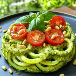 - 3 medium zucchinis, spiralized into noodles - 1 ripe avocado - 1 cup fresh basil leaves - 2 tablespoons lemon juice - 2 tablespoons pine nuts (lightly toasted) - 2 tablespoons nutritional yeast (optional for cheesy flavor) - 2 cloves garlic, minced - 3 tablespoons olive oil - Salt and pepper to taste - Cherry tomatoes, halved (for garnish) - Extra pine nuts for garnish When I make Zucchini Noodles with Pesto, I love to keep it fresh and simple. The main ingredients are key for a great dish. I use three medium zucchinis, which I spiralize into fun noodle shapes. This step adds a playful touch to the meal. Next, I grab a ripe avocado. It brings creaminess to the pesto, making it rich and smooth. I also add a cup of fresh basil leaves. The basil gives a bright flavor that complements the dish perfectly. For the additional ingredients, I squeeze in two tablespoons of lemon juice. This adds a zesty kick that balances the dish. I also use two tablespoons of lightly toasted pine nuts. They add a nice crunch and depth to the pesto. If you want a cheesy flavor, try adding two tablespoons of nutritional yeast. When it comes to seasoning and garnishing, I use two cloves of minced garlic. Garlic gives the pesto a bold taste. I mix in three tablespoons of olive oil for smoothness. I always season with salt and pepper to taste. Finally, for garnish, I like to add halved cherry tomatoes and extra pine nuts. They bring color and freshness to the plate. For the full recipe, check out the link above. Start by spiralizing the zucchinis to create noodle-like strands. I use a spiralizer, which makes this easy and fun. Once you have your zoodles, set them aside on paper towels. This helps absorb excess moisture and keeps the noodles from getting soggy. Next, we’ll make the creamy avocado pesto. In a food processor, combine the ripe avocado, fresh basil leaves, lemon juice, toasted pine nuts, nutritional yeast, minced garlic, and olive oil. Blend these ingredients until they turn smooth and creamy. The vibrant green color will catch your eye! Now it’s time to bring it all together. Season the avocado pesto with salt and pepper to taste. If you want a bit more zing, feel free to adjust the lemon juice. In a large mixing bowl, toss the zucchini noodles with the avocado pesto. Make sure all the noodles are well coated in that delicious sauce. Let the zoodles sit for about five minutes. This allows them to soften slightly and soak up all those amazing flavors. For the full cooking experience, check out the Full Recipe. Adjusting your lemon juice is key. A little more will add a nice zing. If you want more crunch, add extra pine nuts. They bring a lovely texture to the dish. To store leftover zucchini noodles, place them in an airtight container. Keep them in the fridge for up to two days. To keep pesto fresh, store it in a jar with a layer of olive oil on top. This helps seal in the flavor and color. For a tasty twist, consider adding grilled chicken or shrimp. These proteins pair well with the creamy pesto. For a beautiful presentation, arrange the zoodles in a nest shape on the plate. Drizzle leftover pesto around the edges for a colorful touch. Garnish with fresh basil leaves or halved cherry tomatoes for added flair. {{image_2}} For a fully plant-based dish, keep the recipe vegan by using the ingredients listed. The avocado and basil create a rich, creamy sauce. You can skip the nutritional yeast if you want. It adds a cheesy flavor but is not needed. Use fresh, organic ingredients for the best taste. This will ensure your dish is healthy and vibrant. Want to make your zucchini noodles heartier? Add protein! Grilled chicken, shrimp, or tofu are great choices. Grill the chicken or shrimp until cooked through. For tofu, press it to remove excess liquid, then sauté until golden. Mix your protein into the noodles and pesto for a filling meal. Looking to spice things up? Try adding a pinch of red pepper flakes for heat. Fresh herbs like parsley or mint can also enhance the flavor. A squeeze of lime juice adds brightness, too. Experiment with these options to find your perfect blend. Each will give your dish a unique twist. To store leftover zucchini noodles and pesto, keep them in separate airtight containers. This helps maintain their textures and flavors. Zucchini noodles can last in the fridge for about 2 days. The pesto stays fresh for up to a week. If you notice any browning on the pesto, simply stir it before using. You can freeze zucchini noodles and pesto separately for long-term storage. For zucchini noodles, place them in a freezer-safe bag. Remove as much air as possible, then seal. They can last for about 2 months in the freezer. For pesto, store it in ice cube trays for easy use later. Once frozen, transfer cubes to a bag. This method keeps the pesto good for 3-6 months. Understanding the shelf life of each component is key. Zucchini noodles are best when fresh but can last up to 2 days in the fridge. Pesto can last about a week in the fridge. When frozen, zucchini noodles last about 2 months, while pesto can be stored for 3-6 months. Always check for signs of spoilage before using. To keep zucchini noodles firm, start by spiralizing them. After spiralizing, place the zoodles on paper towels. This step helps absorb extra moisture. Let them rest for about 20 minutes. You can also sprinkle salt on them. Salt draws out water, making the noodles less soggy. Finally, avoid cooking them for too long. Quick sautéing or serving them raw works best. Yes, you can make avocado pesto ahead of time. Just blend all the ingredients and store it in a jar. To keep it fresh, press plastic wrap against the surface. This step prevents oxidation, which causes browning. You can keep it in the fridge for up to three days. Stir it well before using to restore its creamy texture. If you don’t have pine nuts, try using walnuts or almonds. Both nuts add a nice crunch and flavor. Sunflower seeds are another great option for a nut-free pesto. They blend smoothly and keep the recipe creamy. If you want a different taste, try using cashews. They offer a rich, buttery flavor that works well in pesto. Serve zucchini noodles in a bowl or on a plate. Place the zoodles in a nest shape for a fun look. Drizzle any leftover pesto around the edge for color. Top with halved cherry tomatoes for freshness. You can also sprinkle extra pine nuts on top for crunch. Fresh basil leaves make a great garnish too. Zucchini noodles are low in calories and carbs, making them a healthy choice. They provide vitamins A and C, which support your immune system. Zucchini is high in fiber, aiding digestion. This veggie is also hydrating, as it contains a lot of water. In contrast to traditional pasta, zucchini noodles offer more nutrients and fewer empty calories. This blog post shared how to make delicious zucchini noodles with avocado pesto. You learned about the key ingredients, steps to prepare them, and helpful tips for storage and variations. Whether you want a vegan meal or to add protein, this dish offers options. Enjoy crafting this fresh and healthy meal! It’s simple and tasty for any day. Try it out, and you might find a new favorite!
