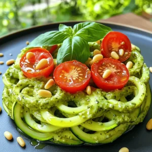 - 3 medium zucchinis, spiralized into noodles - 1 ripe avocado - 1 cup fresh basil leaves - 2 tablespoons lemon juice - 2 tablespoons pine nuts (lightly toasted) - 2 tablespoons nutritional yeast (optional for cheesy flavor) - 2 cloves garlic, minced - 3 tablespoons olive oil - Salt and pepper to taste - Cherry tomatoes, halved (for garnish) - Extra pine nuts for garnish When I make Zucchini Noodles with Pesto, I love to keep it fresh and simple. The main ingredients are key for a great dish. I use three medium zucchinis, which I spiralize into fun noodle shapes. This step adds a playful touch to the meal. Next, I grab a ripe avocado. It brings creaminess to the pesto, making it rich and smooth. I also add a cup of fresh basil leaves. The basil gives a bright flavor that complements the dish perfectly. For the additional ingredients, I squeeze in two tablespoons of lemon juice. This adds a zesty kick that balances the dish. I also use two tablespoons of lightly toasted pine nuts. They add a nice crunch and depth to the pesto. If you want a cheesy flavor, try adding two tablespoons of nutritional yeast. When it comes to seasoning and garnishing, I use two cloves of minced garlic. Garlic gives the pesto a bold taste. I mix in three tablespoons of olive oil for smoothness. I always season with salt and pepper to taste. Finally, for garnish, I like to add halved cherry tomatoes and extra pine nuts. They bring color and freshness to the plate. For the full recipe, check out the link above. Start by spiralizing the zucchinis to create noodle-like strands. I use a spiralizer, which makes this easy and fun. Once you have your zoodles, set them aside on paper towels. This helps absorb excess moisture and keeps the noodles from getting soggy. Next, we’ll make the creamy avocado pesto. In a food processor, combine the ripe avocado, fresh basil leaves, lemon juice, toasted pine nuts, nutritional yeast, minced garlic, and olive oil. Blend these ingredients until they turn smooth and creamy. The vibrant green color will catch your eye! Now it’s time to bring it all together. Season the avocado pesto with salt and pepper to taste. If you want a bit more zing, feel free to adjust the lemon juice. In a large mixing bowl, toss the zucchini noodles with the avocado pesto. Make sure all the noodles are well coated in that delicious sauce. Let the zoodles sit for about five minutes. This allows them to soften slightly and soak up all those amazing flavors. For the full cooking experience, check out the Full Recipe. Adjusting your lemon juice is key. A little more will add a nice zing. If you want more crunch, add extra pine nuts. They bring a lovely texture to the dish. To store leftover zucchini noodles, place them in an airtight container. Keep them in the fridge for up to two days. To keep pesto fresh, store it in a jar with a layer of olive oil on top. This helps seal in the flavor and color. For a tasty twist, consider adding grilled chicken or shrimp. These proteins pair well with the creamy pesto. For a beautiful presentation, arrange the zoodles in a nest shape on the plate. Drizzle leftover pesto around the edges for a colorful touch. Garnish with fresh basil leaves or halved cherry tomatoes for added flair. {{image_2}} For a fully plant-based dish, keep the recipe vegan by using the ingredients listed. The avocado and basil create a rich, creamy sauce. You can skip the nutritional yeast if you want. It adds a cheesy flavor but is not needed. Use fresh, organic ingredients for the best taste. This will ensure your dish is healthy and vibrant. Want to make your zucchini noodles heartier? Add protein! Grilled chicken, shrimp, or tofu are great choices. Grill the chicken or shrimp until cooked through. For tofu, press it to remove excess liquid, then sauté until golden. Mix your protein into the noodles and pesto for a filling meal. Looking to spice things up? Try adding a pinch of red pepper flakes for heat. Fresh herbs like parsley or mint can also enhance the flavor. A squeeze of lime juice adds brightness, too. Experiment with these options to find your perfect blend. Each will give your dish a unique twist. To store leftover zucchini noodles and pesto, keep them in separate airtight containers. This helps maintain their textures and flavors. Zucchini noodles can last in the fridge for about 2 days. The pesto stays fresh for up to a week. If you notice any browning on the pesto, simply stir it before using. You can freeze zucchini noodles and pesto separately for long-term storage. For zucchini noodles, place them in a freezer-safe bag. Remove as much air as possible, then seal. They can last for about 2 months in the freezer. For pesto, store it in ice cube trays for easy use later. Once frozen, transfer cubes to a bag. This method keeps the pesto good for 3-6 months. Understanding the shelf life of each component is key. Zucchini noodles are best when fresh but can last up to 2 days in the fridge. Pesto can last about a week in the fridge. When frozen, zucchini noodles last about 2 months, while pesto can be stored for 3-6 months. Always check for signs of spoilage before using. To keep zucchini noodles firm, start by spiralizing them. After spiralizing, place the zoodles on paper towels. This step helps absorb extra moisture. Let them rest for about 20 minutes. You can also sprinkle salt on them. Salt draws out water, making the noodles less soggy. Finally, avoid cooking them for too long. Quick sautéing or serving them raw works best. Yes, you can make avocado pesto ahead of time. Just blend all the ingredients and store it in a jar. To keep it fresh, press plastic wrap against the surface. This step prevents oxidation, which causes browning. You can keep it in the fridge for up to three days. Stir it well before using to restore its creamy texture. If you don’t have pine nuts, try using walnuts or almonds. Both nuts add a nice crunch and flavor. Sunflower seeds are another great option for a nut-free pesto. They blend smoothly and keep the recipe creamy. If you want a different taste, try using cashews. They offer a rich, buttery flavor that works well in pesto. Serve zucchini noodles in a bowl or on a plate. Place the zoodles in a nest shape for a fun look. Drizzle any leftover pesto around the edge for color. Top with halved cherry tomatoes for freshness. You can also sprinkle extra pine nuts on top for crunch. Fresh basil leaves make a great garnish too. Zucchini noodles are low in calories and carbs, making them a healthy choice. They provide vitamins A and C, which support your immune system. Zucchini is high in fiber, aiding digestion. This veggie is also hydrating, as it contains a lot of water. In contrast to traditional pasta, zucchini noodles offer more nutrients and fewer empty calories. This blog post shared how to make delicious zucchini noodles with avocado pesto. You learned about the key ingredients, steps to prepare them, and helpful tips for storage and variations. Whether you want a vegan meal or to add protein, this dish offers options. Enjoy crafting this fresh and healthy meal! It’s simple and tasty for any day. Try it out, and you might find a new favorite!
