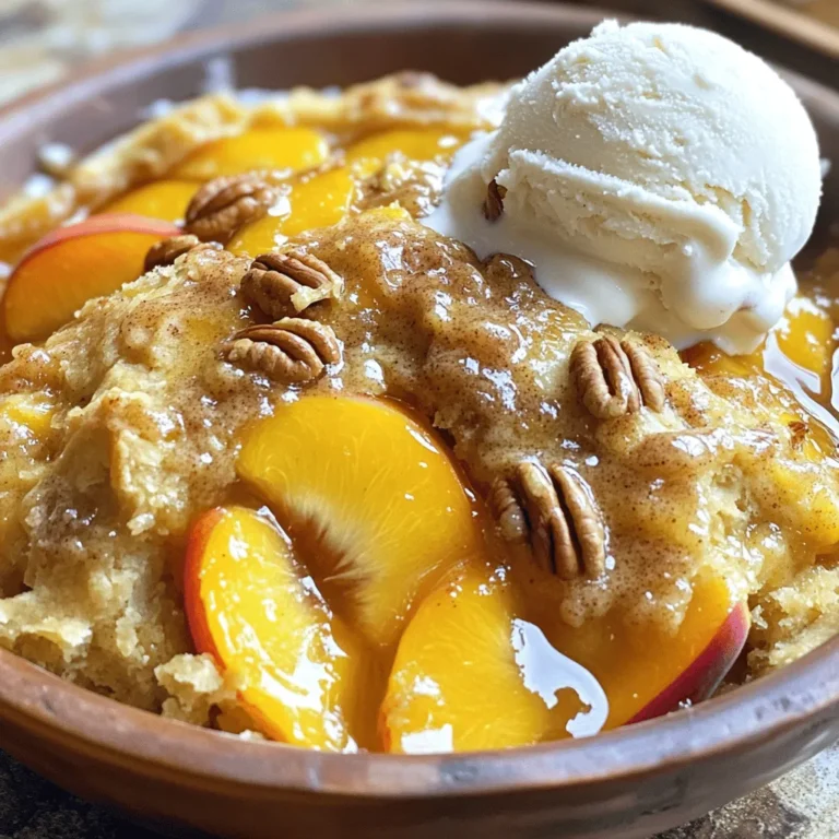 - 1 can (15 oz) sliced peaches in syrup, undrained - 1 box (15.25 oz) yellow cake mix - 1/2 cup unsalted butter, melted - 1 cup fresh diced peaches (optional) - 1 teaspoon cinnamon - 1 cup chopped pecans or walnuts (optional) - Vanilla ice cream or whipped cream for serving (optional) Gathering the right ingredients is key to making this Easy Peach Dump Cake. You start with a can of sliced peaches in syrup. This brings a sweet and juicy flavor. You can use fresh peaches for a bit of extra taste. Next, grab a box of yellow cake mix. It makes everything simple and quick. Melt half a cup of unsalted butter. This adds richness to the cake. A teaspoon of cinnamon gives it warmth and spice. You can add chopped pecans or walnuts if you like crunch. For a treat, serve it warm with vanilla ice cream or whipped cream. It makes a great dessert for any occasion. - Gluten-free cake mix option - Dairy-free substitutes for butter - Natural sweeteners instead of sugar If you have dietary needs, you can still enjoy this cake. Look for a gluten-free cake mix. It works just as well. For those avoiding dairy, use coconut oil or a dairy-free butter. Instead of sugar, try using natural sweeteners like honey or maple syrup. These swaps keep your dessert delicious while meeting your needs. - Preheat your oven to 350°F (175°C). - Grease the baking dish properly. This step helps prevent sticking. - Pour the sliced peaches into the dish. Make sure to include the syrup for extra flavor. - Evenly sprinkle the cake mix on top of the peaches. Do not stir; it should look messy! - Drizzle the melted butter over the cake mix. Cover as much as possible for a rich taste. - Sprinkle cinnamon on top. If you like nuts, add them now for crunch. - Bake in the preheated oven for 35-40 minutes. Check for doneness when the top is golden brown. - The cake should be bubbly around the edges. Let it cool for about 10 minutes before serving. You can find the complete process in the Full Recipe. Enjoy the sweet simplicity of this easy peach dump cake! One key mistake is keeping the cake mix dry. If it gets wet, the cake won't rise well. Always remember not to stir the cake mix in. Layering the ingredients is crucial. The mix needs to sit on top of the peaches to create a nice texture. A splash of vanilla extract can boost the taste. This small step makes a big difference. When choosing peaches, fresh ones add a bright flavor. Canned peaches are easy and still tasty. If you use fresh, make sure they are ripe and juicy. Serving the cake warm is best. A scoop of ice cream or whipped cream on top adds creaminess. For a pretty look, garnish with fresh peach slices. A sprig of mint can brighten the plate too. These details make your dessert feel special and inviting. {{image_2}} You can easily change the fruit in this dump cake. Swap the peaches for blueberries or apples. Both fruits add a new twist to the flavor. If you want to mix things up even more, try a mixed fruit dump cake. Use a blend of your favorite fruits. This gives you a tasty treat that's fun and fresh. You can also add fun flavors to your dump cake. Try mixing in chocolate chips or dried fruits. This adds sweetness and texture. Another idea is to use flavored cake mixes, like butter or lemon. Each mix changes the taste and makes it unique. Experiment with different flavors to find your favorite! If you want a healthier dump cake, you can make some swaps. Use natural sweeteners like honey or maple syrup instead of sugar. This makes it lower in sugar and still tasty. You can also try vegan dump cake variations. Replace the butter with coconut oil or a non-dairy option. These changes help you enjoy dessert while being mindful of your health. You can check the Full Recipe for details on how to make this dessert! To store leftovers, let the dump cake cool first. Then, cover it tightly with plastic wrap or foil. You can also transfer it to an airtight container. This keeps it fresh in the fridge for up to four days. Glass or plastic containers work well here. If you want to save the dump cake for later, freezing is a great option. Cut it into squares and wrap each piece in plastic wrap. Place the wrapped squares in a freezer bag and seal it. This cake keeps well for up to three months. When you are ready to enjoy it, thaw it in the fridge overnight. To reheat, place it in the oven at 350°F (175°C) for about 15 minutes. This keeps the texture nice and soft. To make the cake last longer, follow some best practices. Store it in the fridge for up to four days. If you freeze it, it can last for about three months. Always check for any signs of spoilage before eating. If it smells off or shows mold, it’s time to toss it. You can make a homemade version of this cake. Use fresh peaches, sugar, and butter. For the cake mix, you can use flour, baking powder, and salt. Mix these dry ingredients well. Then, add melted butter and milk for moisture. This gives you a fresh base. You can also add vanilla for more flavor. This version takes more time but tastes great! Yes, you can use frozen peaches. They work well if you thaw them first. Drain excess liquid to keep the cake from being soggy. Frozen peaches can be just as tasty. They save you time and are great in a pinch. Fresh or canned peaches also work well, depending on your choice. Serve the warm cake in bowls. A scoop of vanilla ice cream on top is the best choice. Whipped cream is also a great option. You can add a slice of fresh peach for extra flair. Serve with a drizzle of caramel sauce for a sweet touch. This makes every bite special! You can prepare this cake in advance. Just make the cake and store it in the fridge. Reheat it in the oven for the best texture. You can bake it, let it cool, and cover it. When ready to serve, warm it until hot. This way, you have a tasty dessert ready to go! Try this [Full Recipe] for detailed steps! This blog post covered how to make a delicious peach dump cake. You learned about the key ingredients, easy steps for baking, and helpful tips to enhance flavor. We also explored diet-friendly ingredient swaps and variations to try. Remember, this dessert is both simple and versatile. Feel free to mix it up with different fruits and tweaks. With these strategies and recipes, you can enjoy a tasty treat that fits your taste and lifestyle. Happy baking!