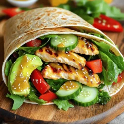 - 2 boneless chicken breasts - 1/4 cup honey - 2 tablespoons Dijon mustard - 1 tablespoon olive oil - Salt and pepper to taste - 4 whole wheat tortillas - 1 cup mixed greens (spinach, arugula, and kale) - 1/2 red bell pepper, thinly sliced - 1/2 cucumber, thinly sliced - 1/4 red onion, thinly sliced - 1 avocado, sliced - Optional: sesame seeds for garnish Gather these fresh ingredients before you start cooking. Using fresh items makes a big difference in flavor and nutrition. I love using whole wheat tortillas for this recipe; they add a nice, nutty taste. The honey and mustard mix brings out the chicken's flavor, making each bite a delight. You can also customize your wraps with your favorite veggies. Check out the Full Recipe for more details on preparation and cooking steps. - Marinating the chicken Start by making a honey mustard marinade. In a small bowl, mix together 1/4 cup honey, 2 tablespoons Dijon mustard, 1 tablespoon olive oil, and a pinch of salt and pepper. This sauce adds a sweet and tangy flavor to the chicken. Place the 2 boneless chicken breasts in a shallow dish and pour half of the marinade over them. Make sure the chicken is well-coated. Let it marinate for at least 15 minutes. This step makes the chicken juicy and tasty. - Preparing the honey mustard sauce While the chicken marinates, reserve the other half of the honey mustard sauce. You’ll use this sauce later when assembling the wraps. This sauce is key for adding flavor to your wraps. - Grilling the chicken breasts Preheat your grill or grill pan to medium-high heat. Once hot, grill the chicken breasts for about 6-7 minutes per side. Cook until they reach an internal temperature of 165°F (75°C). After cooking, let the chicken rest for 5 minutes. Resting allows the juices to stay inside the chicken, making it tender. Slice the chicken into strips for easy wrapping. - Warming the tortillas While the chicken rests, warm the tortillas in a dry skillet. Heat each tortilla for about 30 seconds on each side. This step makes the tortillas soft and easy to roll. Warm tortillas also help prevent tearing when you assemble the wraps. - Assembling the wraps Lay a tortilla flat on a clean surface. Spread a tablespoon of the reserved honey mustard sauce on it. Add a handful of mixed greens in the center of the tortilla. Then, layer the sliced grilled chicken, thinly sliced red bell pepper, cucumber, red onion, and avocado slices on top. Each ingredient adds flavor and crunch. - Tips for folding and securing wraps To fold the wrap, start by folding in the sides of the tortilla. Then, roll it up tightly from the bottom to the top. This method keeps all the fillings secure inside. If you want, slice the wraps in half diagonally for easier serving. For a nice touch, sprinkle sesame seeds on top for extra crunch. Follow these steps for delicious honey mustard chicken wraps. They are easy to make and perfect for any meal! To get the best honey mustard flavor, adjust the sweetness and tanginess. If you like it sweeter, add more honey. If you prefer it tangy, add extra Dijon mustard. Taste your marinade before using it. This way, you can find the right balance for you. For marinating time, I suggest at least 15 minutes. This allows the chicken to soak up the flavors. If you have more time, marinate it for up to an hour. Longer marinating helps the chicken taste even better. Make sure your chicken is cooked through. Use a meat thermometer. The chicken should reach 165°F (75°C) to be safe to eat. Grill the chicken for about 6-7 minutes on each side. This gives it nice grill marks and flavor. To get those great grill marks, avoid moving the chicken too much. Let it sit on the grill for a few minutes before flipping. This helps create that beautiful sear you want. When it comes to sides, pair your wraps with simple options. Fresh fruit or a light salad works well. It keeps the meal light and refreshing. Try serving with a yogurt dip or a honey mustard sauce for extra flavor. For dipping sauces, you can use ranch or a spicy aioli. These add a fun twist and can make your meal more exciting. Enjoy experimenting with different flavors and sides! For the full recipe, check out the detailed instructions included above. {{image_2}} You can make honey mustard wraps without chicken. Try using grilled vegetables. Grilled zucchini, bell peppers, and eggplant work well. They add flavor and texture. Another option is to use plant-based proteins. Tofu or tempeh can soak up the honey mustard sauce. This makes them tasty and filling. Explore different types of tortillas for your wraps. You can choose gluten-free or low-carb options. Corn or lettuce wraps are also great choices. Each adds a unique taste. You should also think about greens and veggies. Try arugula, romaine, or even shredded carrots. They add crunch and color to your wrap. Want to add more flavor? Try spices or herbs in the marinade. Garlic powder, paprika, or thyme can boost taste. You can also mix in other sauces. Ranch or BBQ sauce can create fun twists. These changes let you customize the wraps to your liking, making each bite special. For the full recipe, check out the detailed instructions above. To keep your honey mustard chicken wraps fresh, wrap them tightly in plastic wrap or foil. Place them in an airtight container before storing. This helps keep moisture in and air out. Leftover wraps will last in the fridge for about 3 days. After that, they may lose flavor and texture. If you want to save wraps for later, freezing is a great option. Wrap each assembled wrap in plastic wrap and then place them in a freezer bag. This keeps them safe from freezer burn. To thaw, move the wraps to the fridge for a few hours or overnight. You can also microwave them on low for a quick thaw. Heat them in the microwave for about 1-2 minutes until warm. If you have leftover ingredients, get creative! You can use extra chicken in salads or grain bowls. Mix the honey mustard sauce with yogurt for a tasty dip. Use leftover veggies in omelets or stir-fries. These ideas help reduce food waste and make new meals fun. Making honey mustard is simple. You need honey, Dijon mustard, and olive oil. Just mix them together in a bowl. Start with equal parts honey and mustard. Adjust to taste. If you want it creamier, add a bit more honey. For a kick, add a splash of vinegar. This easy sauce adds great flavor to your wraps. Yes, you can! Chicken is great, but turkey works too. If you prefer beef, grill some steak slices. For a meatless option, try tofu. Just marinate it like the chicken. You can also use shrimp or fish. Each protein will give the wraps a different taste. I love mixed greens for their crunch and flavor. Spinach, arugula, and kale are my favorites. They add great texture and nutrients. You can also use romaine or lettuce for a lighter option. Feel free to mix and match greens to find your favorite combination. To make these wraps gluten-free, choose gluten-free tortillas. There are many brands available now. Check the label to ensure they are certified gluten-free. You can also use lettuce leaves for a low-carb option. Just wrap your fillings in large leaves. This keeps it fresh and crunchy. Reheat leftovers in a microwave or skillet. If using a microwave, place the wrap on a plate and cover it. Heat for about 30 seconds at a time until warm. In a skillet, warm it on medium heat for a few minutes. This keeps the wrap crispy. Enjoy your tasty leftovers! Honey mustard chicken wraps are tasty and easy to make. You learned about the key ingredients, cooking steps, and variations. Remember to marinate the chicken well for full flavor. Don't be afraid to mix up the veggies or try different sauces. With a few simple tips, you can create a wrap your friends will love. Store leftovers right to enjoy later. This dish is fun to customize, so let your creativity shine. Enjoy your tasty wraps and happy cooking!