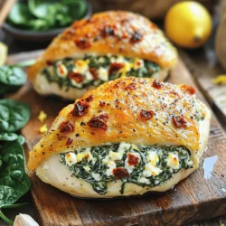 Here is a simple list of what you need for this delicious dish. - 4 boneless, skinless chicken breasts - 2 cups fresh spinach, chopped - 1 cup feta cheese, crumbled - 1/2 cup cream cheese, softened - 1/4 cup sun-dried tomatoes, chopped - 2 cloves garlic, minced - 1 teaspoon dried oregano - 1 teaspoon lemon zest - Salt and pepper to taste - Olive oil for drizzling - Toothpicks or kitchen twine for securing stuffed chicken Each ingredient plays a key role in making this meal flavorful and fun. The spinach adds freshness, while the feta cheese gives a nice tang. Cream cheese adds richness, making the filling creamy. Sun-dried tomatoes bring a sweet and savory kick. Using fresh garlic and oregano enhances the taste, making each bite a delight. I always recommend using fresh ingredients. They make a big difference in flavor. If you want to explore more about this recipe, check out the full recipe for tips on preparation and cooking. First, we will make the filling. Start by heating a skillet over medium heat. Add a drizzle of olive oil. Once the oil is hot, add 2 cloves of minced garlic. Sauté the garlic for about 1 minute until you smell its great aroma. Next, add 2 cups of chopped fresh spinach and 1/4 cup of chopped sun-dried tomatoes to the skillet. Cook this mixture for about 2 to 3 minutes. The spinach will wilt down nicely. Now, in a mixing bowl, combine the cooked spinach, 1 cup of crumbled feta cheese, and 1/2 cup of softened cream cheese. Add 1 teaspoon of dried oregano, 1 teaspoon of lemon zest, and some salt and pepper. Mix everything well until it's nicely blended. Next, it’s time to prep the chicken. Take 4 boneless, skinless chicken breasts and carefully cut a pocket into each one. Slice horizontally, making sure not to cut all the way through. You want to create a nice space for the filling. Now, stuff each chicken breast with the spinach and feta mixture. Make sure to pack it in well. Once filled, secure the opening with toothpicks or tie them with kitchen twine. This keeps the filling from spilling out while cooking. For the cooking process, start by searing the chicken. Heat a tablespoon of olive oil in an oven-safe skillet over medium-high heat. Once hot, add the stuffed chicken breasts. Sear them for about 3 to 4 minutes on each side until they turn golden brown. After they are nicely browned, transfer the skillet to your preheated oven at 375°F (190°C). Bake the chicken for 20 to 25 minutes. You want the chicken to reach an internal temperature of 165°F (75°C) to ensure it's fully cooked. Once done, take the skillet out of the oven. Let the chicken rest for about 5 minutes. Finally, remove the toothpicks or twine before slicing. Enjoy your savory spinach and feta stuffed chicken! For the complete recipe, refer to the Full Recipe section. To stuff chicken well, first, create a pocket in each breast. Slice into the thickest part of the chicken, but don’t cut all the way through. This keeps the filling inside while cooking. Next, pack the filling in gently. Make sure to fill each pocket evenly. This ensures that each bite is full of flavor. For even cooking, ensure each chicken breast is about the same size. Thicker pieces take longer to cook. You can use a meat mallet to pound the chicken to an even thickness. This gives you the best results. Cooking time varies based on the thickness of chicken breasts. Thin breasts may take only 20 minutes, while thicker ones need about 25 to 30 minutes. Check the internal temperature to be sure. Use a meat thermometer to ensure the chicken hits 165°F (75°C). This guarantees it is safe to eat. To boost the taste of your dish, add herbs and spices. Try thyme, basil, or parsley for fresh notes. A sprinkle of paprika can add warmth. You can also pair your stuffed chicken with a sauce. A light lemon sauce or a garlic cream sauce works wonders. These options elevate the dish and make it even more enjoyable. {{image_2}} You can change the cheese in this recipe. Try mozzarella or goat cheese instead of feta. Each cheese brings its own flavor. You can also add roasted red peppers for sweetness. Olives can add a nice briny taste. Just chop them up and mix them in. If you need dairy-free options, use dairy-free cream cheese and cheese. This keeps the dish creamy without dairy. For low-carb variations, skip the cream cheese and serve the chicken with a salad. You can enjoy the flavors while cutting carbs. You can grill or bake this dish. Grilling gives it a nice smoky flavor. To grill, cook over medium heat for about 6-8 minutes per side. Baking is simple and keeps the chicken moist. Bake at 375°F for 20-25 minutes. For busy days, try a slow cooker. Just follow the same steps, then cook on low for 4-5 hours. These variations let you make this dish fit your taste and needs. For the full recipe, check out the main article. Store leftover spinach and feta stuffed chicken in an airtight container. This keeps it fresh and safe. Use it within 3 to 4 days for the best taste. To freeze stuffed chicken, wrap each piece tightly in plastic wrap. Place them in a freezer bag, removing as much air as possible. They can last up to 3 months in the freezer. When ready to eat, thaw in the fridge overnight. To reheat, bake at 350°F until heated through. This dish pairs well with roasted vegetables, rice, or a fresh salad. For meal prep, you can slice the chicken and add it to wraps or salads for quick lunches. Yes, you can use frozen spinach. It is a good time-saver. - Considerations and preparation: Thaw the frozen spinach first. Squeeze out extra water. This keeps your filling from becoming too wet. - Impact on flavor and texture: Frozen spinach can taste milder. Fresh spinach has a brighter flavor. Texture may be softer, but it still works well. Check the internal temperature with a meat thermometer. It should reach 165°F (75°C). - Understanding internal temperature: This ensures the chicken is safe to eat. It also keeps it juicy and tender. - Visual cues for doneness: Look for clear juices when you cut into the chicken. The meat should be white, not pink. This dish pairs well with many sides. You can choose vegetables or grains. - Popular vegetable side dishes: Roasted broccoli, green beans, or a garden salad are great options. - Suggestions for starches or grains: Quinoa, rice, or mashed potatoes complement the meal nicely. This blog post showed you how to make delicious spinach and feta stuffed chicken. You learned about the ingredients, preparation steps, cooking methods, and tips for perfecting your dish. Don't forget to explore variations and storage tips to keep your meals fresh. Cooking can be fun and rewarding. Enjoy trying new flavors and techniques. With practice, you’ll impress everyone at your table. Now, go make that stuffed chicken and savor every bite!