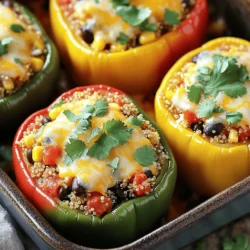 - 4 large bell peppers (any color) - 1 cup quinoa, rinsed - 2 cups vegetable broth - 1 can black beans, drained and rinsed - 1 cup corn (fresh, frozen, or canned) - 1 small red onion, diced - 2 cloves garlic, minced - 1 teaspoon cumin - 1 teaspoon chili powder - 1 teaspoon smoked paprika - Salt and pepper to taste - 1 cup diced tomatoes (canned or fresh) - 1 cup shredded cheese (cheddar or a vegan alternative) - Fresh cilantro or parsley for garnish When making stuffed bell peppers, I focus on fresh ingredients. The bell peppers come in many colors and each adds its own flair. Choose ones that are firm and unblemished. For the filling, I like quinoa as it packs protein and fiber. Rinsing quinoa beforehand helps remove a bitter taste. Vegetable broth adds flavor and moisture to the quinoa. Black beans bring a hearty texture and nutrients. Corn adds sweetness, while diced tomatoes contribute juiciness. For seasoning, I use red onion and garlic for depth, plus cumin, chili powder, and smoked paprika for warmth. Salt and pepper balance flavors. Cheese, whether cheddar or a vegan option, gives a creamy finish. After stuffing, a sprinkle of fresh cilantro or parsley adds a pop of color and freshness. You can find the full recipe to guide you through the cooking process. - Preheat the oven to 375°F (190°C). - Prepare the bell peppers by cutting tops, removing seeds, and membranes. First, you need to get the oven hot. This helps the peppers cook evenly. Next, cut the tops off your bell peppers. Be careful! Remove all seeds and membranes inside. You want them clean so they can hold the filling. Place the peppers upside down in a baking dish. This way, they won’t tip over while baking. - Bring vegetable broth to a boil, add quinoa, cover, and reduce to a simmer for 15 minutes. Now, let's get the quinoa ready. In a medium pot, bring your vegetable broth to a boil. This broth adds flavor to the quinoa. Once boiling, add 1 cup of rinsed quinoa. Cover the pot and turn down the heat to a simmer. Let it cook for about 15 minutes. When done, fluff the quinoa with a fork. Set it aside for later. - Sauté diced onion and minced garlic until translucent. - Stir in black beans, corn, diced tomatoes, and spices for 5 minutes. In a large skillet, add a splash of olive oil over medium heat. Add the diced onion and minced garlic. Cook them for about 3 to 4 minutes until they are soft and see-through. This step makes the onions sweet and the garlic fragrant. Then, stir in black beans, corn, diced tomatoes, and your spices. Mix everything well and cook for another 5 minutes. This step warms the filling and blends the flavors. - Combine quinoa with the sautéed mixture and half of the cheese. - Stuff the bell peppers, packing the filling gently. Now it’s time to mix things up! In a big bowl, combine your cooked quinoa with the sautéed mixture. Add half of the shredded cheese to this mix. This cheese will melt and make the filling extra tasty. After mixing well, take your stuffed bell peppers and fill them. Pack the filling gently but firmly. You want them full but not overflowing. - Pour water into the baking dish, cover with foil, and bake for 25-30 minutes. - Uncover, sprinkle remaining cheese, and bake for an additional 10 minutes. Next, pour a bit of water into the bottom of your baking dish. This keeps the peppers moist. Cover the dish with foil and bake for 25 to 30 minutes. After that, take off the foil and sprinkle the rest of the cheese on top. Bake for another 10 minutes until the cheese is bubbly and golden. Just watch them closely! For the full recipe, check out the details above. Enjoy making this bright and tasty meal! - Ensure quinoa is rinsed to remove bitterness. - Adjust cooking time based on pepper size; larger peppers may require more time. When cooking quinoa, rinsing is key. It washes away the saponins that can give a bitter taste. For best results, rinse it under cool water in a fine mesh strainer until the water runs clear. This simple step can make a big difference in flavor. Also, remember that larger bell peppers hold more filling. They might need a few extra minutes in the oven to cook fully. Keep an eye on them. - Use mozzarella or Monterey Jack for a different taste. - Explore vegan cheese alternatives for a dairy-free version. Cheese adds a creamy texture and rich flavor to your stuffed peppers. Mozzarella melts nicely and has a mild taste. Monterey Jack also works well, offering a bit more flavor. If you prefer a dairy-free meal, try vegan cheese. Many options melt just like regular cheese and taste great! - Use brown rice instead of quinoa for a different texture. - Add other vegetables like zucchini or spinach for added nutrition. Quinoa is great, but brown rice can change the texture and flavor. It gives a hearty bite. You can also boost nutrition by adding more veggies. Zucchini or spinach mix well with the filling. Just chop them finely and stir them in. This way, you can create a meal packed with nutrients and flavor. {{image_2}} You can make stuffed bell peppers heartier by adding ground turkey or beef. This boosts the protein content and adds a savory flavor. Just brown the meat in the skillet before mixing it into the filling. This simple step makes the dish more filling and satisfying. If you prefer a meatless option, replace black beans with lentils or chickpeas. Both choices give great texture and taste. You can also add vegetables like mushrooms or eggplant to the filling. This not only adds flavor but also makes the dish even healthier. Feel free to mix and match your favorite vegetables. For those on a gluten-free diet, use gluten-free grains like brown rice or millet instead of quinoa. You can also switch to vegan cheese to keep the dish dairy-free. This way, everyone can enjoy a delicious stuffed pepper meal without worry. Store stuffed bell peppers in an airtight container for up to 4 days. This keeps them fresh and tasty. When stored properly, the flavors blend well, enhancing the dish. Freeze individually wrapped peppers for up to 3 months. This method helps preserve their taste and texture. To enjoy them later, thaw in the fridge before reheating. This slow thawing keeps the peppers juicy and delicious. Reheat in the oven for best results. Set your oven to 350°F (175°C) and bake for about 15 minutes. This method revives the flavors and melts the cheese nicely. If you're short on time, use a microwave for quick warming. Just heat for 2-3 minutes, checking to ensure they're hot throughout. The peppers should be tender, and the cheese should be bubbly and golden. This means the filling is hot and ready to eat. When you cut into a pepper, the inside should feel soft but not mushy. Yes, prepare the filling and stuff the peppers a day in advance, and refrigerate until ready to bake. This makes dinner prep easy. Just pop them in the oven when you’re ready! Pair with a side salad, garlic bread, or steamed vegetables for a complete meal. You can also add rice or quinoa on the side for extra carbs. Yes, feel free to use mini peppers, poblano, or sweet peppers as an alternative. Each type adds its own unique flavor. Using different colors also makes for a pretty plate! Stuffed bell peppers are easy to make and full of flavor. This recipe blends quinoa, beans, and spices for a healthy dish. You can customize it with meats, veggies, or cheese. Remember to store leftovers in the fridge or freezer for later. These peppers are not just satisfying; they're fun to make and share. Get creative with your ingredients and enjoy! Your cooking skills will shine.