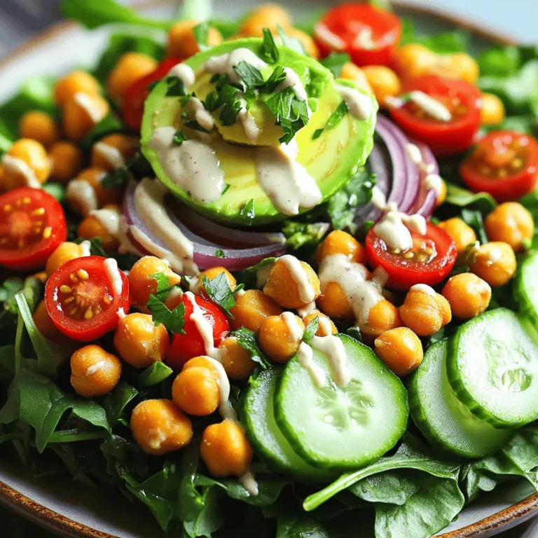 - 1 can (15 oz) chickpeas - 2 tablespoons olive oil - 4 cups mixed salad greens - Cherry tomatoes, cucumber, and red onion - Tahini and lemon juice for dressing - Paprika, garlic powder, salt, and pepper - Fresh parsley for garnish The key to this salad lies in the ingredients. First, we use chickpeas for protein. They bring a nice texture and flavor. Rinsing and draining them well helps achieve a great crisp. Next, the olive oil adds richness. It also helps the chickpeas season well. Toss them with spices like paprika and garlic powder for a flavorful kick. Mixed salad greens are essential for freshness. I like a mix of spinach, arugula, and kale. They add crunch and vibrant color. Cherry tomatoes and cucumber add juiciness and crunch. Red onion gives a nice bite. For the dressing, tahini and lemon juice create a creamy texture. Finally, don't forget the garnishes! Fresh parsley brightens the salad. It also adds a fresh herbal note. You can find the full recipe to make this Crispy Chickpea Salad easily at home. First, rinse and drain your can of chickpeas. This step is key. It removes the thick liquid that can make your salad soggy. Next, spread the chickpeas on a paper towel. Pat them dry to get rid of extra moisture. This helps them crisp up nicely later. Now, in a bowl, add 2 tablespoons of olive oil. Pour in 1 teaspoon of paprika, 1/2 teaspoon of garlic powder, and salt and pepper to taste. Toss the chickpeas in this mix until they are fully coated. This seasoning gives them a great flavor. Preheat your oven to 400°F (200°C). This high heat helps the chickpeas turn crispy. Spread the seasoned chickpeas on a baking sheet lined with parchment paper. Make sure they are in a single layer for even cooking. Bake the chickpeas for 25-30 minutes. Check them halfway through and shake the pan. This helps them cook evenly and get crispy all over. You want them golden brown and crunchy. While the chickpeas bake, prepare your salad. In a large bowl, combine 4 cups of mixed greens with cherry tomatoes, diced cucumber, and thinly sliced red onion. This mix adds color and crunch. In a small bowl, whisk together 2 tablespoons of tahini and 1 tablespoon of lemon juice. Add a splash of water to thin the dressing. Keep whisking until you reach your desired consistency. If it’s too thick, just add more water. Once the chickpeas are done, let them cool for a few minutes. Then, add them to the salad bowl. Top it all with sliced avocado and drizzle the tahini dressing over everything. Toss gently to mix. Be careful not to mash the avocado. And that’s it! You now have a fresh and flavorful crispy chickpea salad. For the full recipe, check out the details provided above! To get crispy chickpeas, you need to start with dry ones. After rinsing them, dry them well. You can use a paper towel or let them air dry. This step is key! If the chickpeas have moisture, they won’t crisp up nicely. For baking, I recommend preheating your oven to 400°F (200°C). This high heat helps them turn golden brown. Bake the chickpeas for about 25-30 minutes. Don’t forget to shake the pan halfway through. This ensures even cooking and crispiness. This salad shines with fresh ingredients. I love serving it with crusty bread or pita chips. These pair well with the salad’s flavors. If you want a heartier meal, try adding grilled chicken or shrimp. They complement the crispy chickpeas perfectly. Chickpeas are a powerhouse of nutrition. They are high in protein and fiber. This makes them great for your health. The mixed greens add vitamins and minerals. You get a good dose of iron and calcium too. A serving of this salad has about 350 calories. This includes all the fresh veggies and the tahini dressing. It's a filling meal without being heavy. Enjoying this salad is a great way to eat healthy! {{image_2}} You can easily add protein to your crispy chickpea salad. Consider grilled chicken, tofu, or feta cheese. Grilled chicken offers a savory flavor that pairs well with chickpeas. Tofu gives a nice plant-based option that absorbs flavors. Feta adds a tangy creaminess that enhances taste. Including more protein makes this salad filling and nutritious. It turns a light dish into a complete meal. To brighten up the salad, think about adding spices or herbs. Cumin or coriander can give a warm touch. Fresh herbs like basil or mint add a fresh taste. You can also play with dressings. Try a zesty vinaigrette for a tangy twist. Or use yogurt-based dressings for creaminess. Each option can change the flavor profile, keeping your salad exciting. Adjusting your salad for the seasons keeps it fresh. In spring, add asparagus or radishes for crunch. Summer is perfect for ripe peaches or berries. In fall, swap in roasted sweet potatoes or squash. Winter greens like kale can add hearty texture. These changes not only enhance taste but also make use of fresh, local produce. You can enjoy this salad all year long by mixing it up! For the full recipe, visit the Crispy Chickpea Delight Salad 🥗 section. To keep your crispy chickpea salad fresh, store it in an airtight container. This helps lock in flavors and moisture. You can use glass or plastic containers with tight lids. If you plan to eat it later, keep the chickpeas separate. This prevents them from getting soggy. To reheat chickpeas without losing their crunch, use an oven. Set it to 350°F (175°C) and spread the chickpeas on a baking sheet. Heat them for about 10 minutes. Avoid using the microwave, as it may make them soft. Always store the dressing separately. This keeps your salad fresh and tasty. Your salad will stay good in the fridge for about 2-3 days. The chickpeas can last a bit longer, around 5 days. Look for signs of spoilage like a bad smell or slimy texture. If you see any of these signs, it's best to toss it out. Enjoy your crispy chickpea salad while it's fresh! For the full recipe, check out the Crispy Chickpea Delight Salad. Yes, this salad is almost vegan already! To make it fully vegan, you can use a few simple swaps. First, ensure you use a plant-based dressing instead of any dairy-based options. The tahini in the recipe is vegan-friendly, but if you add cheese, skip it or choose a plant-based one. The chickpeas, greens, and veggies are all vegan. This means you can enjoy this fresh and flavorful dish without any animal products. If you have an allergy to sesame or just don’t have tahini, don’t worry! You can use sunflower seed butter or almond butter instead. Both options give a creamy texture. You can also blend cashews with water until smooth. This offers a similar taste and feel. Each of these substitutes works well in the dressing. Just adjust the amount of lemon juice to keep the balance. This salad is naturally gluten-free! The main ingredients, like chickpeas and fresh vegetables, do not contain gluten. Just make sure to check any packaged items you use, like tahini, to ensure they are gluten-free. If you want to add grain, quinoa is a great choice. It’s gluten-free and adds a nice texture. Enjoy this salad without worry about gluten! For the full recipe, visit [Full Recipe]. This blog post gave you a complete guide to a crispy chickpea salad. You learned the main ingredients needed, how to prepare and bake chickpeas, and tips for achieving the perfect crunch. We also discussed variations for taste and nutrition, plus how to store leftovers properly. Remember, this salad is not only delicious but also healthy. Feel free to customize it to fit your preferences. Enjoy creating your own version of this dish!