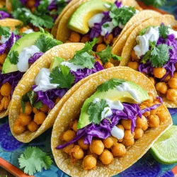 To make crispy chickpea tacos, you need a few key ingredients. Here’s what you will need: - 2 cans (15 oz each) chickpeas, drained and rinsed - 2 tablespoons olive oil - 1 teaspoon smoked paprika - 1 teaspoon cumin - ½ teaspoon garlic powder - ½ teaspoon onion powder - Salt and pepper to taste - 8 small corn or flour tortillas These ingredients bring bold flavors to your tacos. The chickpeas provide protein and texture. Olive oil adds richness, while spices like paprika and cumin give them depth. You can customize your tacos with tasty toppings. Here are some options: - 1 cup shredded purple cabbage - 1 avocado, sliced - ½ cup fresh cilantro, chopped - 1 lime, cut into wedges - ½ cup Greek yogurt or a dairy-free alternative for drizzling The cabbage adds crunch. Avocado brings creaminess, and cilantro adds a fresh touch. Squeeze lime juice for a zesty kick. These crispy chickpea tacos fit many diets. They are vegan and gluten-free if you use corn tortillas. This makes them great for everyone. You can also substitute Greek yogurt with a plant-based version for a dairy-free option. Enjoy a delicious meal that meets your needs! For the full recipe, check out the instructions provided earlier. Start by draining and rinsing the chickpeas. This step is key, as it cleans them well. Place them in a bowl, then add olive oil. Next, sprinkle in smoked paprika, cumin, garlic powder, onion powder, salt, and pepper. Mix well until every chickpea is coated nicely with the spices. This will give your tacos a rich flavor. Preheat your oven to 400°F (200°C). Line a baking sheet with parchment paper to prevent sticking. Spread the seasoned chickpeas in a single layer on the sheet. Bake for 25-30 minutes. Halfway through, shake the pan gently. This helps them cook evenly. You want them crispy and golden. Keep an eye on them. They should be done when they look crunchy and brown. While the chickpeas bake, warm your tortillas in a dry skillet. Heat them for about 30 seconds on each side. Once the chickpeas are crispy, let them cool for a few minutes. Take a tortilla, add a generous amount of chickpeas. Top it with shredded cabbage, avocado slices, and chopped cilantro. For a creamy finish, drizzle Greek yogurt on top. Squeeze fresh lime juice for added zest. Serve your tacos right away, with lime wedges on the side for extra flavor. Enjoy your tasty meal! To get crispy chickpeas, start by drying them well. After draining, pat them with a towel. This step removes excess moisture. Use high heat in the oven, around 400°F (200°C). This ideal temperature helps them crisp up fast. Toss the chickpeas in oil and spices. Spread them in a single layer on the baking sheet. Don’t crowd them; this keeps air flowing. Shake the pan halfway through baking. This ensures even crispiness on all sides. Mixing flavors can take your tacos to the next level. Consider adding lime juice for a zesty kick. You can also try fresh herbs like mint or dill. These herbs add a fresh taste. For spice lovers, add jalapeños or hot sauce. You can even try adding a fruit salsa. Mango or pineapple salsa works well with chickpeas. These combinations make each bite exciting and new. Warming tortillas makes them more pliable and tasty. Heat a dry skillet on medium. Place the tortillas in the skillet for about 30 seconds per side. This step helps them stay soft and easy to fold. For extra flavor, brush the tortillas with olive oil before warming. You can also toast them in the oven for a crispy edge. Just keep an eye on them to avoid burning. Enjoy these tips for a perfect taco night! {{image_2}} Tacos are fun because you can mix and match toppings. For a fresh twist, try different salsas. Mango salsa adds a sweet touch. Pineapple salsa gives a zesty kick. You can also make slaw with cabbage, carrots, and lime. This adds crunch and flavor. Add some pickled onions for a tangy taste. Chickpeas are great, but you can switch it up. Black beans work well in tacos. They are rich in protein and fiber. Lentils are another option. Cook them until soft and season like chickpeas. You can even mix chickpeas with these alternatives for a hearty meal. Each option adds a unique flavor and texture. If you like heat, there are many ways to spice up your tacos. Add sliced jalapeños for a fresh kick. A drizzle of hot sauce can also bring the heat. You might like chipotle mayo for a smoky flavor. For a bold choice, try a spicy pepper salsa. Each spicy addition can change the taco experience entirely. For the full recipe, check out the Crispy Chickpea Tacos recipe. Store leftover chickpeas in an airtight container. Keep them in the fridge for up to three days. This way, they stay fresh and tasty. If you have extra spices, store those separately. They can help add flavor when you reheat the chickpeas. Assembled tacos are best eaten right away. If you have leftovers, store each part separately. Place the tortillas in a bag and the toppings in containers. This keeps everything fresh and prevents sogginess. If you need to store them, eat within a day. To reheat chickpeas, use an oven or an air fryer. Set the oven to 350°F (175°C) and bake for about 10 minutes. An air fryer works well too—just a few minutes will do. Avoid using the microwave as it makes them soft. Enjoy your crispy chickpeas again! For the full recipe, check the earlier section. Yes, you can prep the chickpeas ahead of time. Bake them and store them in an airtight container. You can also warm the tortillas before serving. Just keep everything separate until serving. This keeps the tacos crispy and fresh. I love using corn tortillas for their flavor and texture. They hold up well with the crispy chickpeas. Flour tortillas are a great choice too if you prefer a softer bite. Both types work well, so choose what you like best. To make these tacos spicier, add more smoked paprika or a pinch of cayenne pepper. If you want less heat, cut back on the spices. You can also top the tacos with mild salsa or sour cream to balance the heat. Crispy chickpeas are so versatile! You can add them to salads or grain bowls for a protein boost. They also work well as a snack on their own. Try them on top of soups for extra flavor and crunch. You can find the full recipe for crispy chickpea tacos at the end of this article. In this article, we explored making crispy chickpea tacos. We covered key ingredients and tasty toppings. You learned how to prep, bake, and assemble your tacos. I shared tips for crispiness and flavor. We also discussed fun variations and storage ideas. Crispy chickpea tacos are easy to make and enjoy. Experiment with flavors and toppings. These tacos are a great meal option anyone can love. You now have the tools to create your own tasty tacos!