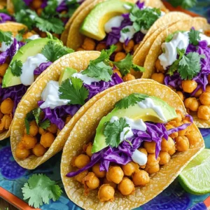 To make crispy chickpea tacos, you need a few key ingredients. Here’s what you will need: - 2 cans (15 oz each) chickpeas, drained and rinsed - 2 tablespoons olive oil - 1 teaspoon smoked paprika - 1 teaspoon cumin - ½ teaspoon garlic powder - ½ teaspoon onion powder - Salt and pepper to taste - 8 small corn or flour tortillas These ingredients bring bold flavors to your tacos. The chickpeas provide protein and texture. Olive oil adds richness, while spices like paprika and cumin give them depth. You can customize your tacos with tasty toppings. Here are some options: - 1 cup shredded purple cabbage - 1 avocado, sliced - ½ cup fresh cilantro, chopped - 1 lime, cut into wedges - ½ cup Greek yogurt or a dairy-free alternative for drizzling The cabbage adds crunch. Avocado brings creaminess, and cilantro adds a fresh touch. Squeeze lime juice for a zesty kick. These crispy chickpea tacos fit many diets. They are vegan and gluten-free if you use corn tortillas. This makes them great for everyone. You can also substitute Greek yogurt with a plant-based version for a dairy-free option. Enjoy a delicious meal that meets your needs! For the full recipe, check out the instructions provided earlier. Start by draining and rinsing the chickpeas. This step is key, as it cleans them well. Place them in a bowl, then add olive oil. Next, sprinkle in smoked paprika, cumin, garlic powder, onion powder, salt, and pepper. Mix well until every chickpea is coated nicely with the spices. This will give your tacos a rich flavor. Preheat your oven to 400°F (200°C). Line a baking sheet with parchment paper to prevent sticking. Spread the seasoned chickpeas in a single layer on the sheet. Bake for 25-30 minutes. Halfway through, shake the pan gently. This helps them cook evenly. You want them crispy and golden. Keep an eye on them. They should be done when they look crunchy and brown. While the chickpeas bake, warm your tortillas in a dry skillet. Heat them for about 30 seconds on each side. Once the chickpeas are crispy, let them cool for a few minutes. Take a tortilla, add a generous amount of chickpeas. Top it with shredded cabbage, avocado slices, and chopped cilantro. For a creamy finish, drizzle Greek yogurt on top. Squeeze fresh lime juice for added zest. Serve your tacos right away, with lime wedges on the side for extra flavor. Enjoy your tasty meal! To get crispy chickpeas, start by drying them well. After draining, pat them with a towel. This step removes excess moisture. Use high heat in the oven, around 400°F (200°C). This ideal temperature helps them crisp up fast. Toss the chickpeas in oil and spices. Spread them in a single layer on the baking sheet. Don’t crowd them; this keeps air flowing. Shake the pan halfway through baking. This ensures even crispiness on all sides. Mixing flavors can take your tacos to the next level. Consider adding lime juice for a zesty kick. You can also try fresh herbs like mint or dill. These herbs add a fresh taste. For spice lovers, add jalapeños or hot sauce. You can even try adding a fruit salsa. Mango or pineapple salsa works well with chickpeas. These combinations make each bite exciting and new. Warming tortillas makes them more pliable and tasty. Heat a dry skillet on medium. Place the tortillas in the skillet for about 30 seconds per side. This step helps them stay soft and easy to fold. For extra flavor, brush the tortillas with olive oil before warming. You can also toast them in the oven for a crispy edge. Just keep an eye on them to avoid burning. Enjoy these tips for a perfect taco night! {{image_2}} Tacos are fun because you can mix and match toppings. For a fresh twist, try different salsas. Mango salsa adds a sweet touch. Pineapple salsa gives a zesty kick. You can also make slaw with cabbage, carrots, and lime. This adds crunch and flavor. Add some pickled onions for a tangy taste. Chickpeas are great, but you can switch it up. Black beans work well in tacos. They are rich in protein and fiber. Lentils are another option. Cook them until soft and season like chickpeas. You can even mix chickpeas with these alternatives for a hearty meal. Each option adds a unique flavor and texture. If you like heat, there are many ways to spice up your tacos. Add sliced jalapeños for a fresh kick. A drizzle of hot sauce can also bring the heat. You might like chipotle mayo for a smoky flavor. For a bold choice, try a spicy pepper salsa. Each spicy addition can change the taco experience entirely. For the full recipe, check out the Crispy Chickpea Tacos recipe. Store leftover chickpeas in an airtight container. Keep them in the fridge for up to three days. This way, they stay fresh and tasty. If you have extra spices, store those separately. They can help add flavor when you reheat the chickpeas. Assembled tacos are best eaten right away. If you have leftovers, store each part separately. Place the tortillas in a bag and the toppings in containers. This keeps everything fresh and prevents sogginess. If you need to store them, eat within a day. To reheat chickpeas, use an oven or an air fryer. Set the oven to 350°F (175°C) and bake for about 10 minutes. An air fryer works well too—just a few minutes will do. Avoid using the microwave as it makes them soft. Enjoy your crispy chickpeas again! For the full recipe, check the earlier section. Yes, you can prep the chickpeas ahead of time. Bake them and store them in an airtight container. You can also warm the tortillas before serving. Just keep everything separate until serving. This keeps the tacos crispy and fresh. I love using corn tortillas for their flavor and texture. They hold up well with the crispy chickpeas. Flour tortillas are a great choice too if you prefer a softer bite. Both types work well, so choose what you like best. To make these tacos spicier, add more smoked paprika or a pinch of cayenne pepper. If you want less heat, cut back on the spices. You can also top the tacos with mild salsa or sour cream to balance the heat. Crispy chickpeas are so versatile! You can add them to salads or grain bowls for a protein boost. They also work well as a snack on their own. Try them on top of soups for extra flavor and crunch. You can find the full recipe for crispy chickpea tacos at the end of this article. In this article, we explored making crispy chickpea tacos. We covered key ingredients and tasty toppings. You learned how to prep, bake, and assemble your tacos. I shared tips for crispiness and flavor. We also discussed fun variations and storage ideas. Crispy chickpea tacos are easy to make and enjoy. Experiment with flavors and toppings. These tacos are a great meal option anyone can love. You now have the tools to create your own tasty tacos!