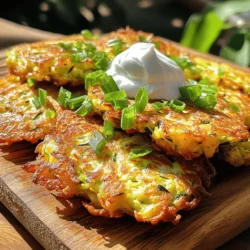 For these tasty zucchini fritters, you will need: - 2 medium zucchinis, grated - 1 teaspoon salt - 1/2 cup all-purpose flour - 1/4 cup grated Parmesan cheese - 2 large eggs, beaten - 1/4 teaspoon black pepper - 1/4 teaspoon garlic powder - 1/4 teaspoon cayenne pepper (optional) - 1/4 cup green onions, finely chopped - Olive oil for frying These ingredients come together to create a delicious treat that bursts with flavor. You can easily change this recipe to fit your taste. Here are some ideas: - Use whole wheat flour for a healthier option. - Swap Parmesan for feta cheese for a tangy twist. - Add herbs like parsley or dill for extra freshness. - Try adding corn or bell peppers for added crunch. Feel free to get creative with these add-ins! To enhance your zucchini fritters, serve them with tasty dips. Here are some great choices: - Greek yogurt mixed with lemon juice and garlic. - Sour cream with fresh herbs. - Spicy aioli for a flavorful kick. - Homemade salsa for a fresh, zesty option. These dips will elevate your fritters and make them even more enjoyable. For the full recipe, check out the details above. Start by washing your zucchinis well. I always choose medium-sized ones for the best texture. Grate the zucchinis using a box grater. Place the grated zucchini in a large bowl. Add one teaspoon of salt. This helps draw out extra moisture. Let this sit for about ten minutes. You will notice some water pooling at the bottom. After the time is up, grab a clean dish towel or cheesecloth. Squeeze the zucchini firmly to get rid of as much liquid as you can. You want the zucchini to be dry, so your fritters are not soggy. Once squeezed, transfer the zucchini to a dry bowl. Now, it’s time to make the batter. To the bowl with your zucchini, add the following ingredients: - 1/2 cup all-purpose flour - 1/4 cup grated Parmesan cheese - 2 large eggs, beaten - 1/4 teaspoon black pepper - 1/4 teaspoon garlic powder - 1/4 teaspoon cayenne pepper (optional for heat) - 1/4 cup green onions, finely chopped Mix all these ingredients until well combined. The batter should be thick but still hold together. If it seems too wet, add a little more flour. Stir in the chopped green onions for flavor and crunch. Heat a tablespoon of olive oil in a non-stick skillet over medium heat. I like to test the heat by dropping a small bit of batter in. If it sizzles, you’re ready! Take heaping tablespoons of your mixture and form small patties. Aim for about 1/2 inch thick. Carefully place them in the skillet, making sure not to overcrowd. This allows them to cook evenly. Cook for about 3-4 minutes on each side. Look for a golden brown color and a crispy texture. Once done, transfer the fritters to a paper towel-lined plate. This helps soak up any extra oil. Repeat until all the batter is used, adding more oil as needed. Enjoy your delicious homemade fritters warm! You can find the full recipe for more details. To make crispy zucchini fritters, start by removing moisture. Grate your zucchinis and sprinkle them with salt. Let them sit for ten minutes. This draws out extra water. After that, squeeze the grated zucchini in a clean towel. Aim to get out as much liquid as you can. The drier the zucchini, the crispier the fritters! Avoid using too much flour. It can make the fritters dense. Stick to the half cup listed in the Full Recipe. Also, do not overcrowd the skillet. This will steam the fritters instead of frying them. Fry them in small batches to ensure they cook evenly. Lastly, do not skip the resting step with salt. It’s key for perfect texture. Zucchini fritters pair well with many dips. Try serving them with Greek yogurt or sour cream. A sprinkle of fresh herbs gives a nice touch too. You can also serve them with a side salad for a light meal. Add a squeeze of lemon for a fresh burst of flavor. Enjoy them warm for the best taste! {{image_2}} You can make these fritters gluten-free with a few simple swaps. Use almond flour, chickpea flour, or gluten-free all-purpose flour instead of regular flour. Each of these options gives a nice texture. They still taste great and hold together well. Want to make your fritters heartier? You can add cooked protein like shredded chicken or crumbled feta. You can also mix in other veggies. Try adding corn, grated carrots, or chopped spinach. This adds color and nutrients to your dish. Just keep in mind that you may need to adjust the flour amount to keep the texture right. Do you like heat? Add more cayenne pepper or even diced jalapeños for a kick. If you prefer mild flavors, skip the spice entirely. You can also add fresh herbs like parsley or dill for flavor without the heat. This way, you can customize your fritters to suit your taste. Check the Full Recipe for more ideas on mixing flavors. To keep your leftover fritters fresh, place them in an airtight container. You can store them in the fridge for up to three days. Make sure they cool down before sealing them. This helps prevent moisture buildup. For the best taste, reheat your fritters in a skillet. Heat a small amount of olive oil over medium heat. Add the fritters and cook for about two minutes on each side. This will make them crispy again. You can also use an oven. Preheat to 350°F (175°C) and bake for 10 minutes. If you want to save fritters for later, freezing works well. Place cooked fritters in a single layer on a baking sheet. Freeze them for about an hour. After that, transfer them to a freezer bag. They can last up to three months in the freezer. When you are ready to eat them, just reheat as mentioned above. Enjoy your fritters anytime! For the full recipe, check out the main section. Yes, you can use other squash. Yellow squash and pattypan squash work well too. They have a similar texture and flavor. Grate them just like zucchini. This keeps your fritters light and fluffy. You can replace eggs with mashed potatoes or flaxseed meal. Use 1 tablespoon of flaxseed meal mixed with 3 tablespoons of water. Let it sit for a few minutes to thicken. This mix will help bind the fritters without eggs. I love serving zucchini fritters warm with a side sauce. Try Greek yogurt or sour cream. You can also add fresh herbs like dill or parsley on top. This makes the dish colorful and tasty. Yes, salting is important. It helps draw out extra moisture from the zucchini. This step keeps your fritters from being soggy. Let the salted zucchini rest for about 10 minutes. Afterward, squeeze out the liquid for the best texture. For the full recipe, check out the detailed instructions and tips to make your fritters perfect! Zucchini fritters are easy to make and tasty. We covered main ingredients and how to cook them. You can try add-ins for a unique twist too. Remember to store any leftovers properly and follow reheating tips for best taste. Avoid common mistakes to achieve crispy fritters. With these steps and options, you’ll enjoy perfect zucchini fritters every time. Get creative, and make this recipe your own!