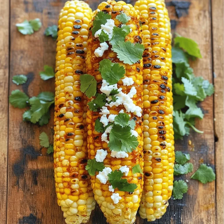 - Fresh corn details - Use 4 ears of corn, husked. Pick corn that feels firm and heavy. Fresh corn has sweet kernels that pop when you bite into them. - Spices and seasonings - Gather 2 tablespoons of olive oil, 1 teaspoon of chili powder, 1/2 teaspoon of smoked paprika, and 1/2 teaspoon of garlic powder. Add salt and pepper to taste. These spices create a bold flavor that brightens up the corn. - Optional garnishes - For an extra touch, consider 1/2 cup of crumbled feta cheese. It adds creaminess and a salty kick. Fresh cilantro or parsley can be used as a garnish to enhance the dish’s look. You can find the Full Recipe to guide you through the cooking process. How to prep the corn First, husk the corn. Remove all the green leaves and silk. Rinse each ear under cold water. Shake off any extra water. This keeps the corn clean for grilling. Making the marinade In a small bowl, mix the olive oil, chili powder, smoked paprika, garlic powder, salt, and pepper. Stir well until all the spices blend together. This marinade gives the corn its bold flavor. Grilling instructions Preheat your grill to medium-high heat. Brush each ear of corn with the chili marinade. Make sure all sides are covered. Place the corn on the grill. Grill each ear for about 10-12 minutes. Turn the corn every few minutes to get even char marks. Ideal grilling temperature Medium-high heat works best for grilling corn. This temperature helps the corn cook through while getting those lovely grill marks. Timing for perfect corn Keep an eye on the corn while grilling. After about 10-12 minutes, it should turn golden brown. Check for grill marks and tenderness. Once done, remove the corn from the grill. Drizzle fresh lime juice over it right before serving. For a little extra flavor, sprinkle feta cheese on top if you like. Enjoy your chili lime grilled corn! Check the Full Recipe for more details. To really boost the flavor of your chili lime grilled corn, consider these spice variations: - Cayenne pepper adds heat. - Cumin gives a warm, earthy note. - Lime zest brightens the taste. I recommend grilling the corn over medium-high heat. This heat level gives a nice char without burning it. Turn the corn frequently for even cooking. Aim for about 10-12 minutes until it’s golden brown. Chili lime grilled corn pairs well with many dishes. Here are a few ideas: - Serve alongside grilled meats like chicken or steak. - Use it as a topping for tacos. - Add it to salads for extra crunch. This dish shines at summer barbecues and picnics. It’s a fun side for gatherings or family dinners. It’s also great for game days or casual get-togethers. For the full recipe, check out the details above. {{image_2}} You can change the flavor of your chili lime grilled corn easily. A few spicy options can kick it up a notch. Try adding cayenne pepper or crushed red pepper flakes to the marinade. This makes the corn fiery and exciting. You can also use a spicy seasoning blend. This can add depth and heat to each bite. For a fresh twist, try herb-infused options. Mix in some chopped fresh herbs like basil or oregano. These herbs can brighten up the dish and add a new taste. You can also use a mix of Italian herbs for a fun change. This adds a fragrant touch and makes it unique. If you need vegan adjustments, it’s simple. Just skip the feta cheese and use olive oil for the marinade. You can also add nutritional yeast for a cheesy flavor. This keeps your dish tasty without dairy. For gluten-free options, the recipe is already safe. All the ingredients are naturally gluten-free. Just make sure your chili powder and any other spices do not contain gluten. This way, everyone can enjoy this grilled corn delight. You can find the full recipe for chili lime grilled corn above. After enjoying your chili lime grilled corn, store any leftovers in the fridge. Wrap the corn in plastic wrap or place it in an airtight container. This keeps the corn fresh and tasty for up to three days. If you want to save it longer, consider freezing it. To freeze, cut the corn off the cob and place it in a freezer bag. Remove as much air as possible before sealing. Frozen corn can last for up to three months. Reheating grilled corn is simple. The best method is to use the grill again. Preheat the grill to medium heat. Place the corn back on the grill for about 5 minutes, turning occasionally. This warms the corn and brings back its charred flavor. If you don’t want to grill, you can microwave it. Wrap the corn in a damp paper towel and heat for about one minute. Check if it’s warm enough, and heat more if needed. Enjoy your delicious corn just like when it was fresh! How to choose the best corn for grilling? Look for fresh corn with bright green husks. The kernels should be plump and firm. If the silk at the top is brown, that's fine. Just avoid any dry or brown husks. Sweet corn is best for grilling. It adds great flavor to your dish. Can I make this recipe ahead of time? Yes, you can prepare the corn and the marinade ahead of time. Husk the corn and store it in the fridge. You can also mix the marinade and keep it in a sealed container. Just brush the marinade on the corn right before grilling it. What can I use besides feta cheese? If you want a different taste, try queso fresco or goat cheese. You can even skip cheese for a lighter option. Fresh herbs like cilantro or parsley can add flavor as well. How to deal with leftover marinade? If you have leftover marinade, store it in a sealed container in the fridge. You can use it on other grilled veggies or meats. Just remember, do not reuse marinade that touched raw corn. Can this recipe be made on a stovetop grill pan? Yes, you can use a stovetop grill pan. Just heat it over medium-high heat and follow the same grilling time. The corn will get nice grill marks and flavor, just like on an outdoor grill. This blog post covered how to make chili lime grilled corn. We discussed fresh ingredients, including spices, and various garnishes. You learned step-by-step prep and cooking tips for grilling. I shared ways to enhance flavor and offered serving ideas. Variations for different tastes and dietary needs were included, plus storage and reheating tips. To sum it up, grilling corn can be fun and easy. Try these tips to elevate your dish for any occasion. Enjoy your delicious grilled corn!