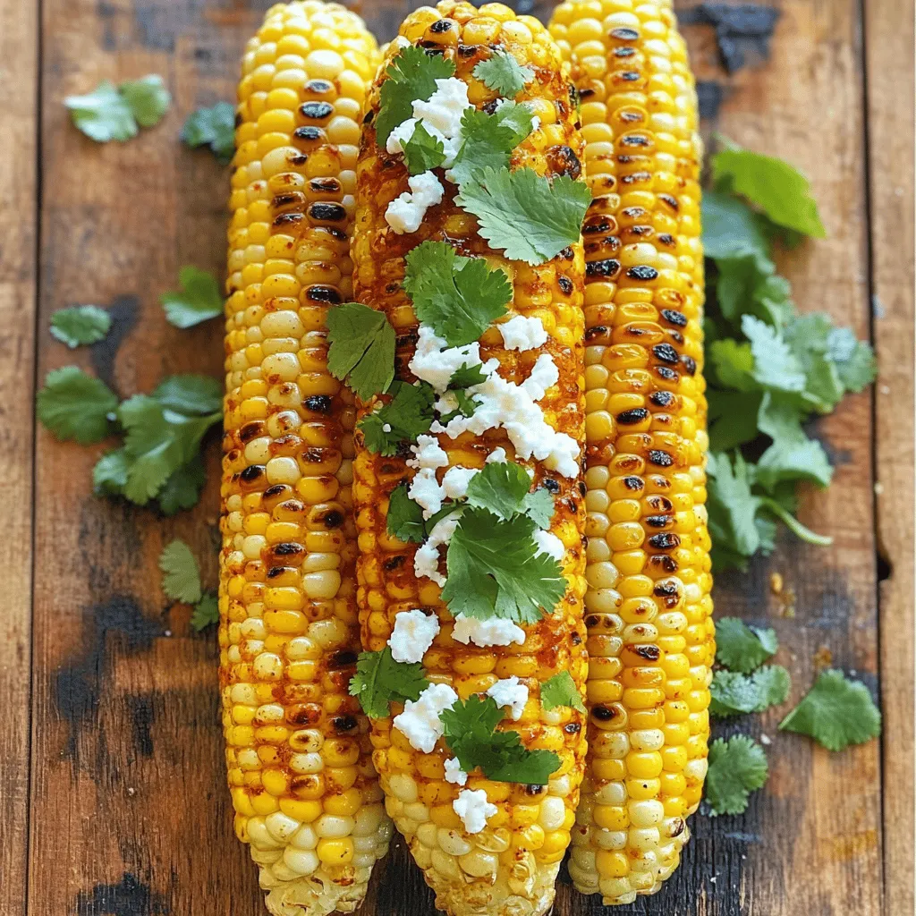 - Fresh corn details - Use 4 ears of corn, husked. Pick corn that feels firm and heavy. Fresh corn has sweet kernels that pop when you bite into them. - Spices and seasonings - Gather 2 tablespoons of olive oil, 1 teaspoon of chili powder, 1/2 teaspoon of smoked paprika, and 1/2 teaspoon of garlic powder. Add salt and pepper to taste. These spices create a bold flavor that brightens up the corn. - Optional garnishes - For an extra touch, consider 1/2 cup of crumbled feta cheese. It adds creaminess and a salty kick. Fresh cilantro or parsley can be used as a garnish to enhance the dish’s look. You can find the Full Recipe to guide you through the cooking process. How to prep the corn First, husk the corn. Remove all the green leaves and silk. Rinse each ear under cold water. Shake off any extra water. This keeps the corn clean for grilling. Making the marinade In a small bowl, mix the olive oil, chili powder, smoked paprika, garlic powder, salt, and pepper. Stir well until all the spices blend together. This marinade gives the corn its bold flavor. Grilling instructions Preheat your grill to medium-high heat. Brush each ear of corn with the chili marinade. Make sure all sides are covered. Place the corn on the grill. Grill each ear for about 10-12 minutes. Turn the corn every few minutes to get even char marks. Ideal grilling temperature Medium-high heat works best for grilling corn. This temperature helps the corn cook through while getting those lovely grill marks. Timing for perfect corn Keep an eye on the corn while grilling. After about 10-12 minutes, it should turn golden brown. Check for grill marks and tenderness. Once done, remove the corn from the grill. Drizzle fresh lime juice over it right before serving. For a little extra flavor, sprinkle feta cheese on top if you like. Enjoy your chili lime grilled corn! Check the Full Recipe for more details. To really boost the flavor of your chili lime grilled corn, consider these spice variations: - Cayenne pepper adds heat. - Cumin gives a warm, earthy note. - Lime zest brightens the taste. I recommend grilling the corn over medium-high heat. This heat level gives a nice char without burning it. Turn the corn frequently for even cooking. Aim for about 10-12 minutes until it’s golden brown. Chili lime grilled corn pairs well with many dishes. Here are a few ideas: - Serve alongside grilled meats like chicken or steak. - Use it as a topping for tacos. - Add it to salads for extra crunch. This dish shines at summer barbecues and picnics. It’s a fun side for gatherings or family dinners. It’s also great for game days or casual get-togethers. For the full recipe, check out the details above. {{image_2}} You can change the flavor of your chili lime grilled corn easily. A few spicy options can kick it up a notch. Try adding cayenne pepper or crushed red pepper flakes to the marinade. This makes the corn fiery and exciting. You can also use a spicy seasoning blend. This can add depth and heat to each bite. For a fresh twist, try herb-infused options. Mix in some chopped fresh herbs like basil or oregano. These herbs can brighten up the dish and add a new taste. You can also use a mix of Italian herbs for a fun change. This adds a fragrant touch and makes it unique. If you need vegan adjustments, it’s simple. Just skip the feta cheese and use olive oil for the marinade. You can also add nutritional yeast for a cheesy flavor. This keeps your dish tasty without dairy. For gluten-free options, the recipe is already safe. All the ingredients are naturally gluten-free. Just make sure your chili powder and any other spices do not contain gluten. This way, everyone can enjoy this grilled corn delight. You can find the full recipe for chili lime grilled corn above. After enjoying your chili lime grilled corn, store any leftovers in the fridge. Wrap the corn in plastic wrap or place it in an airtight container. This keeps the corn fresh and tasty for up to three days. If you want to save it longer, consider freezing it. To freeze, cut the corn off the cob and place it in a freezer bag. Remove as much air as possible before sealing. Frozen corn can last for up to three months. Reheating grilled corn is simple. The best method is to use the grill again. Preheat the grill to medium heat. Place the corn back on the grill for about 5 minutes, turning occasionally. This warms the corn and brings back its charred flavor. If you don’t want to grill, you can microwave it. Wrap the corn in a damp paper towel and heat for about one minute. Check if it’s warm enough, and heat more if needed. Enjoy your delicious corn just like when it was fresh! How to choose the best corn for grilling? Look for fresh corn with bright green husks. The kernels should be plump and firm. If the silk at the top is brown, that's fine. Just avoid any dry or brown husks. Sweet corn is best for grilling. It adds great flavor to your dish. Can I make this recipe ahead of time? Yes, you can prepare the corn and the marinade ahead of time. Husk the corn and store it in the fridge. You can also mix the marinade and keep it in a sealed container. Just brush the marinade on the corn right before grilling it. What can I use besides feta cheese? If you want a different taste, try queso fresco or goat cheese. You can even skip cheese for a lighter option. Fresh herbs like cilantro or parsley can add flavor as well. How to deal with leftover marinade? If you have leftover marinade, store it in a sealed container in the fridge. You can use it on other grilled veggies or meats. Just remember, do not reuse marinade that touched raw corn. Can this recipe be made on a stovetop grill pan? Yes, you can use a stovetop grill pan. Just heat it over medium-high heat and follow the same grilling time. The corn will get nice grill marks and flavor, just like on an outdoor grill. This blog post covered how to make chili lime grilled corn. We discussed fresh ingredients, including spices, and various garnishes. You learned step-by-step prep and cooking tips for grilling. I shared ways to enhance flavor and offered serving ideas. Variations for different tastes and dietary needs were included, plus storage and reheating tips. To sum it up, grilling corn can be fun and easy. Try these tips to elevate your dish for any occasion. Enjoy your delicious grilled corn!