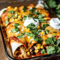 - 2 cups cooked chicken, shredded - 1 cup black beans, drained and rinsed - 1 cup corn kernels (frozen or fresh) - 1 cup enchilada sauce (store-bought or homemade) - 8 small flour tortillas - 1 cup shredded cheese (cheddar or a Mexican blend) - 1/2 teaspoon cumin - 1/2 teaspoon chili powder - 1/4 cup fresh cilantro, chopped (plus extra for garnish) - 1/2 cup sour cream (for serving) - Salt and pepper to taste - Diced avocado - Sliced jalapeños - Green onions You can swap the shredded chicken for shredded beef or tofu. Use lentils or chickpeas instead of black beans for a plant-based option. If you want a dairy-free meal, try using vegan cheese. 1. Preheat your oven to 350°F (175°C). This ensures even cooking. 2. In a large bowl, combine the filling ingredients. Mix well to blend flavors. - 2 cups cooked chicken, shredded - 1 cup black beans, drained and rinsed - 1 cup corn kernels (frozen or fresh) - 1 cup enchilada sauce (store-bought or homemade) - 1/2 teaspoon cumin - 1/2 teaspoon chili powder - 1/4 cup fresh cilantro, chopped - Salt and pepper to taste 1. Take one tortilla and spoon about 1/4 cup of the chicken mixture into the center. 2. Roll the tortilla tightly around the filling. Place it seam-side down in a greased baking dish. Repeat with the rest of the tortillas. 3. After all the enchiladas are in the dish, pour any remaining enchilada sauce over the top. 1. Sprinkle shredded cheese evenly over the sauce. - 1 cup shredded cheese (cheddar or a Mexican blend) 2. Bake in the preheated oven for 20-25 minutes. Look for bubbly and golden cheese. 3. Remove from the oven and let cool for a few minutes. Enjoy your tasty enchiladas warm! For the complete recipe, check the Full Recipe. To make your chicken enchiladas turn out great, focus on even cooking. Ensure your oven is preheated to 350°F before baking. This helps to cook the enchiladas evenly. When you pour the sauce over the top, try to cover all areas. This keeps the tortillas from getting too dry. For a bubbly cheese topping, use shredded cheese that melts well, like cheddar or a Mexican blend. Sprinkle the cheese evenly over the enchiladas. You want every bite to have that cheesy goodness. Bake until the cheese is golden and bubbly, about 20-25 minutes. Pair your enchiladas with tasty side dishes for a full meal. Rice and beans complement them well. You can also serve a fresh salad to balance the flavors. Don't forget about sour cream! A dollop of sour cream adds creaminess. It cools the heat from the spices, making each bite delightful. You can also add salsa or guacamole for extra flavor. Watch out for overfilling your tortillas. If you stuff them too much, they can burst open while baking. Aim for about 1/4 cup of filling per tortilla. Also, don't skip the resting time after baking. Let the enchiladas cool for a few minutes before serving. This helps the flavors settle and makes them easier to serve. Enjoy your delicious meal! {{image_2}} You can switch up the protein in your enchiladas. Use beef or pork instead of chicken. Ground beef gives a hearty taste. Shredded pork adds a nice texture. For a vegetarian option, try black beans or lentils. These choices keep the dish tasty and fun. Enchiladas can shine with different sauces. You can choose red or green enchilada sauce. Red sauce has a rich flavor, while green sauce offers a zesty kick. You can make your own sauce or grab a bottle at the store. Both options work well and save time. Feel free to get creative with your enchiladas. Add more veggies like bell peppers, spinach, or zucchini. These extra ingredients add color and nutrition. You can also spice things up with jalapeños or diced onions. For garnishes, try avocado slices, fresh lime, or extra cilantro. These touches enhance your meal and make it look great. For the full recipe, check out the Easy Chicken Enchiladas section above. To keep your enchiladas fresh, store them in an airtight container. This helps prevent drying out. Place them in the fridge within two hours of cooking. They will last about three to four days. If you want to save them longer, consider freezing. Wrap each enchilada in plastic wrap. Then, place them in a freezer bag. This method helps keep them tasty for up to three months. When it’s time to enjoy your leftovers, you have two great options: the oven or microwave. For the oven, preheat it to 350°F (175°C). Place the enchiladas in a baking dish and cover them with foil. Heat for about 20 minutes. This method keeps the texture nice. For the microwave, place one enchilada on a plate. Cover it with a damp paper towel. Heat for about one to two minutes. Check to see if it's hot all the way through. In the fridge, your enchiladas will stay good for three to four days. If you freeze them, they can last up to three months. Mark the date on the bag to keep track. Enjoy your Easy Chicken Enchiladas any time with these simple storage tips. For the full recipe, check the original section. Making Easy Chicken Enchiladas is quick! It takes about 15 minutes to prep and 25 minutes to cook. In total, you can enjoy this dish in about 40 minutes. That’s fast for a tasty meal! Yes, you can make enchiladas ahead. Assemble them, then cover and store in the fridge for up to 24 hours. This saves time on busy days. Just remember to add some sauce on top before baking. This keeps them moist and delicious. To reheat chicken enchiladas, the best method is the oven. Preheat it to 350°F (175°C). Place the enchiladas in a baking dish. Cover with foil to keep them from drying out. Heat for about 15-20 minutes. You can also use the microwave, but this may not keep them as crispy. In this blog post, I shared how to make easy chicken enchiladas from scratch. We covered the necessary ingredients, clear steps for cooking, and tips to avoid common mistakes. Remember, you can mix things up with different proteins and sauces. Enjoy your meal with fun garnishes and tasty sides. Whether it's a weeknight dinner or a special occasion, homemade enchiladas make it special. Start cooking and have fun in the kitchen!