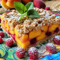 - 2 cups rolled oats - 1 cup almond flour - 1/2 cup brown sugar - 1/2 teaspoon salt - 1/2 teaspoon cinnamon - 1/2 cup melted coconut oil - 1/4 cup honey or maple syrup - 1 teaspoon vanilla extract - 2 large ripe peaches, diced - 1 cup fresh raspberries - 1 tablespoon lemon juice - Optional: 1/4 cup chopped nuts To make Peach Raspberry Oat Bars, gather these ingredients first. The oats and almond flour form a hearty base. Brown sugar adds sweetness that balances the tart raspberries and juicy peaches. Salt and cinnamon round out the flavor, making each bite delicious. For the wet ingredients, melted coconut oil keeps the bars moist. Honey or maple syrup adds a natural sweetness, while vanilla extract gives a lovely aroma. Now, let's talk fruit. Peaches bring a soft and sweet taste, while raspberries add a bit of tang. Lemon juice brightens the flavors. If you like nuts, add some for crunch. This mix of ingredients creates a tasty treat that’s simple to make. Check out the Full Recipe for complete steps! 1. Preheat your oven to 350°F (175°C). Line an 8x8 inch baking dish with parchment paper. Leave some paper hanging over the edges. This will help you lift the bars out later. 2. In a large bowl, mix together the dry ingredients. Combine 2 cups rolled oats, 1 cup almond flour, 1/2 cup brown sugar, 1/2 teaspoon salt, and 1/2 teaspoon cinnamon. Stir until everything is well mixed. 3. In another bowl, whisk together the wet ingredients. Combine 1/2 cup melted coconut oil, 1/4 cup honey or maple syrup, and 1 teaspoon vanilla extract. Make sure this mixture is smooth. 4. Pour the wet mixture into the dry ingredients. Stir until everything blends well. The mix should be crumbly but hold together when pressed. 5. Save 1 cup of the oat mixture for the topping. Press the rest evenly into the bottom of your prepared baking dish. This will be your base. 6. In a separate bowl, mix 2 large diced peaches, 1 cup fresh raspberries, and 1 tablespoon lemon juice. If you want, add 1/4 cup chopped nuts. Gently fold the fruit until it's coated. 7. Spread the fruit mixture evenly over the oat base in the dish. 8. Crumble the reserved oat mixture over the fruit layer for the topping. 9. Bake the bars for 25-30 minutes. Look for a golden brown color on top. 10. Let the bars cool for at least 30 minutes in the dish. Use the parchment paper to lift them out. Cut them into squares or rectangles. For the full recipe, check out the details above. Enjoy making your delicious peach raspberry oat bars! - Set your oven to 350°F (175°C). This temperature works best for baking oat bars. - Bake for 25-30 minutes. Look for a light golden color on top. - To check if the bars are done, insert a toothpick in the center. If it comes out clean, the bars are ready. - Serve these bars on a bright plate. A colorful plate makes the bars pop! - Dust the top with powdered sugar for sweetness and a nice look. - Add fresh raspberries and a mint leaf as garnishes. This adds color and freshness. - Store bars in an airtight container. This keeps them fresh longer. - Add a pinch of nutmeg for a warm flavor boost. - A splash of almond extract can give the bars a nice twist. - Adjust sweetness by adding more or less honey or maple syrup. Taste as you go! - If you like a tart flavor, squeeze extra lemon juice over the fruit mix. {{image_2}} You can switch out peaches for other fruits. Try using nectarines or plums for a new taste. Berries like blueberries or strawberries work well too. If you choose frozen berries, they are easy to use. Just thaw them slightly before adding to your mix. This way, you save time and still enjoy great flavor. If you need a gluten-free option, use oat flour instead of almond flour. It keeps the texture nice and soft. For a vegan version, replace honey with maple syrup. Both options add sweetness without changing the taste. Adding nuts or seeds boosts flavor and crunch. Chopped walnuts or pecans are great choices. If someone has nut allergies, skip the nuts. Instead, add sunflower seeds or pumpkin seeds for a tasty and safe option. You can also make them nut-free by simply leaving them out. These variations are easy to try. They let you make Peach Raspberry Oat Bars your own while keeping them delicious. Explore the [Full Recipe] for more details on making these bars. To keep your Peach Raspberry Oat Bars fresh, store them in the fridge. Place the bars in an airtight container. This method helps retain their moisture and flavor. If you leave them out, they can dry out quickly. Use parchment paper to separate layers if stacking. You can freeze these bars for later enjoyment. First, let them cool completely. Wrap each bar in plastic wrap. Then, place them in a freezer-safe bag or container. Label the bag with the date. They will stay fresh for up to three months. To thaw, move a bar to the fridge overnight or heat in the microwave for a few seconds. If you want a warm treat, reheating is simple. Use a microwave for quick warming. Heat for about 10-15 seconds. You can also warm them in the oven at 350°F (175°C) for 5-10 minutes. Serve them with a scoop of yogurt or a drizzle of honey for extra flavor. Enjoy your Peach Raspberry Oat Bars, fresh and warm! To make Peach Raspberry Oat Bars, start by preheating your oven to 350°F (175°C). Line an 8x8 inch baking dish with parchment paper. In a large bowl, mix together 2 cups of rolled oats, 1 cup of almond flour, 1/2 cup of brown sugar, 1/2 teaspoon of salt, and 1/2 teaspoon of cinnamon. In another bowl, whisk together 1/2 cup of melted coconut oil, 1/4 cup of honey or maple syrup, and 1 teaspoon of vanilla extract. Combine the wet and dry mixes until crumbly. Press most of this mixture into the baking dish. For the fruit layer, combine 2 diced peaches, 1 cup of raspberries, and 1 tablespoon of lemon juice in a bowl. Spread this fruit mix over your oat base. Crumble the reserved oat mix on top and bake for 25-30 minutes. Let them cool before cutting. If you need a nut-free option, you can use oat flour or all-purpose flour instead of almond flour. These options work well to keep the texture light and tasty. If you want a gluten-free choice, use certified gluten-free oat flour. This will allow you to create a similar flavor while ensuring it meets your dietary needs. Yes, you can use frozen fruit in your bars! Frozen peaches and raspberries are great options. They are often picked at peak ripeness, making them tasty. Just remember to thaw them first and drain any excess liquid. This helps prevent your bars from becoming too soggy. Using frozen fruit also saves you time and can be more convenient. Peach Raspberry Oat Bars stay fresh for about 5 days when stored properly in an airtight container at room temperature. If you want them to last longer, you can refrigerate them for up to 2 weeks. For even longer storage, you can freeze the bars for up to 3 months. When ready to eat, simply thaw them overnight in the fridge or at room temperature. To wrap it up, we covered how to make tasty Peach Raspberry Oat Bars. You learned about the key ingredients, both wet and dry, and the steps to put them together. Tips for baking and presentation helped you plan ahead. You also saw ways to customize and store your bars. I hope you feel ready to try this simple recipe. Enjoy your baking adventure!