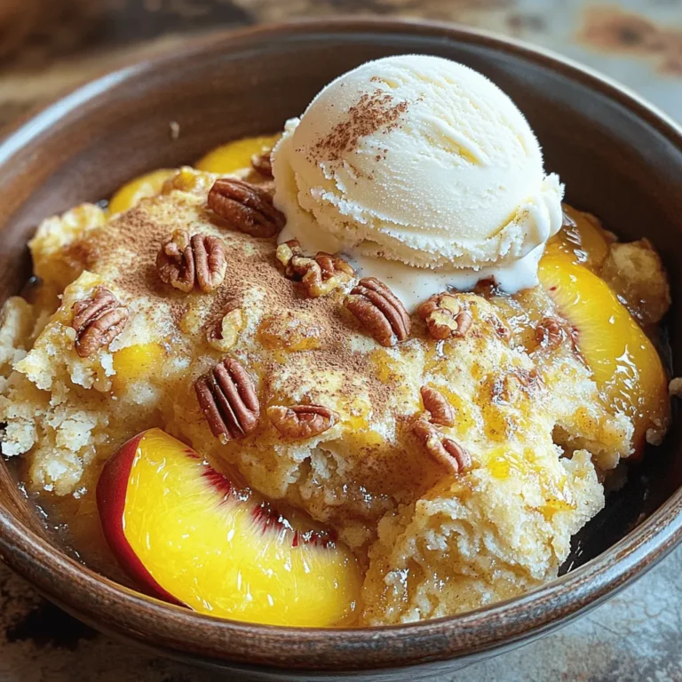 To make your peach cobbler dump cake, you will need: - 4 cups sliced fresh peaches (or canned peaches, drained) - 1 cup granulated sugar - 1 tablespoon lemon juice - 1 teaspoon cinnamon - 1 box (15.25 oz) yellow cake mix - 1 cup unsalted butter, melted - 1 cup chopped pecans (optional) - Vanilla ice cream or whipped cream (for serving) If you don’t have fresh peaches, canned ones work well. Just make sure to drain them first. You can swap granulated sugar for brown sugar for a richer flavor. If you want a twist, try adding a dash of nutmeg. For a dairy-free option, use a plant-based butter. Choose ripe peaches for the best taste. Look for peaches that feel slightly soft but not mushy. The color should be a warm yellow or orange. Smell the peach; it should have a sweet scent. If they are hard, let them sit at room temperature for a few days to ripen. This will enhance their natural sweetness and flavor. To start, wash and slice your peaches. You need about 4 cups. If you use canned peaches, drain them well. In a large bowl, mix the peaches with 1 cup of granulated sugar, 1 tablespoon of lemon juice, and 1 teaspoon of cinnamon. Toss everything together until the peaches are coated. This step brings out the sweet flavor. Once mixed, spread the peach mixture evenly in a greased 9x13-inch baking dish. Next, take the box of yellow cake mix. Open it and sprinkle it evenly over the peach layer. Do not mix it in. Just let it sit on top. Then, melt 1 cup of unsalted butter. Drizzle the melted butter over the cake mix. Make sure to cover all areas. If you like, sprinkle 1 cup of chopped pecans on top for some crunch. This adds a nice texture and flavor to your cake. Now, it’s time to bake! Preheat your oven to 350°F (175°C). Place the baking dish in the oven and bake for 40 to 45 minutes. Keep an eye on it. The top should turn golden brown and become bubbly. Once done, remove it from the oven. Let it cool for about 10 minutes before serving. This cake is best warm and can be served with vanilla ice cream or whipped cream. Enjoy your delicious peach cobbler dump cake! For the full recipe, check the section above. To get the best texture for your peach cobbler dump cake, follow these tips: - Use fresh peaches when they are in season. They give the best taste and texture. - If you use canned peaches, drain them well. You want to avoid a soggy cake. - Don't mix the dry cake mix with the peaches. This layer creates a lovely crust. - Pour the melted butter all over the cake mix. This step gives a golden top. - Bake until the top is golden brown. This means your cake is done just right. To boost the flavor of your dump cake, try these ideas: - Add a pinch of nutmeg with the cinnamon for warmth. - Use brown sugar instead of granulated sugar for a rich taste. - Consider adding almond extract. This small change adds a nice twist. - Toss in some berries or apples with the peaches for extra flavor. - Top your warm cake with vanilla ice cream or whipped cream. It makes the dish even better! Avoid these pitfalls to ensure your cake turns out great: - Don’t skip the lemon juice. It brightens the flavors and balances the sweetness. - Make sure your butter is fully melted. This ensures even baking. - Avoid overbaking. Keep an eye on the cake as it bakes. - Don't rush the cooling time. Let it rest for about 10 minutes before serving. - Always check the oven temperature. An oven that runs hot can burn your cake. These tips will help you make a peach cobbler dump cake that shines in both taste and texture. For the full recipe, check the details above! {{image_2}} You can switch out peaches for many other fruits. Try using fresh or canned cherries, apples, or blueberries. Each fruit brings its own unique flavor. For example, cherries give a tart bite, while blueberries add sweetness. You can even mix two or more fruits for extra fun. Just keep the same amount of fruit to ensure the cake bakes well. If you need a gluten-free version, you can use gluten-free cake mix. Many brands offer tasty options. Check the labels to find one you like. You can also use almond flour or coconut flour as a base. Just remember to adjust the amount of sugar, as these flours can change the sweetness. Serving your peach cobbler dump cake warm is the best way to enjoy it. I love adding a scoop of vanilla ice cream on top. It melts and mixes with the warm cake, creating a perfect treat. You can also try whipped cream if you prefer. For a nice touch, sprinkle some cinnamon or add a fresh peach slice on top. This makes your dessert extra special! To store leftovers, first let the cake cool. Then, cover it with plastic wrap or foil. You can also use an airtight container. This keeps the cake fresh for a few days. Store it in the fridge if you want it to last longer. It stays good for about 3 to 4 days. If you want to freeze the cake, wait until it cools completely. Cut it into slices for easy serving later. Wrap each piece tightly in plastic wrap. Then, place them in a freezer bag. Be sure to remove as much air as possible. This helps avoid freezer burn. The cake can last in the freezer for up to 3 months. To reheat the cake, take a slice from the fridge or freezer. If it's frozen, let it thaw in the fridge overnight. For a quick warm-up, use the microwave. Heat it for about 30 seconds or until warm. You can also reheat it in the oven. Preheat the oven to 350°F (175°C) and bake for about 10 minutes. Serve it warm with a scoop of vanilla ice cream or whipped cream for extra delight. A dump cake is a very simple dessert. You dump layers of ingredients into a pan. There is no mixing needed, which makes it quick. You can use fruits, cake mix, and butter. The result is a warm, gooey treat. It’s a favorite for many people. Peach Cobbler Dump Cake is a great example of this fun treat. Yes, you can use frozen peaches! Just make sure to thaw them first. Drain any extra liquid to keep your cake from being soggy. Frozen peaches work well and save time. They still taste great in your Peach Cobbler Dump Cake. Leftover Peach Cobbler Dump Cake can last about 3-4 days. Store it in an airtight container in the fridge. If you want it warm, just reheat a slice in the microwave. It tastes almost as good as fresh. Yes, you can make this cake ahead of time! Just prepare it and let it cool. Cover it well and keep it in the fridge. You can bake it the next day. This makes it easy for parties or family meals. If you're in a hurry, check out the Full Recipe for quick steps! This blog post covered the key elements of making a peach cobbler dump cake. You learned about the ingredients and how to choose the best peaches. The step-by-step instructions guided you through preparing and baking the cake. We also shared tips and tricks to enhance flavor and avoid mistakes. Plus, there are fun variations and storage tips. Remember, making this dessert is easy and enjoyable. With the right ingredients and steps, you can create something tasty. Happy baking!