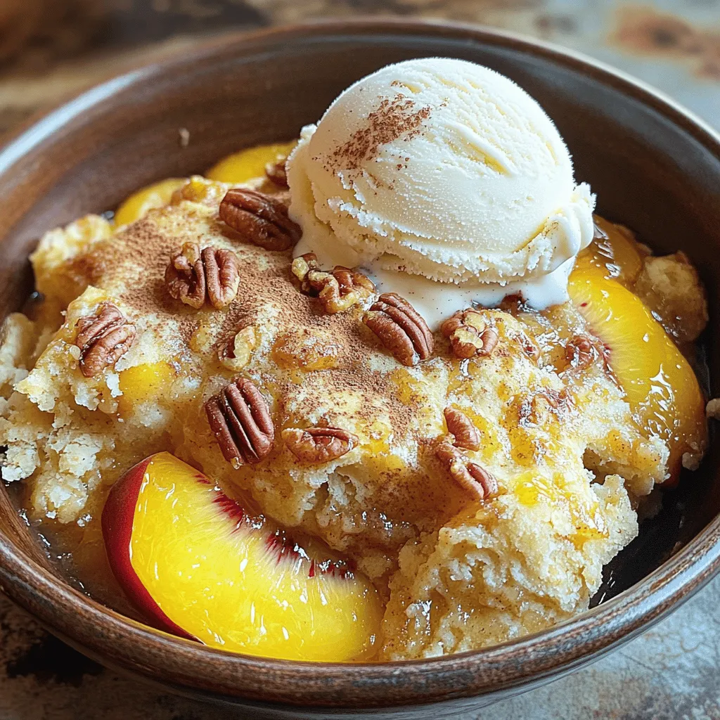 To make your peach cobbler dump cake, you will need: - 4 cups sliced fresh peaches (or canned peaches, drained) - 1 cup granulated sugar - 1 tablespoon lemon juice - 1 teaspoon cinnamon - 1 box (15.25 oz) yellow cake mix - 1 cup unsalted butter, melted - 1 cup chopped pecans (optional) - Vanilla ice cream or whipped cream (for serving) If you don’t have fresh peaches, canned ones work well. Just make sure to drain them first. You can swap granulated sugar for brown sugar for a richer flavor. If you want a twist, try adding a dash of nutmeg. For a dairy-free option, use a plant-based butter. Choose ripe peaches for the best taste. Look for peaches that feel slightly soft but not mushy. The color should be a warm yellow or orange. Smell the peach; it should have a sweet scent. If they are hard, let them sit at room temperature for a few days to ripen. This will enhance their natural sweetness and flavor. To start, wash and slice your peaches. You need about 4 cups. If you use canned peaches, drain them well. In a large bowl, mix the peaches with 1 cup of granulated sugar, 1 tablespoon of lemon juice, and 1 teaspoon of cinnamon. Toss everything together until the peaches are coated. This step brings out the sweet flavor. Once mixed, spread the peach mixture evenly in a greased 9x13-inch baking dish. Next, take the box of yellow cake mix. Open it and sprinkle it evenly over the peach layer. Do not mix it in. Just let it sit on top. Then, melt 1 cup of unsalted butter. Drizzle the melted butter over the cake mix. Make sure to cover all areas. If you like, sprinkle 1 cup of chopped pecans on top for some crunch. This adds a nice texture and flavor to your cake. Now, it’s time to bake! Preheat your oven to 350°F (175°C). Place the baking dish in the oven and bake for 40 to 45 minutes. Keep an eye on it. The top should turn golden brown and become bubbly. Once done, remove it from the oven. Let it cool for about 10 minutes before serving. This cake is best warm and can be served with vanilla ice cream or whipped cream. Enjoy your delicious peach cobbler dump cake! For the full recipe, check the section above. To get the best texture for your peach cobbler dump cake, follow these tips: - Use fresh peaches when they are in season. They give the best taste and texture. - If you use canned peaches, drain them well. You want to avoid a soggy cake. - Don't mix the dry cake mix with the peaches. This layer creates a lovely crust. - Pour the melted butter all over the cake mix. This step gives a golden top. - Bake until the top is golden brown. This means your cake is done just right. To boost the flavor of your dump cake, try these ideas: - Add a pinch of nutmeg with the cinnamon for warmth. - Use brown sugar instead of granulated sugar for a rich taste. - Consider adding almond extract. This small change adds a nice twist. - Toss in some berries or apples with the peaches for extra flavor. - Top your warm cake with vanilla ice cream or whipped cream. It makes the dish even better! Avoid these pitfalls to ensure your cake turns out great: - Don’t skip the lemon juice. It brightens the flavors and balances the sweetness. - Make sure your butter is fully melted. This ensures even baking. - Avoid overbaking. Keep an eye on the cake as it bakes. - Don't rush the cooling time. Let it rest for about 10 minutes before serving. - Always check the oven temperature. An oven that runs hot can burn your cake. These tips will help you make a peach cobbler dump cake that shines in both taste and texture. For the full recipe, check the details above! {{image_2}} You can switch out peaches for many other fruits. Try using fresh or canned cherries, apples, or blueberries. Each fruit brings its own unique flavor. For example, cherries give a tart bite, while blueberries add sweetness. You can even mix two or more fruits for extra fun. Just keep the same amount of fruit to ensure the cake bakes well. If you need a gluten-free version, you can use gluten-free cake mix. Many brands offer tasty options. Check the labels to find one you like. You can also use almond flour or coconut flour as a base. Just remember to adjust the amount of sugar, as these flours can change the sweetness. Serving your peach cobbler dump cake warm is the best way to enjoy it. I love adding a scoop of vanilla ice cream on top. It melts and mixes with the warm cake, creating a perfect treat. You can also try whipped cream if you prefer. For a nice touch, sprinkle some cinnamon or add a fresh peach slice on top. This makes your dessert extra special! To store leftovers, first let the cake cool. Then, cover it with plastic wrap or foil. You can also use an airtight container. This keeps the cake fresh for a few days. Store it in the fridge if you want it to last longer. It stays good for about 3 to 4 days. If you want to freeze the cake, wait until it cools completely. Cut it into slices for easy serving later. Wrap each piece tightly in plastic wrap. Then, place them in a freezer bag. Be sure to remove as much air as possible. This helps avoid freezer burn. The cake can last in the freezer for up to 3 months. To reheat the cake, take a slice from the fridge or freezer. If it's frozen, let it thaw in the fridge overnight. For a quick warm-up, use the microwave. Heat it for about 30 seconds or until warm. You can also reheat it in the oven. Preheat the oven to 350°F (175°C) and bake for about 10 minutes. Serve it warm with a scoop of vanilla ice cream or whipped cream for extra delight. A dump cake is a very simple dessert. You dump layers of ingredients into a pan. There is no mixing needed, which makes it quick. You can use fruits, cake mix, and butter. The result is a warm, gooey treat. It’s a favorite for many people. Peach Cobbler Dump Cake is a great example of this fun treat. Yes, you can use frozen peaches! Just make sure to thaw them first. Drain any extra liquid to keep your cake from being soggy. Frozen peaches work well and save time. They still taste great in your Peach Cobbler Dump Cake. Leftover Peach Cobbler Dump Cake can last about 3-4 days. Store it in an airtight container in the fridge. If you want it warm, just reheat a slice in the microwave. It tastes almost as good as fresh. Yes, you can make this cake ahead of time! Just prepare it and let it cool. Cover it well and keep it in the fridge. You can bake it the next day. This makes it easy for parties or family meals. If you're in a hurry, check out the Full Recipe for quick steps! This blog post covered the key elements of making a peach cobbler dump cake. You learned about the ingredients and how to choose the best peaches. The step-by-step instructions guided you through preparing and baking the cake. We also shared tips and tricks to enhance flavor and avoid mistakes. Plus, there are fun variations and storage tips. Remember, making this dessert is easy and enjoyable. With the right ingredients and steps, you can create something tasty. Happy baking!