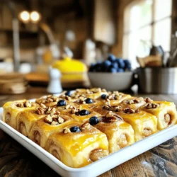 To make a delicious Cinnamon Roll Casserole, you'll need a few key items: - 2 cans refrigerated cinnamon roll dough (with icing) - 4 large eggs - 1 cup milk - 1 teaspoon vanilla extract - 1 teaspoon ground cinnamon These ingredients form the base of your casserole. The cinnamon roll dough provides a sweet, fluffy texture. The eggs and milk create a rich custard that soaks into the rolls. You can enhance your casserole with some fun additions. Here are a few ideas: - ½ cup maple syrup - ½ cup chopped pecans - 1 cup fresh blueberries Maple syrup adds extra sweetness and flavor. Chopped pecans give a nice crunch, while blueberries add a burst of freshness. You can mix and match or try them all! For the full recipe, check the details above. Enjoy making this easy and delightful dish! 1. Preheat your oven to 375°F (190°C). This ensures the casserole bakes evenly. 2. Grease a 9x13 inch baking dish with cooking spray or butter. This helps prevent sticking. 3. Open the cans of cinnamon roll dough. Cut each roll into quarters. Make sure to keep the pieces uniform for even cooking. 1. In a large mixing bowl, whisk together 4 large eggs, 1 cup of milk, 1 teaspoon of vanilla extract, and 1 teaspoon of ground cinnamon. Mix until everything is well blended. 2. Pour the egg mixture evenly over the cinnamon roll pieces in the baking dish. Use a spatula to gently press down. This helps all pieces soak up the mixture. 1. Drizzle ½ cup of maple syrup over the top of the casserole. You can also sprinkle chopped pecans and blueberries if you like these flavors. 2. Bake in the preheated oven for about 25-30 minutes. Check for doneness by inserting a toothpick into the center. It should come out clean when done. 3. Remove the casserole from the oven and let it cool for a few minutes. Drizzle the included icing over the top while it is still warm for that extra sweetness. For the full recipe, refer back to the ingredients and instructions provided. To ensure even soaking of cinnamon roll pieces, cut them into quarters. Spread the pieces evenly in your greased baking dish. Then, pour the egg mixture over them. Press down gently with a spatula. This helps each piece soak up the mix. To achieve a golden brown top, bake at 375°F for 25-30 minutes. Keep an eye on the casserole. The top should look golden, and the center should be set. If it browns too fast, cover it loosely with foil. For presentation, serve the casserole warm and cut it into squares. You can add fresh blueberries on top for a pop of color. A sprinkle of powdered sugar gives it a nice touch. Pair this dish with drinks like coffee or hot chocolate. It also goes well with sides like crispy bacon or fresh fruit. These options make your meal feel special and complete. {{image_2}} You can change the taste of your cinnamon roll casserole in fun ways. Try using different flavored syrups, like caramel or chocolate. This small change can make a big difference. You can also add fruits or nuts. Fresh apples or ripe bananas mix well with the sweet rolls. Chopped pecans or walnuts can add crunch and flavor. Mix and match to find your favorite combo! If you need gluten-free options, look for gluten-free cinnamon roll dough. Many brands offer this choice. You can also make dairy-free substitutions. Use almond milk or coconut milk instead of regular milk. For eggs, try a flaxseed meal or a commercial egg replacer. These changes make this dish fit for everyone. Enjoy your delicious cinnamon roll casserole with ease! To store your cinnamon roll casserole, cool it first. This step helps to keep the texture. Place any leftovers in an airtight container. You can keep it in the fridge for up to three days. Make sure to cover it well to prevent drying out. If you want to freeze the casserole, follow these steps: 1. Cool Completely: Let the casserole cool down to room temperature. 2. Wrap It Up: Use plastic wrap or aluminum foil to wrap it tightly. This keeps the air out. 3. Label and Freeze: Write the date on the wrap. You can freeze it for up to three months. When you’re ready to eat, thaw it in the fridge overnight. To reheat, place it in the oven at 350°F (175°C) for about 20 minutes. You can also use a microwave, but the oven gives a better texture. Enjoy your delicious cinnamon roll casserole! For the full recipe, check the section above. Can I prepare Cinnamon Roll Casserole in advance? Yes, you can prepare it ahead of time. Just follow the steps up to pouring the egg mixture over the rolls. Cover it and place it in the fridge overnight. This lets the flavors meld. In the morning, simply bake it as usual. What is the best way to reheat leftovers? To reheat, place slices in the microwave for about 30 seconds. You can also use the oven. Preheat it to 350°F (175°C) and warm the casserole for about 10 minutes. This keeps it soft and tasty. What to do if the casserole is too soggy? If your casserole turns out soggy, it may be due to too much liquid. Next time, reduce the milk or eggs slightly. You can also bake it a bit longer to firm it up. Just watch for burning. How to know when it is fully cooked? You’ll know it’s done when the top is golden brown. Insert a toothpick in the center. If it comes out clean, it’s ready. If it has wet batter, bake for a few more minutes. Can I use homemade cinnamon rolls instead of refrigerated? Absolutely! Homemade rolls work great in this recipe. Just cut them into quarters like the store-bought ones. They can add a fresh taste and unique texture. What can I substitute for eggs? You can use flaxseed meal as an egg replacement. Mix 1 tablespoon of flaxseed meal with 2.5 tablespoons of water. Let it sit for a few minutes until it thickens. This works well in many baked goods. This blog post outlined how to make a delicious Cinnamon Roll Casserole. You learned about the main ingredients and optional add-ins that make it unique. I shared step-by-step instructions for preparation, mixing, and baking. Cooking tips help ensure your casserole turns out perfectly. Plus, you found ideas for variations and how to store leftovers. Cinnamon Roll Casserole is fun and easy to customize. Enjoy making and sharing this sweet dish with others!