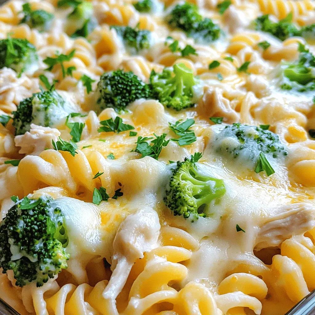 - 2 cups cooked rotini pasta - 2 cups cooked chicken breast, shredded - 2 cups Alfredo sauce - 1 cup broccoli florets, steamed - 1 cup shredded mozzarella cheese - 1/2 cup grated Parmesan cheese - 1 teaspoon garlic powder - 1 teaspoon Italian seasoning - Salt and pepper to taste - Fresh parsley, chopped To make an Easy Chicken Alfredo Bake, gather these ingredients. You need rotini pasta, cooked chicken, and Alfredo sauce. These three form the base of your dish. The pasta gives a nice bite, while the chicken provides protein. The creamy Alfredo sauce brings it all together. Next, add broccoli for a pop of color and nutrition. Cheese makes everything better. Use mozzarella for meltiness and Parmesan for a sharp flavor. For seasoning, garlic powder and Italian seasoning will boost the taste. Don’t forget salt and pepper to round it all out. Finally, fresh parsley adds a lovely touch. This recipe is simple yet full of flavor. You can find the Full Recipe at the beginning of the article. 1. Preheat the oven to 350°F (175°C). This step is key for even baking. 2. Prepare your baking dish by greasing it lightly. This prevents sticking. 3. In a large bowl, mix the cooked rotini pasta, shredded chicken, and Alfredo sauce. 4. Add the steamed broccoli, garlic powder, Italian seasoning, salt, and pepper. Stir well until everything is coated. 1. Next, transfer the mixture into your greased baking dish. Spread it out evenly. 2. Cover the dish with aluminum foil. This helps keep moisture in during the first part of baking. 3. Bake for 20 minutes in the preheated oven. This warms everything through. 1. After 20 minutes, remove the foil. This lets the cheese get bubbly and golden. 2. Bake for an additional 10 to 15 minutes. Keep an eye on it until the top looks nice and brown. 3. After baking, let it sit for 5 minutes. This helps the dish set. 4. Before serving, garnish with chopped fresh parsley. It adds color and flavor. For the complete recipe, refer to the Full Recipe. Choosing the right pasta is key. I love rotini for its curves. The sauce clings well to every twist. You can also try penne or fusilli if you like. These shapes add fun texture to the dish. To make your homemade Alfredo sauce, start with butter and cream. Melt 1 stick of butter in a pan. Slowly stir in 1 cup of heavy cream. Add garlic and cheese next. Use grated Parmesan for the best taste. Keep stirring until it’s smooth. This sauce will make your bake rich and creamy. Pair your meal with a fresh salad or garlic bread. A simple Caesar salad works well here. It adds crunch and brightness to the dish. For portion sizes, serve about 1 cup per person. Use a large spoon to help with serving. Garnish each plate with chopped parsley for color. One common mistake is overbaking the dish. This can make it dry and tough. Watch the oven closely during the last 15 minutes. Bake just until the cheese is bubbly and golden. Be careful with ingredient substitutions. Using low-fat cheese can change the flavor. Stick to full-fat cheese for a richer taste. If you swap chicken for sausage, it will give a different feel to the dish. Always taste as you go to keep flavors balanced. {{image_2}} You can change the pasta type in your Chicken Alfredo Bake. Try penne, fusilli, or even gluten-free pasta. Each type offers a unique texture. If you want, you can swap out chicken for shrimp or vegetables. Shrimp adds a nice seafood twist. For a veggie option, use bell peppers, zucchini, or mushrooms. Both options make it fresh and fun. If you need gluten-free options, choose gluten-free pasta. Many brands offer great choices that taste good. For a dairy-free version, use coconut milk or almond milk in your sauce. There are also dairy-free cheese options available. These swaps help keep the dish tasty while meeting your dietary needs. To add a kick, try spices like red pepper flakes or smoked paprika. These spices give your dish a new flavor layer. You can also mix in extra vegetables. Spinach, peas, or asparagus make great additions. They not only boost nutrition but also add color and flavor. Experiment with these ideas to find your perfect Chicken Alfredo Bake. For the complete recipe, check out the Full Recipe. To keep your Easy Chicken Alfredo Bake fresh, store leftovers properly. Place them in an airtight container. This helps to lock in the flavor and moisture. If you keep it in the fridge, it will last for about 3 to 4 days. Just make sure to let it cool first before sealing. When it’s time to enjoy leftovers, reheating is key. Use the oven for best results. Preheat it to 350°F (175°C). Place the pasta in an oven-safe dish and cover with foil. This keeps the moisture in. Bake for about 15 to 20 minutes. Check to make sure it’s heated through. Freezing is a great choice for future meals. Allow the dish to cool completely. Then, cut it into portions and wrap each piece in plastic wrap. Place the wrapped portions in a freezer-safe bag. You can keep it in the freezer for up to 3 months. When you’re ready to eat, take a portion out and thaw it overnight in the fridge. To reheat, place it in the oven at 350°F (175°C) for about 25 to 30 minutes. This ensures it heats evenly. Now you can enjoy your Easy Chicken Alfredo Bake anytime! Check out the Full Recipe for more details. Can I use store-bought Alfredo sauce? Yes, using store-bought Alfredo sauce works well. It saves time and still tastes great. Just pour it over your pasta and chicken mixture. If you want, you can add some herbs for extra flavor. Is it possible to make this dish in advance? Absolutely! You can prepare this dish a day ahead. Just mix everything and store it in the fridge. When you are ready to bake, just pop it in the oven. This makes it a perfect meal for busy days. How do I make this recipe healthier? To make this dish healthier, try using whole grain pasta. You can also add more veggies like spinach or bell peppers. For a lighter sauce, use a low-fat Alfredo option or make your own with less cream. Can I prepare it without chicken? Yes, you can make this dish without chicken. Use cooked mushrooms or tofu as a protein swap. You can also load it up with more veggies. This keeps the dish tasty and filling. What’s the best way to customize flavors? You can customize flavors easily! Add spices like red pepper flakes for heat. Fresh herbs like basil or oregano can brighten the dish. Mix in different cheeses for a richer taste. How many servings does this recipe yield? This recipe yields about six servings. It’s great for family meals or feeding guests. If you have leftovers, they make tasty lunches too. In this blog post, I shared how to create an Easy Chicken Alfredo Bake. You learned about essential ingredients like rotini pasta, chicken, and Alfredo sauce. We explored ways to enhance flavor with broccoli and cheeses. I also outlined steps for baking, tips for best results, and common mistakes to avoid. Try different pasta or proteins to customize your dish. By following these tips, your Chicken Alfredo Bake can become a family favorite. Enjoy cooking and make it your own!