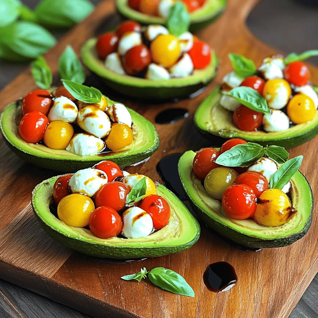 - 2 ripe avocados - 1 cup cherry tomatoes, halved - 1 cup fresh mozzarella balls, halved - 1/4 cup fresh basil leaves, chopped - 2 tablespoons balsamic glaze - 1 tablespoon extra virgin olive oil - Salt and pepper to taste To make Caprese stuffed avocado, start with fresh, ripe avocados. They should be soft but not mushy. The cherry tomatoes add a juicy burst, while fresh mozzarella brings creaminess. Basil gives a lovely herbal note, making each bite special. You can drizzle balsamic glaze for a sweet touch and extra virgin olive oil for richness. Salt and pepper bring the flavors together. When you gather these ingredients, you create a colorful and tasty dish that looks as good as it tastes. This recipe is quick and easy, perfect for a snack or light meal. You can find the full recipe above. Make sure to use fresh ingredients for the best results. - Cut the avocados in half and remove the pit. - Scoop out some flesh to create space for stuffing. First, you want to choose ripe avocados. Ripe avocados feel slightly soft when you press them. After slicing them in half, use a spoon to carefully remove the pit. Make sure to keep the skin intact. Next, scoop out a little flesh to make room for your delicious filling. Don’t throw away the flesh; you can mix it into your salad or use it for guacamole. - Combine cherry tomatoes, mozzarella balls, and basil in a bowl. - Drizzle with olive oil and balsamic glaze, then season with salt and pepper. Now, take a mixing bowl and add your halved cherry tomatoes and mozzarella balls. I love using fresh mozzarella because it brings a creamy texture. Add in chopped basil leaves for a burst of flavor. Then, drizzle the olive oil and balsamic glaze over the mix. This adds a sweet tanginess to the dish. Sprinkle in some salt and pepper to taste. Gently toss everything together until it’s well mixed. - Fill each avocado half with the tomato mixture. - Drizzle any remaining glaze on top. Time to stuff those avocados! Spoon the tomato mixture into each avocado half. Press it down lightly to ensure it fits well. This part is fun and makes your dish look colorful. Finally, take any leftover balsamic glaze and drizzle it on top. This extra touch enhances the flavor. Serve your Caprese stuffed avocados right away for the best taste. You can find the full recipe [here](#). To make your Caprese stuffed avocado shine, serve it on a rustic wooden board. This adds charm and warmth to your dish. Garnish the avocados with extra fresh basil leaves. A drizzle of balsamic glaze on top creates an eye-catching finish. It makes your meal look just as good as it tastes. Want to take your dish to the next level? Try using flavored balsamic vinegar. It adds a unique twist that will surprise your taste buds. You can also experiment with other herbs like oregano or thyme. They can bring new layers of flavor to your Caprese stuffed avocado. Don't be afraid to mix things up and find your favorite combination! {{image_2}} You can easily change up the flavors here. For a twist, try using roasted red peppers instead of cherry tomatoes. Roasted red peppers offer a sweet and smoky taste. They pair well with the creamy avocado and fresh cheese. Another fun swap is using feta cheese in place of mozzarella. Feta brings a tangy and salty kick that enhances the dish's overall flavor. If you're looking to make a vegan version, simply skip the cheese. You can also use plant-based cheese for a similar taste. This keeps the dish light yet still tasty. For those who want more protein, grilled chicken is a great option. It makes the avocado even more filling and hearty. With these swaps, you can enjoy Caprese stuffed avocado in many different ways! You can store your stuffed avocados in an airtight container in the fridge. This keeps them fresh and tasty. The best time to eat them is within 1-2 days. After that, they may lose their flavor and texture. Keep an eye on them, and enjoy them quickly! Freezing avocados is not a good idea. When you freeze them, their texture changes. They become mushy and less enjoyable. If you want to keep your stuffed avocados fresh, stick to the fridge. Enjoy the flavors of this dish while they are at their best! For the full recipe, check out the Caprese Stuffed Avocado. Caprese Stuffed Avocado is a fresh dish that combines avocado with classic Caprese flavors. You start with ripe avocados, which are creamy and rich. Then, you fill them with juicy cherry tomatoes, soft mozzarella balls, and fragrant basil. A drizzle of balsamic glaze adds a sweet touch. It’s a simple yet delicious way to enjoy a healthy meal. This dish is quick to make! You need about 10 minutes to prep and 10 minutes to finish. So, in just 20 minutes, you can have a tasty meal ready. This makes it perfect for a quick lunch or a light dinner. Yes, you can prep some parts ahead of time. You can chop the tomatoes and basil or mix them with the mozzarella a few hours before. Just keep them in the fridge. Cut the avocados close to serving time to keep them fresh and green. This way, you save time during busy days. Caprese Stuffed Avocado pairs well with many sides. A simple green salad is a great choice. You can also serve it with crusty bread or grilled chicken for a heartier meal. For a fun twist, try it with a refreshing fruit salad. This adds a nice contrast to the savory flavors. Caprese stuffed avocados combine fresh flavors and simple preparation. The creamy avocado pairs well with cherry tomatoes, mozzarella, and basil. You learned how to prepare this colorful dish and keep it fresh. Feel free to experiment with swaps and variations. Enjoy the ease and taste this recipe brings to your meals. This nutritious dish is a delight for any table. Try it for lunch or dinner and impress your guests. Your taste buds will thank you for this easy win!