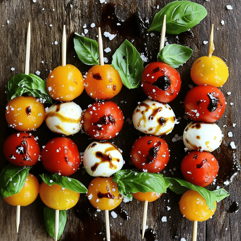 - Fresh mozzarella balls - Cherry tomatoes - Fresh basil leaves The main stars of this dish are fresh mozzarella, cherry tomatoes, and basil. Fresh mozzarella balls, also called bocconcini, provide a soft, creamy texture. Cherry tomatoes add a burst of sweetness. Fresh basil leaves bring a fragrant aroma and a hint of peppery flavor. Together, these ingredients create a bright and tasty treat. - Balsamic glaze - Extra virgin olive oil - Salt and pepper Next, we enhance our skewers with a few extras. Balsamic glaze adds a rich, tangy sweetness. Extra virgin olive oil gives a smooth finish and extra flavor. A sprinkle of salt and pepper rounds out the taste, making every bite delightful. - Types of skewers to use - Recommended sizes When it comes to skewers, you have options. Wood or bamboo skewers work well. You can also use metal skewers for a more eco-friendly choice. I recommend a length of 4-6 inches. This size is perfect for holding a few ingredients without being too long to handle. For the full recipe, refer to the section above. Start by washing the cherry tomatoes and fresh basil leaves under cold water. This removes dirt and makes them clean. Next, pat them dry with a paper towel. This step is key for keeping things fresh. If your mozzarella balls are packed in water, drain them. After draining, pat them dry as well. This helps avoid sogginess in your skewers. Now, it’s time to assemble the skewers. Take a skewer and thread one cherry tomato onto it. Next, add a basil leaf on top of the tomato. Following that, add a mozzarella ball. Continue this layering by adding another basil leaf and finish with another cherry tomato. Repeat this process for the remaining skewers. You can place 2-3 of each ingredient on each skewer. This creates a colorful and tasty treat. After assembling, it’s time for the final touches. Drizzle the skewers lightly with extra virgin olive oil and balsamic glaze. This adds a rich flavor. Finally, season them with a pinch of salt and pepper. This step enhances the taste of the fresh ingredients. Serve them right away or refrigerate for up to an hour before serving. This allows the flavors to blend nicely. For the Full Recipe, check the earlier section. To make the best Caprese Salad Skewers, you need ripe tomatoes. Look for tomatoes that feel firm yet slightly soft when you press them. Their color should be bright and vibrant. Ripe tomatoes give your skewers a sweet and juicy taste that really shines. Next, you should select high-quality mozzarella. Fresh mozzarella balls, or bocconcini, are ideal. They should feel soft and moist. When you bite into them, they should have a creamy texture. Good mozzarella makes a big difference in flavor. For the best accompaniments, serve your skewers with crusty bread or a light salad. A simple arugula salad pairs nicely. It adds a peppery kick that balances the flavors. You can also serve them with olives or marinated artichokes for extra flavor. When it comes to presentation, arrange the skewers on a nice platter. You can add a drizzle of balsamic glaze over the top. Place a few fresh basil leaves around the skewers for color. This makes your dish look as good as it tastes. Serve your skewers right after you make them for the best taste. The flavors meld beautifully when they are fresh. If you need to prepare them ahead of time, you can store them in the fridge for up to an hour. This lets the flavors combine without losing freshness. Just remember to take them out about 10 minutes before serving to let them come to room temperature. For the full recipe, check the section above. {{image_2}} You can swap fresh mozzarella for other cheeses. Try using burrata for a creamier texture. Feta adds a salty kick, too. If you're feeling adventurous, goat cheese brings a tangy twist. You can also play with herbs and veggies. Add arugula for a peppery taste. You could use mint for a refreshing hint. Cherry tomatoes can be replaced with roasted red peppers for a smoky flavor. Dipping sauces can take your skewers to the next level. A simple pesto pairs well with the fresh flavors. Try a sun-dried tomato dip for a rich taste. You can enhance flavor profiles by adding herbs to your dips. Blend fresh basil into yogurt for a creamy sauce. A dash of lemon juice can brighten up any dip. In summer, use fresh peaches or nectarines. Their sweetness contrasts nicely with the savory cheese. You can also add cucumber slices for a cool crunch. For winter holidays, consider using roasted cherry tomatoes. They add warmth and depth. You might also try cranberries for a festive pop of color and flavor. To store your prepared skewers, place them in the fridge. Use a covered container to keep them fresh. This helps seal in the flavors and keep the skewers crisp. If you need to, you can also wrap the skewers in plastic wrap. Make sure they stay cool until you're ready to serve. For long-term storage, you can freeze the ingredients. However, I recommend freezing only the mozzarella and tomatoes. The basil does not freeze well. To freeze, place mozzarella balls and tomatoes in a freezer bag. When you’re ready to use them, thaw them in the fridge. After thawing, reassemble the skewers with fresh basil. This keeps everything tasting great. To ensure flavor retention, always season just before serving. This keeps the flavors bright and fresh. Avoid sogginess by not drizzling the balsamic glaze until you're ready to eat. If you follow these tips, your Caprese salad skewers will stay delicious and vibrant! Caprese Salad Skewers are already gluten-free. The main ingredients are cherry tomatoes, mozzarella, and basil. Just ensure any sauces, like balsamic glaze, do not contain gluten. You can check the label for safety. Yes, you can prepare the skewers in advance. However, they taste best when fresh. You can make them up to an hour before serving. Just keep them covered in the fridge. This keeps them cool and fresh. For a party, arrange the skewers on a large platter. You can drizzle extra balsamic glaze over them for a nice touch. Add fresh basil leaves around the skewers for color. This makes the dish eye-catching and tasty. Caprese Salad Skewers can sit out for about two hours. After that, they should be refrigerated. If it’s very warm, keep them out for less time. This helps prevent spoilage and keeps your guests safe. Yes, mozzarella pearls work great! They are smaller and easy to handle. Just thread them onto the skewers like the balls. They add a fun twist to the dish. You can find them in most grocery stores. For more details, check the Full Recipe for Caprese Salad Skewers! Caprese salad skewers are simple yet tasty. We explored key ingredients like fresh mozzarella, tomatoes, and basil. You learned the steps for easy assembly and ways to improve flavors. We also discussed variations, serving tips, and storage advice. These skewers are fun to make and share. Enjoy experimenting with new ideas for your next gathering!