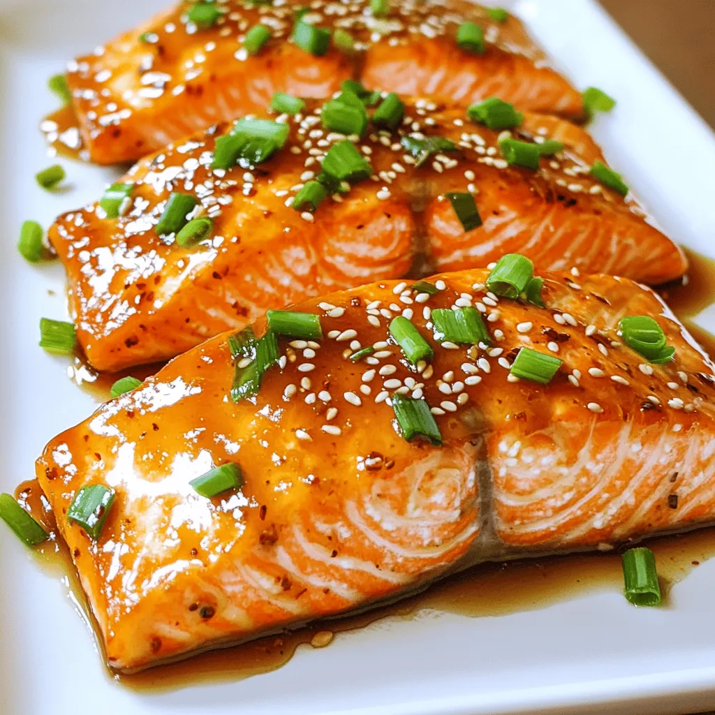 To make this dish, you need a few key items: - 4 salmon fillets - 3 tablespoons honey - 2 tablespoons soy sauce (or tamari for gluten-free) - 3 cloves garlic, minced - 1 tablespoon fresh ginger, grated - 1 tablespoon olive oil - 1 teaspoon sesame oil - Salt and pepper to taste - 1 tablespoon sesame seeds (for garnish) - 2 green onions, sliced (for garnish) These ingredients create the sweet and savory glaze that makes the salmon shine. The honey adds sweetness, while the soy sauce gives depth. You can add some optional items for more taste: - Red pepper flakes for heat - Fresh herbs like cilantro or parsley - Lemon juice for brightness These can enhance the dish and make it your own. A hint of spice or a splash of citrus can elevate the flavors. You can switch some ingredients if needed: - Use maple syrup instead of honey for a vegan option. - Coconut aminos can replace soy sauce for a soy-free choice. - Garlic powder can work if you don’t have fresh garlic. These swaps keep the dish tasty while catering to your needs. You can find the full recipe [here](#). To start, gather your ingredients. You need honey, soy sauce, garlic, and ginger. In a small bowl, whisk together these items. Mix until they blend well. This marinade gives the salmon its sweet and savory taste. Next, take the salmon fillets. Place them in a resealable bag or a shallow dish. Pour the marinade over the salmon. Make sure each piece is coated well. Seal the bag or cover the dish. Let it sit in the fridge for at least 30 minutes. If you have more time, marinate for up to 2 hours. This helps the flavors soak in better. Now, preheat your oven to 400°F (200°C). Line a baking sheet with parchment paper or grease it lightly. Remove the salmon from the marinade and put it skin-side down on the baking sheet. Drizzle with olive oil and sesame oil. Sprinkle some salt and pepper on top. You will bake the salmon for 12-15 minutes. It’s done when it flakes easily with a fork. While it bakes, take the leftover marinade and pour it into a small saucepan. Bring it to a boil over medium heat. Let it simmer for about 5 minutes to thicken. Once the salmon is out of the oven, brush it with the thickened marinade. You can garnish it with sesame seeds and sliced green onions for extra flair. For the full recipe, check out the detailed instructions. Enjoy your delicious honey garlic glazed salmon! To get the best salmon, timing is key. Bake the salmon for 12-15 minutes at 400°F (200°C). The fish should flake easily with a fork when it's done. If you want it juicier, take it out right at 12 minutes. For a firmer texture, go closer to 15 minutes. Keep an eye on it. Every oven is a bit different. For crispy skin, start with dry salmon. Pat it with paper towels before cooking. Use a hot oven, around 400°F (200°C). Drizzle some olive oil on the skin side. This helps it crisp up nicely. When you bake, don’t cover the salmon. Let the heat do its magic. If you want extra crispiness, broil it for the last minute. Serve your honey garlic glazed salmon with fresh sides. Steamed rice or quinoa pairs well. You can add some sautéed veggies for color and crunch. Try broccoli, snap peas, or carrots. For a fresh twist, top with a squeeze of lemon. It brightens the dish and adds a nice zing. Check out the full recipe for more ideas on how to enjoy this dish! {{image_2}} You can add vegetables to your honey garlic salmon for a complete meal. Choose veggies like broccoli, bell peppers, or zucchini. Just chop them into bite-sized pieces. Toss the veggies in a little olive oil and salt. Place them on the baking sheet with your salmon. Bake everything together for about 12-15 minutes. This way, your meal has color, taste, and nutrition. For a fun twist, try salmon bowls. Cook rice or quinoa as your base. Once the salmon is done, flake it into pieces. Place the salmon on top of the rice. Add colorful toppings like sliced cucumbers, shredded carrots, and avocado. Drizzle with extra honey garlic sauce for more flavor. This dish is filling and looks great on a plate. Grilling gives salmon a smoky flavor. Preheat your grill to medium heat. Use the same marinade from the recipe. After marinating, place the salmon on the grill, skin-side down. Grill for about 6-8 minutes per side. Keep an eye on it to avoid overcooking. Brush with the reserved marinade while grilling for extra taste. This method adds crispiness and a nice char to the fish. These variations keep things fresh and exciting. You can change the flavors and styles based on your mood and what you have at home. Try them out for a delightful dining experience! For the full recipe, refer to the Honey Garlic Glazed Salmon section. If you have leftover salmon, cool it to room temperature. Wrap the salmon tightly in plastic wrap or place it in an airtight container. Store it in the fridge. It will last for up to three days. Make sure to label it with the date. This helps you remember when you cooked it. To reheat your salmon, preheat your oven to 350°F (175°C). Place the salmon on a baking sheet. Cover it loosely with foil to keep it moist. Heat for about 10 to 15 minutes. You can also use a microwave. Place the salmon on a microwave-safe plate. Heat for about 30 seconds to one minute. Check it often to avoid overcooking. If you want to freeze the salmon, wrap it well in plastic wrap. Use a freezer bag to keep out the air. It can last for up to three months in the freezer. When you're ready to use it, thaw it in the fridge overnight. This helps maintain the best texture. After thawing, reheat it as mentioned above. You can enjoy your honey garlic salmon later without losing flavor. You can find the full recipe for honey garlic glazed salmon above. You can serve honey garlic glazed salmon with many sides. Some great choices are: - Steamed broccoli - Rice or quinoa - Mashed potatoes - Mixed green salad - Roasted vegetables These sides add color and flavor. They also balance the sweet and savory taste of the salmon. To check if your salmon is cooked, look for a few signs. The flesh should be opaque and flake easily with a fork. You can also use a meat thermometer. The center should reach 145°F (63°C). If it’s not done, return it to the oven for a few more minutes. Yes, you can use frozen salmon. Just make sure to thaw it first. Place the salmon in the fridge overnight or run it under cold water. Once thawed, you can follow the same steps in the full recipe. This will keep your dish tasty and fresh. This guide covered essential ingredients, step-by-step instructions, and tips for honey garlic glazed salmon. I shared variations to keep meals fun and offered storage tips to save food. Remember, cooking should be easy and enjoyable. With the right ingredients and techniques, you can create delicious meals. Try this recipe, explore variations, and enjoy every bite. Happy cooking!