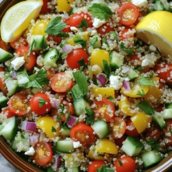 For a tasty herbed quinoa salad, you need simple and fresh ingredients. Here’s what you will need: - 1 cup quinoa, rinsed and drained - 2 cups vegetable broth or water - 1 cup cherry tomatoes, halved - 1 cucumber, diced - 1 small red onion, finely chopped - 1 bell pepper (any color), diced - 1 cup fresh parsley, chopped - 1/2 cup fresh mint leaves, chopped - 1 lemon, juiced - 3 tablespoons olive oil - Salt and pepper to taste - Feta cheese, crumbled (optional) These ingredients work well together. The quinoa gives you a great base, while the veggies add crunch and color. You can change your salad with optional ingredients. Here are a few ideas to make it your own: - Avocado for creaminess - Chickpeas for extra protein - Corn for sweetness - Spinach for more greens Feel free to mix and match. This salad is very flexible! Every ingredient brings its own health benefits. Here’s a quick look at what they offer: - Quinoa: A great source of protein and fiber. - Cherry tomatoes: Packed with vitamins and antioxidants. - Cucumber: Hydrating and low in calories. - Red onion: Full of vitamins and good for heart health. - Bell pepper: High in Vitamin C and adds sweetness. - Parsley: Good for digestion and full of vitamins. - Mint: Aids digestion and adds a refreshing taste. - Lemon: Provides vitamin C and enhances flavor. - Olive oil: Healthy fats that are good for your heart. - Feta cheese (optional): Adds calcium and flavor. This herbed quinoa salad is not just tasty, but also good for you! For the full recipe, check out the section above. To start, measure one cup of quinoa. Rinse it well under cold water. This step removes any bitter taste. Next, put the rinsed quinoa in a medium saucepan. Add two cups of vegetable broth or water. Turn the heat to medium-high and bring it to a boil. Once it boils, reduce the heat to low. Cover the pan and let it simmer for about 15 minutes. You want the quinoa to absorb all the liquid. After 15 minutes, remove the pan from heat. Let it sit, still covered, for five more minutes. This step helps the quinoa become fluffy. Then, use a fork to fluff it up and let it cool to room temperature. In a large mixing bowl, combine the cooled quinoa with fresh veggies. Start by adding one cup of halved cherry tomatoes. Then, add one diced cucumber, one finely chopped red onion, and one diced bell pepper. The colors and textures will make the salad pop. Next, chop one cup of fresh parsley and half a cup of fresh mint leaves. Add these herbs to the bowl. They bring a bright taste to the salad. Gently mix everything together until well combined. For the dressing, grab a small bowl. Whisk together the juice of one lemon and three tablespoons of olive oil. Season with salt and pepper to taste. Mix it well until everything is blended. Now, pour the dressing over the quinoa salad. Gently toss the salad until all ingredients are coated. If you like, sprinkle crumbled feta cheese on top. This adds a creamy touch. For the full recipe, check the details above. Enjoy your fresh and flavorful herbed quinoa salad! To fluff quinoa, let it rest after cooking. After you remove it from heat, keep the lid on for 5 minutes. This step helps the grains to settle. Then, use a fork to gently stir. This method separates the grains. Fluffy quinoa makes your salad light and easy to eat. To keep herbs fresh, store them properly. Rinse the herbs gently in cool water. Then, dry them using a paper towel. For parsley and mint, place them in a jar with water, like flowers. Cover the tops with a plastic bag and keep them in the fridge. This trick keeps them fresh longer. You can also freeze herbs in ice cube trays with a bit of water. This way, they are ready for your next meal! Serve your herbed quinoa salad in a big bowl for sharing. You can also divide it into smaller plates for guests. Garnish with extra herbs and a lemon wedge. This adds color and gives a fresh touch. For a heartier meal, pair it with grilled chicken or chickpeas. Enjoy this salad cold or at room temperature. It’s perfect for picnics or lunch! For the full recipe, check the instructions above. {{image_2}} You can add protein to your Herbed Quinoa Salad. Chickpeas are a great choice. They add fiber and make the salad heartier. Just rinse and drain a can of chickpeas. Toss them in with your other ingredients. If you prefer meat, grilled chicken works well too. Cook the chicken first, then chop it into pieces. Add it to the salad for a tasty boost. This makes the dish even more filling. While parsley and mint are classic, you can mix it up. Basil adds a sweet flavor. Dill gives a fresh taste. You might also enjoy cilantro for a zesty change. Use what you love or what you have. Each herb will change the salad’s taste. Experiment and find your favorite mix. You can also change the veggies based on the season. In summer, add fresh corn or zucchini. In fall, try roasted sweet potatoes or butternut squash. These seasonal vegetables add color and flavor. They also make your salad more fun and unique. Get creative and use what you find fresh at the market. For the full recipe, check out the Herbed Quinoa Salad section above. To keep your herbed quinoa salad fresh, store it in the fridge. Place the salad in a sealed container. Make sure it cools to room temperature before sealing. This helps to prevent extra moisture buildup. The salad tastes best when enjoyed within three days. Use airtight glass containers for best results. They keep flavors locked in and prevent odors. Plastic containers work too, but glass is more eco-friendly. If you plan to store it for a while, choose a container that fits the amount of salad you have. You usually don’t need to reheat quinoa salad. It tastes great cold. If you prefer it warm, heat it gently on the stovetop. Add a splash of olive oil or broth to help it heat evenly. Stir often to avoid burning. Enjoy your herbed quinoa salad fresh or warm! Yes, you can make this salad ahead of time. I often prepare it a day before serving. This way, the flavors blend better. Just store it in the fridge in an airtight container. When you’re ready to serve, give it a quick toss. Add more dressing if needed. If you need a substitute for quinoa, try brown rice or couscous. Both options work well. Brown rice takes longer to cook, but it adds a nice texture. Couscous cooks quickly and absorbs flavors well. You can also use farro or bulgur for a different taste. Herbed Quinoa Salad stays fresh for about 3 to 5 days in the fridge. Make sure to keep it in a sealed container. If you notice any changes in smell or color, it's best to discard it. For longer freshness, you can keep the dressing separate until serving. This blog post covered the key components for a tasty herbed quinoa salad. We discussed essential and optional ingredients, along with their nutritional benefits. You learned how to cook quinoa perfectly, mix ingredients, and prepare a flavorful dressing. We shared tips for fluffing quinoa and preserving herbs. Various protein options and seasonal veggies can add excitement to your dish. Finally, storage and reheating tips ensure freshness. Enjoy your herbed quinoa salad, knowing it is healthy and simple to make!