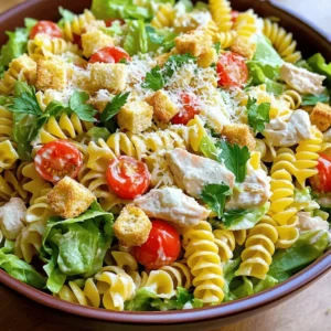 This Chicken Caesar Pasta Salad is simple and quick to make. It combines fresh flavors with tasty textures. You can enjoy it as a main dish or a side. The whole process takes about 30 minutes from start to finish. - 2 cups rotini pasta - 1 cup cooked chicken breast, diced - 1 cup romaine lettuce, chopped - ½ cup cherry tomatoes, halved - ½ cup Parmesan cheese, grated - ½ cup Caesar dressing (store-bought or homemade) - ¼ cup croutons - 1 tablespoon olive oil - Salt and pepper to taste - Fresh parsley, chopped, for garnish These ingredients create a great balance of taste and nutrition. The rotini pasta holds the dressing well, making each bite flavorful. The chicken adds protein, while the lettuce and tomatoes bring freshness. You can customize your salad by adding some extra ingredients. Consider adding: - Cooked bacon for a smoky flavor. - Avocado for creaminess. - Bell peppers for crunch. These options can enhance the dish and make it your own. Each addition can change the taste and feel of the salad, so get creative! The Full Recipe gives a solid base, but feel free to mix it up. First, you need to cook the rotini pasta. Bring a big pot of salted water to a boil. Once it’s bubbling, add the rotini pasta. Cook it according to the package directions until it is al dente. This usually takes about 8 to 10 minutes. After it cooks, drain the pasta in a colander. Rinse it under cold water. This cools it down and stops the cooking. Set the pasta aside while you prepare the other ingredients. In a large mixing bowl, combine the cooked pasta with diced chicken, chopped romaine lettuce, and halved cherry tomatoes. Make sure to toss gently so everything mixes well. You want the chicken and veggies to spread evenly throughout the pasta. This step makes the salad colorful and tasty. Now, let’s make the salad dressing. In a small bowl, whisk together the Caesar dressing and olive oil. This will make the dressing creamy and smooth. Pour the dressing mixture over your pasta and veggies. Toss everything together until the pasta is well-coated. Add in the grated Parmesan cheese, and season with salt and pepper to taste. Finally, fold in the croutons for that nice crunch. Transfer the salad to a serving bowl and garnish with fresh parsley. You can find the full recipe above for more details. Enjoy your delicious Chicken Caesar Pasta Salad! To cook pasta just right, follow these steps. Start with a large pot of salted water. Add the rotini pasta when the water boils. Cook it according to the package directions, usually around 8 to 10 minutes. Test it for doneness by tasting a piece; it should be al dente, meaning firm but not hard. Drain the pasta and rinse it under cold water to stop the cooking. This keeps it from getting mushy and keeps your salad fresh. Seasoning is key to a tasty Chicken Caesar Pasta Salad. Once you mix the pasta with chicken and veggies, add salt and pepper to taste. Remember, the Caesar dressing has flavor, so go easy on the salt. You can also add a squeeze of lemon juice for a bright touch. For extra flavor, mix in a pinch of garlic powder or Italian herbs. This will deepen the taste and add great layers to your dish. For a beautiful presentation, serve your salad in a large, shallow bowl. This allows everyone to see the colorful ingredients. Top the salad with extra grated Parmesan and croutons for a crunchy touch. Scatter some halved cherry tomatoes on top for a pop of color. Lastly, sprinkle fresh parsley over the dish to add a fresh look. You want it to look as good as it tastes! {{image_2}} You can switch up the protein in your Chicken Caesar Pasta Salad. Try using grilled shrimp or sliced steak for a new twist. If you like, add diced turkey or even some crispy bacon bits. Each choice brings a unique flavor. You can use leftover meat, too. It makes this salad quick and easy. If you want a vegan or vegetarian version, it’s simple! Skip the chicken and add chickpeas or black beans instead. Use a plant-based Caesar dressing or a tahini dressing for creaminess. You can also toss in some avocado for a rich taste. Adding roasted veggies like bell peppers or zucchini can also boost flavor and nutrients. While classic Caesar dressing is great, feel free to get creative! You can use ranch dressing or a zesty vinaigrette instead. A lemon or yogurt-based dressing adds a fresh twist. For a spicy kick, consider adding sriracha to any dressing. Mix and match until you find your favorite! You can find the full recipe for Chicken Caesar Pasta Salad above to get started today! You can store Chicken Caesar Pasta Salad in the fridge. Use an airtight container for best results. The salad will stay fresh for up to three days. Keep the croutons separate to maintain their crunch. If you mix them in, they may get soggy. Freezing this pasta salad is not recommended. The lettuce and dressing do not freeze well. However, you can freeze the cooked chicken and pasta. Thaw them later for a quick meal. Just remember to make a fresh salad when you are ready to eat. To revive leftovers, start by removing any croutons. If the salad seems dry, add a bit more dressing. Toss everything gently to mix. You can serve it cold or let it sit at room temperature for a bit. Avoid heating it in the microwave, as it may ruin the texture. Enjoy your easy and tasty meal! The best pasta for Chicken Caesar Pasta Salad is rotini. Its spiral shape holds the dressing well. You can also use fusilli or penne if you prefer. These shapes make each bite full of flavor. Choose a pasta that cooks quickly and stays firm. Avoid pasta that gets mushy too fast. Yes, you can make this salad ahead of time! It tastes even better after the flavors mix. Prepare the pasta and dressing a day before. Keep the lettuce and croutons separate until serving. This keeps the salad fresh and crunchy. Store it in the fridge in an airtight container. Making homemade Caesar dressing is easy. Start with these simple steps: 1. In a bowl, mix together: - 1 clove garlic, minced - 2 anchovy fillets, mashed (optional) - 1 tablespoon Dijon mustard - 2 tablespoons red wine vinegar - ½ cup mayonnaise - ¼ cup grated Parmesan cheese - Salt and pepper to taste 2. Whisk until smooth. 3. For a thinner dressing, add a little water or lemon juice. 4. Taste and adjust seasoning if needed. This dressing adds a rich flavor to your Chicken Caesar Pasta Salad. For more details, check the Full Recipe. This blog post guides you through making Chicken Caesar Pasta Salad. We covered the key ingredients, recipe steps, and helpful tips. You learned about tasty variations and storage ideas too. When you follow these steps, your salad will impress everyone. Experiment with flavors and enjoy the process. With these skills, you’ll create a dish that’s both easy and delicious. Keep this recipe handy for a quick meal or a gathering. Trust me, this salad will be a hit!