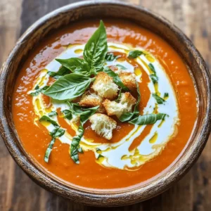 For a great creamy tomato basil soup, you need key ingredients. Each one adds flavor and texture. Here’s what you’ll need: - 2 tablespoons olive oil - 1 medium onion, chopped - 3 cloves garlic, minced - 1 carrot, diced - 2 cans (14 oz each) fire-roasted diced tomatoes - 4 cups vegetable broth - 1 tablespoon sugar (optional, to balance acidity) - 1 teaspoon dried basil - 1 cup heavy cream (or coconut cream for a vegan option) - 1/4 cup fresh basil leaves, chopped - Salt and pepper to taste - Croutons and fresh basil leaves for garnish These ingredients work together to create a rich and comforting soup. The fire-roasted tomatoes add a smoky depth that brightens the dish. You can customize your soup with extra ingredients. Consider these add-ins for a twist: - A pinch of red pepper flakes for heat - A splash of balsamic vinegar for tang - Cooked pasta for heartiness - Spinach or kale for added nutrition These additions can make your soup uniquely yours. They can enhance the flavor and even add some fun textures. Don’t worry if you lack some items. You can swap them for other ingredients easily. Here are some ideas: - Use canola oil or butter instead of olive oil. - If you don’t have onion, try shallots or leeks. - For vegetable broth, use chicken broth for a different taste. - Heavy cream can be replaced with milk or a non-dairy milk for a lighter option. These substitutes can help you make this soup without any stress. You can still enjoy a tasty bowl of creamy tomato basil soup! If you want the complete recipe, check out the Full Recipe. Start by gathering all your ingredients. Use fresh produce to boost flavor. Heat the olive oil in a large pot over medium heat. Add the chopped onion and sauté for about 5 minutes. The onion should become soft and clear. Next, stir in the minced garlic and diced carrot. Cook these for another 3 minutes to bring out their taste. Now, add the fire-roasted diced tomatoes and vegetable broth. If you like, toss in the sugar to balance the acidity. Sprinkle in the dried basil and bring the mix to a boil. Once boiling, lower the heat and let it simmer for 20 minutes. This allows the flavors to blend well. After simmering, take the pot off the heat. Now, it’s time to blend the soup. You can use an immersion blender right in the pot. If you don’t have one, pour the soup into a regular blender in batches. Blend until the soup is smooth and creamy. This step makes the soup feel rich and comforting. Put the pot back on low heat. Stir in the heavy cream and let it warm for about 5 minutes. Do not let it boil again. This keeps the cream rich and silky. Next, fold in the fresh basil leaves. Taste the soup and add salt and pepper as needed. When ready, ladle the soup into bowls. Top each bowl with croutons and more fresh basil leaves. This adds a nice crunch and fresh flavor. For the full recipe, check the link above. Enjoy your creamy tomato basil soup! To make your creamy tomato basil soup really sing, start by using fire-roasted tomatoes. They add a deep, rich flavor. Sauté the onion and garlic well. This step brings out their natural sweetness. Don't rush this; let them soften and caramelize a bit. Adding a touch of sugar can help balance the acidity from the tomatoes. Fresh basil is key, too. Add it at the end for a bright, fresh taste. If you want a hint of spice, consider a pinch of red pepper flakes. Let your soup cool down before storing it. This prevents extra steam and keeps it fresh. Store it in an airtight container in the fridge. It will last about three to four days. When reheating, do so gently over low heat. Stir often to avoid burning. If the soup seems too thick, add a splash of vegetable broth or cream to bring it back. Serve your creamy tomato basil soup with crusty bread or grilled cheese sandwiches. This combo makes for a comforting meal. You can also top the soup with croutons for a crunchy texture. A sprinkle of extra basil adds a nice touch. For a gourmet twist, drizzle some balsamic glaze over the top. Each bite will be flavorful and satisfying. For the full recipe, check out the link provided. {{image_2}} To make a vegan and gluten-free version of creamy tomato basil soup, swap the heavy cream for coconut cream. This keeps the soup rich and creamy while being plant-based. Use vegetable broth to ensure it is gluten-free. Check your canned tomatoes to confirm they are gluten-free, as some brands may add gluten-containing ingredients. You can also add blended cashews for extra creaminess. Just soak them in water for a few hours, then blend them into the soup. If you like a kick, add some heat! You can mix in red pepper flakes or a diced jalapeño when cooking the onion and carrot. This brings a nice warmth to the soup. Another option is to stir in a bit of sriracha or hot sauce just before serving. Adjust the heat level to your taste. This spicy twist makes the soup exciting and vibrant. Kids may prefer a milder flavor. To make it kid-friendly, cut back on the garlic and basil. You can also blend the soup until it is super smooth. This helps with any texture issues. If you want to add sweetness, a little sugar can balance the acidity of the tomatoes. Serve it with fun-shaped croutons to make it more appealing. This way, even the pickiest eaters may enjoy it! For the complete recipe, check out the [Full Recipe]. After enjoying your creamy tomato basil soup, you may have some left. To keep it fresh, let the soup cool at room temperature first. Then, transfer it to an airtight container. Be sure to seal it well. Store it in the fridge for up to four days. If you want it to last longer, freeze it instead. Freezing is a great way to keep your soup tasty. Pour the cooled soup into freezer-safe containers or bags. Leave some space at the top since the soup will expand when frozen. Label each container with the date. You can freeze it for up to three months. When you want to use it, just take it out of the freezer and let it thaw in the fridge overnight. To reheat your soup, pour it into a pot. Warm it on low heat, stirring often. This way, it heats evenly and does not stick to the pot. If the soup seems too thick, add a splash of broth or water. You can also reheat it in the microwave. Use a microwave-safe bowl and heat in short bursts, stirring in between. This keeps the soup creamy and delicious. For the best taste, always serve it warm and fresh. For the full recipe, check the section above. Canned tomatoes are often fire-roasted and seasoned. They add depth to the soup. Fresh tomatoes can taste bright and lively but may need more time to cook. If you use fresh tomatoes, blend them well to avoid lumps. Canned tomatoes save time and give a rich flavor. I recommend using canned for ease and taste. Yes, you can use almond milk as a lighter option. It will change the flavor slightly. Almond milk is not as rich as cream, but it still works well. For a creamier texture, try coconut cream instead. It adds flavor and keeps it rich and thick. Just add it in the same way as cream. To lower calories, reduce or skip the cream. Use vegetable broth instead of cream. You can also cut back on the oil. Add more veggies like zucchini or spinach. They will add volume without many calories. This way, you keep the soup filling and tasty while cutting calories. In this blog post, we covered how to make creamy tomato basil soup. We discussed key ingredients, cooking steps, and tips for the best flavor. You can even explore variations like vegan or spicy options. Remember to store leftovers safely and follow reheating tips for great taste. With these guidelines, you can craft a delicious soup everyone will love. Enjoy experimenting and making this recipe your own!