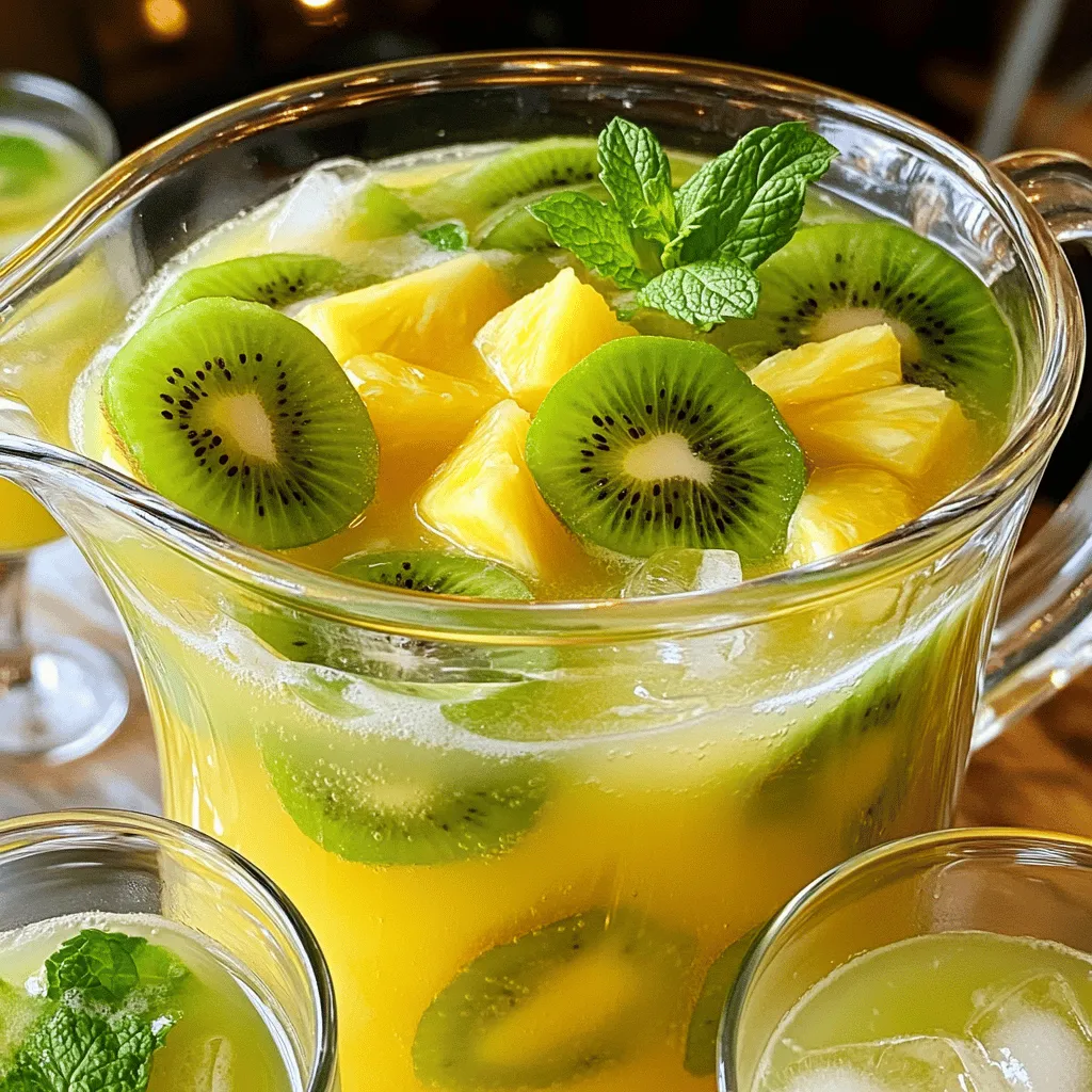 To make a Kiwi Pineapple Punch, gather these items: - 4 ripe kiwis, peeled and sliced - 1 medium pineapple, peeled, cored, and chopped - 2 cups coconut water - 1 cup freshly squeezed lime juice - 2 tablespoons honey or agave syrup (optional, for sweetness) - 1 cup sparkling water (optional, for fizz) - Ice cubes - Fresh mint leaves for garnish When choosing your kiwis, pick ones that feel slightly soft. This means they are ripe and sweet. For the pineapple, look for one that smells sweet at the base. A fresh, juicy pineapple adds great flavor. For coconut water, select a brand that is pure and has no added sugar. Fresh lime juice is key; it gives the punch a bright, zesty kick. If you choose to use honey or agave syrup, make sure it's pure and natural. If you want a sugar-free option, omit the honey or agave syrup. You can also use stevia or another low-calorie sweetener. For those who prefer a non-coconut flavor, swap coconut water with filtered water or cold green tea. If you want more fizz, opt for tonic water instead of sparkling water. This punch is flexible to suit your taste and needs! Start by gathering all your ingredients. You will need 4 ripe kiwis, 1 medium pineapple, 2 cups of coconut water, and 1 cup of freshly squeezed lime juice. If you want it sweeter, grab 2 tablespoons of honey or agave syrup. Don’t forget 1 cup of sparkling water and some ice cubes. Fresh mint leaves will add a nice touch for garnish. Now, let’s blend the fruits. Take your peeled and sliced kiwis and chopped pineapple. Place them in a blender. Blend on high until you achieve a smooth puree. This will form the base of your punch. The bright colors will make your drink pop! In a large pitcher, mix the coconut water and lime juice. If you want a sweet punch, add honey or agave syrup. Stir well until it dissolves. Next, pour in your kiwi-pineapple puree. Gently stir to combine everything. If you like fizz, add the sparkling water just before serving. Pour the punch over ice cubes in glasses. Finally, garnish with fresh mint leaves. Enjoy your refreshing drink! For the full recipe, check the complete list above. To keep your Kiwi Pineapple Punch cool, chill all your ingredients first. Place the coconut water, lime juice, and fruit in the fridge for at least an hour. This step makes the punch refreshing right from the start. If you need to chill it fast, you can add ice cubes directly to the pitcher. Just remember, too much ice can water it down. Taste is key. If you want a sweeter punch, add honey or agave syrup. Start with a little and mix well. Then taste again to see if it meets your preference. You can also add more lime juice for extra zing. Adjusting flavors gives your punch a personal touch. When serving this punch, choose clear glasses to show off the vibrant colors. Add ice cubes to each glass, then pour the punch over. For a fun twist, garnish with fresh mint leaves or even a slice of kiwi. This drink is perfect for summer parties, barbecues, or just a sunny afternoon. You can find the full recipe for more detailed instructions. Enjoy! {{image_2}} You can easily switch this punch from non-alcoholic to alcoholic. For a fun twist, add rum or vodka. Use about 1 to 2 cups of your favorite spirit. This change brings a party vibe to your drink. If you prefer a non-alcoholic version, just skip the booze. The fruity flavors still shine through and keep it refreshing. Feel free to get creative with other fruits! You can add strawberries, mangoes, or oranges. These fruits match well with kiwi and pineapple. Each fruit brings a new taste and color. You can also mix in herbs like basil for a unique flavor. Try adding ginger for a spicy kick! Each addition makes your punch special. Want to serve a crowd? Simply double or triple the recipe! Just remember to keep the same ratio of ingredients. If you're making less, halve the recipe. This way, your punch will always taste great. Use a large pitcher for big batches or smaller jars for personal servings. This punch adapts to your needs, making it perfect for any event. For the full recipe, check out the details above. To keep your Kiwi Pineapple Punch fresh, store it in a clean, airtight container. A glass jar or pitcher works well. Avoid using metal containers, as they can alter the taste. Make sure to fill the container to the top to limit air exposure. This will help the punch stay tasty for longer. The Kiwi Pineapple Punch lasts about 3 to 5 days in the fridge. If you used sparkling water, it may lose its fizz sooner. To keep it fresh, stir it gently before serving. If you notice any changes in color or smell, it’s best to discard it. You can freeze Kiwi Pineapple Punch for later use. Pour the punch into ice cube trays or freezer-safe bags. This way, you can use it as a refreshing ice cube in drinks or as a slushy treat. The punch stays good in the freezer for about 2 to 3 months. Just remember to thaw it in the fridge before enjoying it again. Check the [Full Recipe] for more tips on making this delightful drink. Yes, you can make Kiwi Pineapple Punch ahead of time. It tastes great after chilling. I suggest mixing the base ingredients first. Store it in the fridge for up to three days. Just add the sparkling water right before serving. This keeps the fizz fresh and fun. You can serve Kiwi Pineapple Punch with light snacks. Fresh fruit platters work well. Try chips with salsa or guacamole, too. For a heartier option, serve grilled shrimp or chicken skewers. These pair nicely and enhance the tropical vibe. Guests will love the mix of flavors and textures. To boost refreshment, use frozen fruit instead of ice cubes. This keeps your punch cold without watering it down. You can also add more coconut water for a creamy taste. Fresh herbs like basil or lemon balm add an herbal note. If you want more zing, squeeze in extra lime juice. These tips make the punch even more delightful for hot days. Check out the Full Recipe for all the details! This blog post covered how to make Kiwi Pineapple Punch. You learned about ingredients, from quality choices to substitutions. We walked through the steps, from prepping the fruit to serving the mix. Tips offered ideas on chilling, sweetness, and special occasions. We explored variations for all tastes and storage for leftovers. In closing, this punch is fun and easy to make. Feel free to get creative with flavors. Enjoy this drink at your next gathering!